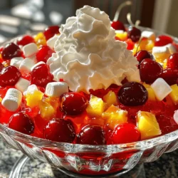 To make this fun dessert, gather these key items: - 1 cup cherry cola (consider caffeine-free) - 1 cup cherry juice - 1 package (3 oz) cherry-flavored gelatin - 1 cup canned cherries, drained and halved - 1/2 cup mini marshmallows - 1/2 cup crushed pineapple, drained - 1 cup whipped cream or whipped topping These ingredients work together to create a sweet, fruity treat that everyone loves. You can mix things up with these optional ingredients: - 1/2 cup chopped pecans (for crunch) - Fresh cherries (if you want to swap canned) - Other fruits, like diced peaches or strawberries These options let you add your twist to the recipe. Feel free to experiment! If you need to swap something out, here are some ideas: - Use diet cherry cola for a lighter drink. - Substitute grape juice for a new flavor. - Try coconut cream instead of whipped cream for a tropical taste. These substitutions can help you make the recipe fit your needs. Don't hesitate to adjust based on what you have! For the complete recipe, check out Full Recipe. Start by measuring one cup of cherry cola and one cup of cherry juice. In a medium saucepan, mix them together. Heat this mix on medium until it is just hot. Do not let it boil. Once hot, take the pan off the heat. Now, sprinkle the cherry-flavored gelatin over the liquid. Stir it until the gelatin fully dissolves. This creates a sweet and fruity base for your salad. After the gelatin base cools down a bit, it’s time to add fun ingredients. Gently stir in one cup of halved canned cherries, half a cup of mini marshmallows, and half a cup of drained crushed pineapple. These add great flavor and texture. Mix well to ensure all ingredients are evenly distributed. This step makes your salad colorful and exciting. Once everything is mixed, pour the colorful mixture into a serving dish or individual bowls. Now, place it in the fridge for at least four hours. This allows the salad to set properly. After it has set, take it out and fold in one cup of whipped cream. This adds creaminess. If you like, sprinkle in half a cup of chopped pecans for a nice crunch. Serve chilled and enjoy your delicious Cherry Cola Jello Salad! For the full recipe, refer to the beginning of this article. To get the best texture in your Cherry Cola Jello Salad, follow a few key steps. First, make sure you dissolve the gelatin fully. If it does not dissolve, it will clump up. Heat the cherry cola and cherry juice until they are warm, but don’t let them boil. This helps the gelatin mix better. Once the mix cools a bit, gently fold in the fruits and marshmallows. This keeps the mix light and fluffy. When it comes to serving, presentation is key! Use clear bowls or a glass dish to show off the colorful layers. You can top each serving with a dollop of whipped cream. Add a few cherries on top for a pop of color. This makes the dish look more inviting and fun. You can also serve it as a side dish at parties. Everyone loves a fun dessert! Cherry Cola Jello Salad pairs well with many meals. It goes great with grilled meats, especially burgers or chicken. The sweet and tangy flavors balance the savory dishes. For a complete meal, serve it with a light salad. A simple green salad with a vinaigrette works best. You can also enjoy it with other desserts like brownies or cookies. They complement the fruity flavors nicely. {{image_2}} To make a tropical twist, add some fun fruits. Use one cup of diced mango or pineapple. You can mix in shredded coconut for extra flavor. These changes give the salad a bright, fresh taste. The sweet and tart flavors blend well with cherry cola. This version is great for summer parties or potlucks. For an adult version, consider adding a splash of rum or vodka. Use about half a cup for a stronger flavor. Mix it in after you heat the cherry cola and juice. This adds a nice kick to the salad. Just remember, this version is only for those 21 and older. You can make a lighter version by using diet cherry cola. This cuts down on sugar and calories. Swap canned cherries for fresh ones for added health benefits. You can also use Greek yogurt instead of whipped cream. This keeps it creamy while adding protein. These swaps make your dessert a bit healthier without losing taste. For the full recipe, check out Cherry Cola Jello Salad. To keep your Cherry Cola Jello Salad fresh, store it in the fridge. Use a tightly sealed container. This helps prevent any unwanted smells from mixing in. The cold temperature also keeps the salad firm and tasty. If you have leftovers, simply cover the dish with plastic wrap or a lid. You can also transfer the salad to an airtight container. Make sure to eat the leftovers within three to four days for the best taste. This salad is best served cold. Reheating can ruin the texture. If you prefer a chilled treat, serve it straight from the fridge. The cold jelly, fruit, and cream mix create a refreshing dessert perfect for any gathering. For the complete recipe, check out the Full Recipe section! Yes, you can make Cherry Cola Jello Salad ahead of time. In fact, this dessert tastes better when it chills overnight. Make it the day before your event. Just store it in the fridge until you are ready to serve. This lets the flavors mix well, and the salad sets perfectly. If you need a substitute for cherry cola, try using cherry soda or cherry-flavored sparkling water. You can also mix regular cola with cherry juice. For a caffeine-free option, choose caffeine-free cherry soda. Each option keeps that fun cherry flavor alive in your salad. Yes, you can use fresh cherries in this recipe! Just wash and pit them before adding. Slice the fresh cherries in half to match the look of canned ones. Fresh cherries will add a nice crunch and vibrant flavor to your Cherry Cola Jello Salad. For the Full Recipe, check out the main article! You learned about making Cherry Cola Jello Salad in this post. We covered key ingredients, step-by-step instructions, and tips for the best results. You can customize this dish with fun variations and know how to store it well. Experimenting with flavors makes cooking fun. Enjoy your Cherry Cola Jello Salad, and share it with friends! Great food brings smiles, and this salad will do just that. Happy cooking!