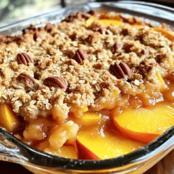 To make a perfect peach crisp, gather these ingredients: - 6 ripe peaches, peeled and sliced - 1 cup rolled oats - 1/2 cup all-purpose flour - 1/2 cup brown sugar - 1/4 cup granulated sugar - 1 teaspoon ground cinnamon - 1/4 teaspoon nutmeg - 1/4 cup unsalted butter, melted - 1/2 teaspoon vanilla extract - 1/4 cup chopped pecans or walnuts (optional) - A pinch of salt This mix creates a crisp that is sweet, warm, and comforting. Each ingredient plays a role. The peaches bring sweetness, while oats add texture. The nuts give a nice crunch if you choose to add them. Fresh peaches are key to a great peach crisp. They should be ripe but firm. Ripe peaches have a sweet flavor and juicy texture. When you bake them, they become soft and flavorful. If you use overripe peaches, they can become mushy and lose their shape. Fresh peaches also have more nutrients, making your dessert healthier. You can change things up with optional ingredients. Adding different nuts can change the flavor and crunch. You might try almonds or even pistachios. Adding spices like ginger or cardamom can give a unique twist. You can also mix in berries or apples for extra fruitiness. Customizing your peach crisp lets you make it your own. For the full recipe, check out the Peachy Paradise Crisp! First, gather all your ingredients. You will need six ripe peaches, rolled oats, flour, brown sugar, granulated sugar, cinnamon, nutmeg, butter, vanilla, nuts, and salt. Peel and slice the peaches. Make sure they are soft and juicy. This step is key to a tasty crisp. In a bowl, mix the peach slices with granulated sugar and half a teaspoon of cinnamon. Toss them gently until the peaches are well coated. Next, spread the peach mixture evenly in your baking dish. This layer gives the crisp its sweet base. Make sure the peaches are evenly distributed. This way, every bite has that juicy flavor. The baking dish should be greased to prevent sticking. I use non-stick spray for easy cleanup. This step helps the crisp cook evenly and come out perfectly. Now, it's time to make the topping. In another bowl, combine rolled oats, flour, brown sugar, cinnamon, nutmeg, and a pinch of salt. Mix these dry ingredients well. Then, pour in the melted butter and vanilla extract. Stir until the mixture becomes crumbly. If you like a crunch, fold in the chopped nuts. This adds great texture. Once your topping is ready, sprinkle it evenly over the peach layer. For the full recipe, refer to the instructions above. Now, you are ready to bake! Select ripe peaches for the best flavor. Look for peaches that are firm yet slightly soft. Their skin should have a nice golden hue. Avoid peaches with bruises or dark spots. If you cannot find ripe ones, you can let them sit at room temperature for a few days. Once ripe, store them in the fridge to keep them fresh. To bake a perfect peach crisp, make sure your oven is fully preheated. This step helps your dish cook evenly. Use a light hand when mixing the topping. Overmixing can make it tough. Look for a crumbly texture that holds together but is not packed too tightly. Bake until the top turns golden brown. This color indicates a delicious crisp. Serve your peach crisp warm for the best taste. A scoop of vanilla ice cream on top creates a delightful contrast. You can also add a dollop of whipped cream for extra creaminess. For a fun twist, drizzle honey or maple syrup over each serving. Try adding fresh mint leaves for an appealing touch. Enjoy your delicious peach dessert with family and friends! For the complete recipe, check out the Full Recipe. {{image_2}} To make a gluten-free peach crisp, swap the all-purpose flour with gluten-free flour. You can use almond flour or a gluten-free blend. Both options work well and keep the taste great. Make sure your oats are certified gluten-free too. This small change opens up the dessert to many more people. Everyone deserves to enjoy this tasty treat! For a vegan version, replace the butter with coconut oil or a vegan butter substitute. You can also use maple syrup instead of granulated sugar for a deeper flavor. This keeps the dessert plant-based while still being sweet and delicious. It's perfect for those who want a lighter option. Your friends will love it, and they won’t even notice it’s vegan! You can add more flavors to your peach crisp. Here are some ideas: - Spices: Try adding ginger or cardamom for a warm touch. - Fruits: Mix in berries, apples, or even a splash of lemon juice for brightness. - Nuts: Use almonds or pecans to add crunch and richness. These simple changes can elevate your dish and impress everyone at your table. Don't hesitate to get creative! For the full recipe, check out the Peachy Paradise Crisp . To store leftover peach crisp, let it cool first. Once cool, cover it tightly with plastic wrap or foil. You can also place it in an airtight container. Store it in the fridge for up to four days. This helps keep the crisp fresh and tasty for later enjoyment. When you want to enjoy your leftover peach crisp, preheat your oven to 350°F (175°C). Place the crisp in a baking dish. Cover it with foil to keep it from drying out. Heat for about 15-20 minutes. If you prefer a quick option, you can use the microwave. Heat it for 30 seconds to 1 minute. Check to make sure it’s warm enough for your taste. Freezing peach crisp is easy and a great way to save some for later. First, let it cool completely. Cut it into portions, then wrap each piece in plastic wrap. Place the wrapped pieces in a freezer bag. Squeeze out as much air as you can. You can freeze peach crisp for up to three months. When you’re ready to eat it, thaw in the fridge overnight, then reheat as mentioned. Enjoy your peach crisp anytime! If you want to know how to make it, check out the Full Recipe. Yes, you can use frozen peaches. Just thaw them first. Drain any extra juice. This helps keep your peach crisp from getting soggy. Frozen peaches are great in a pinch. They can still taste delicious when baked. You will know it’s done when the top is golden brown. The peaches should be bubbling around the edges. Use a fork to check the texture of the topping. It should feel crisp and crumbly. Bake for about 30 to 35 minutes for best results. Peach crisp pairs well with ice cream or whipped cream. Vanilla ice cream adds a nice touch. You can also serve it with yogurt for a healthier option. A sprinkle of cinnamon or nuts on top can enhance the flavors. For an extra treat, drizzle some caramel sauce over the top. This blog post covered how to make a delicious peach crisp. We explored key ingredients, especially the importance of fresh peaches. I shared step-by-step instructions to help you prepare this treat easily. With useful tips, variations, and storage info, you are now set to impress. You can enjoy this dessert any season. Try customizing it to fit your taste. Remember, the joy of cooking comes from sharing with others. So, gather friends and family for a delightful peach crisp experience!