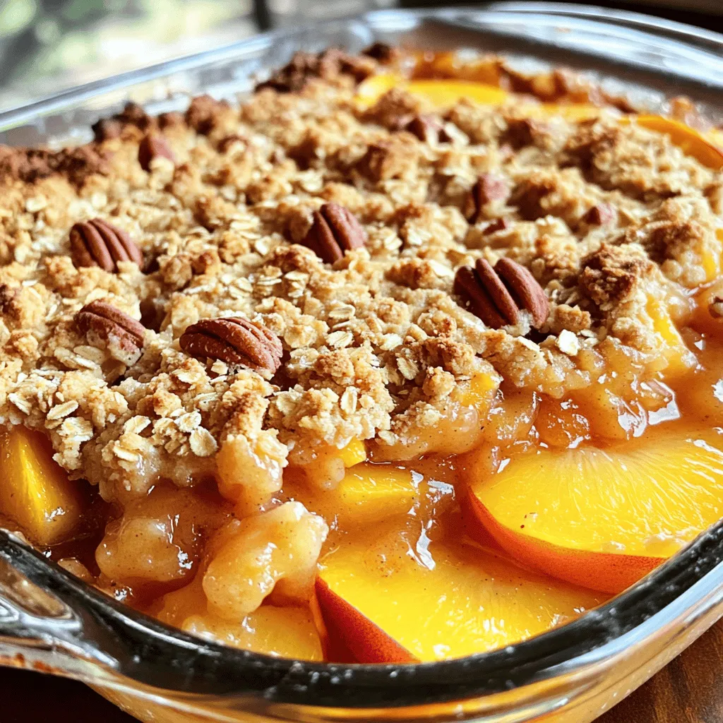 To make a perfect peach crisp, gather these ingredients: - 6 ripe peaches, peeled and sliced - 1 cup rolled oats - 1/2 cup all-purpose flour - 1/2 cup brown sugar - 1/4 cup granulated sugar - 1 teaspoon ground cinnamon - 1/4 teaspoon nutmeg - 1/4 cup unsalted butter, melted - 1/2 teaspoon vanilla extract - 1/4 cup chopped pecans or walnuts (optional) - A pinch of salt This mix creates a crisp that is sweet, warm, and comforting. Each ingredient plays a role. The peaches bring sweetness, while oats add texture. The nuts give a nice crunch if you choose to add them. Fresh peaches are key to a great peach crisp. They should be ripe but firm. Ripe peaches have a sweet flavor and juicy texture. When you bake them, they become soft and flavorful. If you use overripe peaches, they can become mushy and lose their shape. Fresh peaches also have more nutrients, making your dessert healthier. You can change things up with optional ingredients. Adding different nuts can change the flavor and crunch. You might try almonds or even pistachios. Adding spices like ginger or cardamom can give a unique twist. You can also mix in berries or apples for extra fruitiness. Customizing your peach crisp lets you make it your own. For the full recipe, check out the Peachy Paradise Crisp! First, gather all your ingredients. You will need six ripe peaches, rolled oats, flour, brown sugar, granulated sugar, cinnamon, nutmeg, butter, vanilla, nuts, and salt. Peel and slice the peaches. Make sure they are soft and juicy. This step is key to a tasty crisp. In a bowl, mix the peach slices with granulated sugar and half a teaspoon of cinnamon. Toss them gently until the peaches are well coated. Next, spread the peach mixture evenly in your baking dish. This layer gives the crisp its sweet base. Make sure the peaches are evenly distributed. This way, every bite has that juicy flavor. The baking dish should be greased to prevent sticking. I use non-stick spray for easy cleanup. This step helps the crisp cook evenly and come out perfectly. Now, it's time to make the topping. In another bowl, combine rolled oats, flour, brown sugar, cinnamon, nutmeg, and a pinch of salt. Mix these dry ingredients well. Then, pour in the melted butter and vanilla extract. Stir until the mixture becomes crumbly. If you like a crunch, fold in the chopped nuts. This adds great texture. Once your topping is ready, sprinkle it evenly over the peach layer. For the full recipe, refer to the instructions above. Now, you are ready to bake! Select ripe peaches for the best flavor. Look for peaches that are firm yet slightly soft. Their skin should have a nice golden hue. Avoid peaches with bruises or dark spots. If you cannot find ripe ones, you can let them sit at room temperature for a few days. Once ripe, store them in the fridge to keep them fresh. To bake a perfect peach crisp, make sure your oven is fully preheated. This step helps your dish cook evenly. Use a light hand when mixing the topping. Overmixing can make it tough. Look for a crumbly texture that holds together but is not packed too tightly. Bake until the top turns golden brown. This color indicates a delicious crisp. Serve your peach crisp warm for the best taste. A scoop of vanilla ice cream on top creates a delightful contrast. You can also add a dollop of whipped cream for extra creaminess. For a fun twist, drizzle honey or maple syrup over each serving. Try adding fresh mint leaves for an appealing touch. Enjoy your delicious peach dessert with family and friends! For the complete recipe, check out the Full Recipe. {{image_2}} To make a gluten-free peach crisp, swap the all-purpose flour with gluten-free flour. You can use almond flour or a gluten-free blend. Both options work well and keep the taste great. Make sure your oats are certified gluten-free too. This small change opens up the dessert to many more people. Everyone deserves to enjoy this tasty treat! For a vegan version, replace the butter with coconut oil or a vegan butter substitute. You can also use maple syrup instead of granulated sugar for a deeper flavor. This keeps the dessert plant-based while still being sweet and delicious. It's perfect for those who want a lighter option. Your friends will love it, and they won’t even notice it’s vegan! You can add more flavors to your peach crisp. Here are some ideas: - Spices: Try adding ginger or cardamom for a warm touch. - Fruits: Mix in berries, apples, or even a splash of lemon juice for brightness. - Nuts: Use almonds or pecans to add crunch and richness. These simple changes can elevate your dish and impress everyone at your table. Don't hesitate to get creative! For the full recipe, check out the Peachy Paradise Crisp . To store leftover peach crisp, let it cool first. Once cool, cover it tightly with plastic wrap or foil. You can also place it in an airtight container. Store it in the fridge for up to four days. This helps keep the crisp fresh and tasty for later enjoyment. When you want to enjoy your leftover peach crisp, preheat your oven to 350°F (175°C). Place the crisp in a baking dish. Cover it with foil to keep it from drying out. Heat for about 15-20 minutes. If you prefer a quick option, you can use the microwave. Heat it for 30 seconds to 1 minute. Check to make sure it’s warm enough for your taste. Freezing peach crisp is easy and a great way to save some for later. First, let it cool completely. Cut it into portions, then wrap each piece in plastic wrap. Place the wrapped pieces in a freezer bag. Squeeze out as much air as you can. You can freeze peach crisp for up to three months. When you’re ready to eat it, thaw in the fridge overnight, then reheat as mentioned. Enjoy your peach crisp anytime! If you want to know how to make it, check out the Full Recipe. Yes, you can use frozen peaches. Just thaw them first. Drain any extra juice. This helps keep your peach crisp from getting soggy. Frozen peaches are great in a pinch. They can still taste delicious when baked. You will know it’s done when the top is golden brown. The peaches should be bubbling around the edges. Use a fork to check the texture of the topping. It should feel crisp and crumbly. Bake for about 30 to 35 minutes for best results. Peach crisp pairs well with ice cream or whipped cream. Vanilla ice cream adds a nice touch. You can also serve it with yogurt for a healthier option. A sprinkle of cinnamon or nuts on top can enhance the flavors. For an extra treat, drizzle some caramel sauce over the top. This blog post covered how to make a delicious peach crisp. We explored key ingredients, especially the importance of fresh peaches. I shared step-by-step instructions to help you prepare this treat easily. With useful tips, variations, and storage info, you are now set to impress. You can enjoy this dessert any season. Try customizing it to fit your taste. Remember, the joy of cooking comes from sharing with others. So, gather friends and family for a delightful peach crisp experience!