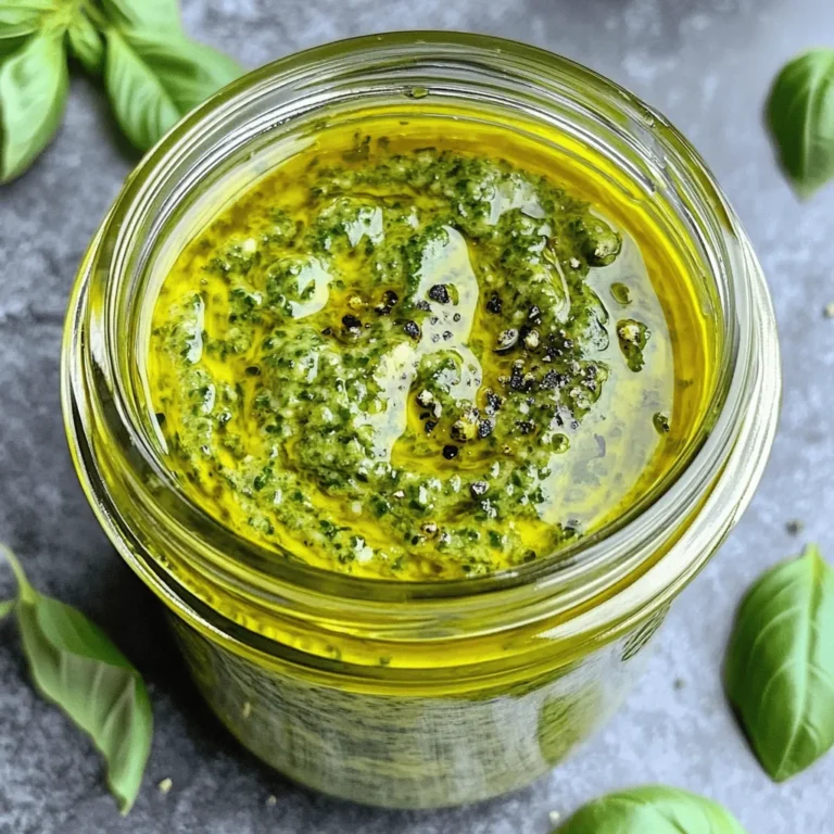 - 2 cups fresh basil leaves, packed - 1/2 cup grated pecorino cheese (or your preferred hard cheese) - 1/4 cup nutritional yeast - 2 garlic cloves, minced - 1/4 cup lemon juice - 1/2 cup extra virgin olive oil - Salt and pepper to taste To create a nut-free pesto, you need fresh basil. I love using packed basil leaves. They give a bright, fresh taste. Grated pecorino cheese adds a salty kick. If you want a dairy-free option, try a hard cheese alternative. Nutritional yeast is a great nut substitute. It brings a cheesy flavor without the nuts. Garlic cloves are a must for depth. Use fresh, minced garlic for the best taste. Lemon juice gives the pesto a tangy note. It also helps keep the color bright. Extra virgin olive oil binds everything together. It adds richness and smoothness. Finally, season with salt and pepper to taste. This will enhance all the flavors. For the complete recipe, check out the Full Recipe section. Get ready to blend your way to a delicious pesto! To start, you need to clean the basil leaves. Rinse them under cool water to remove dirt. Then, gently pat them dry with a clean towel. This step is key to keeping your pesto fresh. Next, mince the garlic cloves. You can use a knife or a garlic press. Mincing releases the flavor and aroma of the garlic. Now, it's time to blend the ingredients. In a food processor, add the fresh basil leaves, grated pecorino cheese, nutritional yeast, and minced garlic. Pulse the mixture until it is finely chopped. Don’t forget to scrape down the sides as you blend. This helps everything mix well. With the processor running, slowly drizzle in the olive oil. This makes the pesto creamy and smooth. After blending, add lemon juice for a fresh zing. Season with salt and pepper to taste. Pulse again to mix everything. Taste your pesto and adjust the seasoning or lemon juice if needed. If the pesto feels too thick, drizzle in a bit more olive oil. Keep blending until you reach your desired consistency. Transfer your pesto to a container. Press plastic wrap directly on the surface to stop it from browning. Store it in the fridge for up to one week. For the full recipe, check the section above. Using the best ingredients makes a big difference. Fresh basil gives the pesto its bright taste. Choose ripe, fragrant basil for the best flavor. Grated pecorino cheese adds a salty kick. Nutritional yeast gives a cheesy flavor without nuts. If you want a stronger taste, add more garlic or lemon juice. Taste your pesto while mixing. Adjust salt and pepper to fit your taste. Blending is key. If you over-blend, your pesto may turn watery. Keep an eye on the texture. You want it smooth but not too runny. On the other hand, under-blending leaves you with big chunks. Olive oil is crucial, too. Use high-quality extra virgin olive oil for the best taste. Poor-quality oil can ruin your pesto. Pesto is very versatile. You can mix it into pasta for a quick meal. Try spreading it on sandwiches for extra flavor. Pesto also works great as a dip. Serve it with veggies or crackers for a tasty snack. Don't forget, you can find the Full Recipe to explore more serving ideas. {{image_2}} You can change the herbs in your pesto. Try using parsley or spinach instead of basil. Both add a fresh flavor. You can mix herbs too! For a unique taste, use arugula or mint. Each herb brings a different twist. Make it your own! If you want a dairy-free option, use vegan cheese. Nutritional yeast works great here. It gives a cheesy flavor without the dairy. You can also skip the cheese entirely. Just add more lemon juice and salt for taste. Experiment to find what you enjoy! Want to spice things up? Add red pepper flakes for heat. You can also roast garlic for a sweeter taste. Roasted vegetables like bell peppers can add depth too. Try blending in sun-dried tomatoes for a richer flavor. The options are endless! To keep your nut-free pesto fresh, use a few simple tricks. First, I recommend pressing plastic wrap directly on the surface of the pesto. This method helps to prevent browning. Next, choose an airtight container. Glass jars work well, but any tight-sealing container will do. Make sure to fill it with pesto, leaving little air space. Your nut-free pesto stays fresh in the fridge for up to one week. If you want it to last longer, freezing is a great option. To freeze pesto, put it in ice cube trays. Once frozen, pop out the cubes and store them in a freezer bag. This way, you can use just what you need. Frozen pesto lasts for about three months. Yes, you can make pesto without cheese. Just leave it out or use nutritional yeast. Nutritional yeast gives a cheesy taste without dairy. This option is great for vegans or those with lactose intolerance. If your pesto is too thick, add more olive oil. You can also add a bit of water or lemon juice. Blend until you reach your desired smoothness. For thicker pesto, blend less. This way, you can create the perfect texture for your dish. Pesto works well on pasta, sandwiches, or salads. You can also use it as a dip for veggies. Try it on grilled meats or fish too. Pesto enhances flavors and adds a fresh touch to any meal. Store leftover pesto in an airtight container. Press plastic wrap on the surface to keep it fresh. You can keep it in the fridge for up to one week. If you want it to last longer, freeze it in ice cube trays. This way, you can use small amounts later. For the full recipe, check the Nut-free Green Basil Pesto section above. In this post, I covered how to make nut-free pesto. We explored each ingredient, from fresh basil to olive oil. You learned step-by-step methods for preparation and blending. I shared tips for flavor and avoiding common mistakes. We also discussed variations, storage, and answered common questions. Pesto is easy to customize and delicious to use. Make it your own with fresh herbs or spices. Enjoy your healthy, nut-free pesto on pasta, sandwiches, or as a dip.