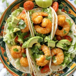 To make these tacos, you need the right ingredients. Here’s what you will need: - 1 pound large shrimp, peeled and deveined - 1 cup all-purpose flour - 1/2 cup cornmeal - 1 teaspoon garlic powder - 1 teaspoon paprika - 1/2 teaspoon cayenne pepper (adjust to taste) - Salt and pepper to taste - 2 large eggs, beaten - Vegetable oil for frying - 8 small corn tortillas - 1 cup shredded lettuce - 1 ripe avocado, sliced - 1/2 cup diced tomatoes - Fresh cilantro leaves for garnish - Lime wedges for serving When choosing shrimp, I suggest you go for fresh shrimp if you can. Fresh shrimp taste better and have a firmer texture. If fresh shrimp are not available, frozen shrimp work well too. Just make sure to thaw them properly before cooking. Choose large shrimp for this recipe; they hold up well in the frying process and deliver a satisfying bite. Tacos are fun because you can dress them up! Here are some tasty toppings to consider: - Sour cream for creaminess - Shredded cheese for extra flavor - Sliced jalapeños for a kick - Fresh salsa for a zesty touch When it comes to sides, think about what pairs well with shrimp. Here are some ideas: - Fluffy rice for a filling side - Refried beans for protein - Crispy tortilla chips for crunch These toppings and sides are sure to make your crispy garlic shrimp tacos even more delightful! If you want the full recipe, just check out the details above. Start by choosing fresh shrimp. Look for large shrimp that are firm and smell clean. You can also use frozen shrimp. Just make sure to thaw them well before cooking. Next, season the shrimp. In a bowl, mix salt, pepper, garlic powder, paprika, and cayenne. Toss the shrimp in the mix so they are fully coated. Even coating makes each bite flavorful. If some shrimp are not seasoned well, they will taste bland. Set up your breading station. Use two shallow dishes. In one, add the beaten eggs. In the other, mix flour and cornmeal. This creates a nice crunch. Dip each seasoned shrimp in the egg first. Let the excess egg drip off. Then, roll the shrimp in the flour-cornmeal mix. Make sure they are fully coated. Avoid clumps of batter; they can burn in the oil. Heat about 1/2 inch of vegetable oil in a large skillet. The oil should reach around 350°F. Use a thermometer to check, if you have one. Fry the shrimp in batches. Don’t overcrowd the pan or they won’t crisp up. Cook each side for 2-3 minutes until they turn golden brown. To check if they are done, look for a bright pink color. The shrimp should also be firm to the touch. Once cooked, use a slotted spoon to transfer them to a paper towel-lined plate. This will help drain the excess oil. For the full recipe, make sure to check out the detailed instructions above. To make your shrimp tacos truly shine, start by adjusting the spice levels. If you like heat, add more cayenne pepper. If you prefer milder flavors, cut back on it. Remember, spice adds depth. You can also enhance flavor with fresh herbs like cilantro or a squeeze of lime. Keeping shrimp crispy is key. After frying, let them rest on a paper towel to soak up extra oil. This step helps keep them crunchy. Avoid stacking them, as steam can make them soggy. Serve hot for the best texture. Plating your tacos can make them even more inviting. Use a bright plate to contrast with the colors of your food. Arrange the tacos in a line and sprinkle fresh cilantro on top. Add lime wedges around the tacos for a pop of color. Serving with lime adds freshness. Squeezing lime juice over the tacos right before you eat enhances all the flavors. You can also encourage guests to add their own lime for a fun touch! For a complete meal, consider pairing these tacos with a side of rice or chips for extra crunch. {{image_2}} You can easily change up the flavors in your crispy garlic shrimp tacos. Try adding coconut for a sweet twist. Simply mix shredded coconut into your flour-cornmeal mixture. This gives the shrimp a delightful crunch and tropical taste. If you like heat, consider jalapeños. Chop them finely and mix them into the shrimp seasoning. This adds a spicy kick that will excite your taste buds. For a spicier version, you can also use more cayenne pepper in the shrimp mix. Just remember to taste as you go! For those who need gluten-free options, swap out the all-purpose flour with a gluten-free flour blend. Cornmeal is naturally gluten-free, so you can keep that in the mix. This way, everyone can enjoy the tacos without worry. If you want a vegetarian twist, use tofu or jackfruit instead of shrimp. For tofu, press it to remove excess water, then cut it into cubes. Coat with the same spices and cook until crispy. Jackfruit offers a meaty texture that works well. Season it the same way as the shrimp and sauté until golden. Both versions keep your tacos delicious and satisfying. For the complete recipe, check out the Full Recipe section. To keep your crispy garlic shrimp tacos fresh, store them properly. First, let the tacos cool to room temperature. Then, wrap them tightly in plastic wrap or aluminum foil. You can also use an airtight container. This helps keep them from drying out. You can store the tacos in the fridge for up to 2 days. If you want to keep them longer, freeze them. In the freezer, they can last for up to 3 months. Just remember, the shrimp might lose some texture after freezing. When it’s time to enjoy your leftovers, reheating is key. You want to keep that crispy texture. The best way to reheat shrimp is in an oven or skillet. For the oven, preheat it to 350°F (175°C). Place the tacos on a baking sheet. Heat for about 10 minutes or until they are warm and crispy again. If you use a skillet, heat it over medium heat. Add a splash of oil to help with crispiness. Place the tacos in the skillet for about 5 minutes. Flip them halfway through to warm both sides. This way, your shrimp tacos will taste almost as good as fresh! For full details on making these delightful tacos, check the Full Recipe. To make shrimp tacos crispy, you need to fry them right. Here are some key tips: - Use a hot oil: Heat vegetable oil to about 350°F (175°C) before frying. - Don’t overcrowd the pan: Fry shrimp in small batches. This helps keep the oil hot. - Coat evenly: Make sure the shrimp are well-coated in flour and cornmeal. This adds crunch. - Drain properly: Use a slotted spoon to remove shrimp and place them on paper towels. This helps absorb excess oil. Crispy shrimp can make your tacos pop with flavor and texture. Yes, you can use frozen shrimp! Here are the best practices: - Thaw first: Place frozen shrimp in the fridge overnight or run them under cold water for quick thawing. - Pat dry: After thawing, make sure to dry the shrimp with paper towels. This helps the coating stick better. - Cook right away: Once thawed, cook the shrimp soon to keep them fresh and tasty. Using frozen shrimp is easy and saves time! Pairing sides can enhance your meal. Here are some recommendations: - Rice: A side of cilantro lime rice adds freshness. - Beans: Black beans or refried beans make a hearty addition. - Chips and salsa: This combo offers a crunchy contrast. - Corn salad: A bright corn salad brings sweetness and crunch. These sides can round out your taco night perfectly! You can easily customize your shrimp tacos! Here are some ideas: - Add toppings: Try sour cream, cheese, or pickled onions for extra flavor. - Use different sauces: Drizzle with chipotle mayo or a zesty lime sauce. - Experiment with spices: Add cumin or chili powder for a twist. - Mix in veggies: Include radishes, jalapeños, or coleslaw for extra crunch. Customizing your tacos can make each meal unique and fun! For the full recipe, check out the Crispy Garlic Shrimp Tacos section. In this blog post, we covered how to make crispy garlic shrimp tacos. We explored the main ingredients and optional toppings that elevate the dish. I also provided clear, step-by-step instructions for preparing, breading, and frying the shrimp. With tips for perfection and variations for dietary needs, you can customize this recipe. Store leftovers properly and reheat them right to keep that crispiness. Now you have all the tools to enjoy fantastic shrimp tacos at home! Happy cooking!