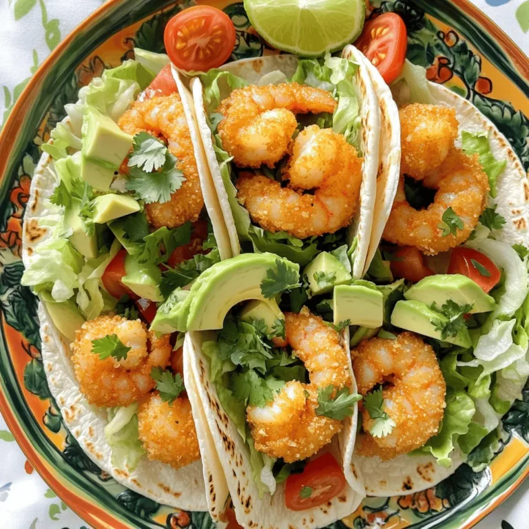 To make these tacos, you need the right ingredients. Here’s what you will need: - 1 pound large shrimp, peeled and deveined - 1 cup all-purpose flour - 1/2 cup cornmeal - 1 teaspoon garlic powder - 1 teaspoon paprika - 1/2 teaspoon cayenne pepper (adjust to taste) - Salt and pepper to taste - 2 large eggs, beaten - Vegetable oil for frying - 8 small corn tortillas - 1 cup shredded lettuce - 1 ripe avocado, sliced - 1/2 cup diced tomatoes - Fresh cilantro leaves for garnish - Lime wedges for serving When choosing shrimp, I suggest you go for fresh shrimp if you can. Fresh shrimp taste better and have a firmer texture. If fresh shrimp are not available, frozen shrimp work well too. Just make sure to thaw them properly before cooking. Choose large shrimp for this recipe; they hold up well in the frying process and deliver a satisfying bite. Tacos are fun because you can dress them up! Here are some tasty toppings to consider: - Sour cream for creaminess - Shredded cheese for extra flavor - Sliced jalapeños for a kick - Fresh salsa for a zesty touch When it comes to sides, think about what pairs well with shrimp. Here are some ideas: - Fluffy rice for a filling side - Refried beans for protein - Crispy tortilla chips for crunch These toppings and sides are sure to make your crispy garlic shrimp tacos even more delightful! If you want the full recipe, just check out the details above. Start by choosing fresh shrimp. Look for large shrimp that are firm and smell clean. You can also use frozen shrimp. Just make sure to thaw them well before cooking. Next, season the shrimp. In a bowl, mix salt, pepper, garlic powder, paprika, and cayenne. Toss the shrimp in the mix so they are fully coated. Even coating makes each bite flavorful. If some shrimp are not seasoned well, they will taste bland. Set up your breading station. Use two shallow dishes. In one, add the beaten eggs. In the other, mix flour and cornmeal. This creates a nice crunch. Dip each seasoned shrimp in the egg first. Let the excess egg drip off. Then, roll the shrimp in the flour-cornmeal mix. Make sure they are fully coated. Avoid clumps of batter; they can burn in the oil. Heat about 1/2 inch of vegetable oil in a large skillet. The oil should reach around 350°F. Use a thermometer to check, if you have one. Fry the shrimp in batches. Don’t overcrowd the pan or they won’t crisp up. Cook each side for 2-3 minutes until they turn golden brown. To check if they are done, look for a bright pink color. The shrimp should also be firm to the touch. Once cooked, use a slotted spoon to transfer them to a paper towel-lined plate. This will help drain the excess oil. For the full recipe, make sure to check out the detailed instructions above. To make your shrimp tacos truly shine, start by adjusting the spice levels. If you like heat, add more cayenne pepper. If you prefer milder flavors, cut back on it. Remember, spice adds depth. You can also enhance flavor with fresh herbs like cilantro or a squeeze of lime. Keeping shrimp crispy is key. After frying, let them rest on a paper towel to soak up extra oil. This step helps keep them crunchy. Avoid stacking them, as steam can make them soggy. Serve hot for the best texture. Plating your tacos can make them even more inviting. Use a bright plate to contrast with the colors of your food. Arrange the tacos in a line and sprinkle fresh cilantro on top. Add lime wedges around the tacos for a pop of color. Serving with lime adds freshness. Squeezing lime juice over the tacos right before you eat enhances all the flavors. You can also encourage guests to add their own lime for a fun touch! For a complete meal, consider pairing these tacos with a side of rice or chips for extra crunch. {{image_2}} You can easily change up the flavors in your crispy garlic shrimp tacos. Try adding coconut for a sweet twist. Simply mix shredded coconut into your flour-cornmeal mixture. This gives the shrimp a delightful crunch and tropical taste. If you like heat, consider jalapeños. Chop them finely and mix them into the shrimp seasoning. This adds a spicy kick that will excite your taste buds. For a spicier version, you can also use more cayenne pepper in the shrimp mix. Just remember to taste as you go! For those who need gluten-free options, swap out the all-purpose flour with a gluten-free flour blend. Cornmeal is naturally gluten-free, so you can keep that in the mix. This way, everyone can enjoy the tacos without worry. If you want a vegetarian twist, use tofu or jackfruit instead of shrimp. For tofu, press it to remove excess water, then cut it into cubes. Coat with the same spices and cook until crispy. Jackfruit offers a meaty texture that works well. Season it the same way as the shrimp and sauté until golden. Both versions keep your tacos delicious and satisfying. For the complete recipe, check out the Full Recipe section. To keep your crispy garlic shrimp tacos fresh, store them properly. First, let the tacos cool to room temperature. Then, wrap them tightly in plastic wrap or aluminum foil. You can also use an airtight container. This helps keep them from drying out. You can store the tacos in the fridge for up to 2 days. If you want to keep them longer, freeze them. In the freezer, they can last for up to 3 months. Just remember, the shrimp might lose some texture after freezing. When it’s time to enjoy your leftovers, reheating is key. You want to keep that crispy texture. The best way to reheat shrimp is in an oven or skillet. For the oven, preheat it to 350°F (175°C). Place the tacos on a baking sheet. Heat for about 10 minutes or until they are warm and crispy again. If you use a skillet, heat it over medium heat. Add a splash of oil to help with crispiness. Place the tacos in the skillet for about 5 minutes. Flip them halfway through to warm both sides. This way, your shrimp tacos will taste almost as good as fresh! For full details on making these delightful tacos, check the Full Recipe. To make shrimp tacos crispy, you need to fry them right. Here are some key tips: - Use a hot oil: Heat vegetable oil to about 350°F (175°C) before frying. - Don’t overcrowd the pan: Fry shrimp in small batches. This helps keep the oil hot. - Coat evenly: Make sure the shrimp are well-coated in flour and cornmeal. This adds crunch. - Drain properly: Use a slotted spoon to remove shrimp and place them on paper towels. This helps absorb excess oil. Crispy shrimp can make your tacos pop with flavor and texture. Yes, you can use frozen shrimp! Here are the best practices: - Thaw first: Place frozen shrimp in the fridge overnight or run them under cold water for quick thawing. - Pat dry: After thawing, make sure to dry the shrimp with paper towels. This helps the coating stick better. - Cook right away: Once thawed, cook the shrimp soon to keep them fresh and tasty. Using frozen shrimp is easy and saves time! Pairing sides can enhance your meal. Here are some recommendations: - Rice: A side of cilantro lime rice adds freshness. - Beans: Black beans or refried beans make a hearty addition. - Chips and salsa: This combo offers a crunchy contrast. - Corn salad: A bright corn salad brings sweetness and crunch. These sides can round out your taco night perfectly! You can easily customize your shrimp tacos! Here are some ideas: - Add toppings: Try sour cream, cheese, or pickled onions for extra flavor. - Use different sauces: Drizzle with chipotle mayo or a zesty lime sauce. - Experiment with spices: Add cumin or chili powder for a twist. - Mix in veggies: Include radishes, jalapeños, or coleslaw for extra crunch. Customizing your tacos can make each meal unique and fun! For the full recipe, check out the Crispy Garlic Shrimp Tacos section. In this blog post, we covered how to make crispy garlic shrimp tacos. We explored the main ingredients and optional toppings that elevate the dish. I also provided clear, step-by-step instructions for preparing, breading, and frying the shrimp. With tips for perfection and variations for dietary needs, you can customize this recipe. Store leftovers properly and reheat them right to keep that crispiness. Now you have all the tools to enjoy fantastic shrimp tacos at home! Happy cooking!