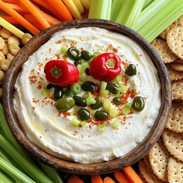 To make a tasty Pepperoncini Cream Cheese Dip, gather the following ingredients: - 8 oz cream cheese, softened - 1 cup Greek yogurt - 1/2 cup pepperoncini peppers, chopped (plus extra for garnish) - 1/4 cup green onions, finely sliced - 1 teaspoon garlic powder - 1 tablespoon lemon juice - Salt and pepper to taste - 1/4 teaspoon smoked paprika - Assorted crackers, breadsticks, and vegetable sticks for serving Each ingredient plays a key role in bringing flavor and texture to the dip. The cream cheese gives it a rich base. Greek yogurt adds creaminess and a bit of tang. The pepperoncini peppers provide a zesty kick, while green onions add freshness. Garlic powder and lemon juice enhance the overall taste. Smoked paprika adds a hint of warmth. Finally, the assorted crackers and veggie sticks make for great dippers. This dip is perfect for parties or a cozy night in. Plus, it’s easy to whip up in just a few minutes. For the complete recipe, check out the Full Recipe section. Making this dip is easy and quick. You will need about ten minutes of prep time. You’ll also need some time for chilling, about thirty minutes. This wait helps the flavors mix well. Gather all your ingredients before you start. First, take a large mixing bowl. Add the softened cream cheese and Greek yogurt. Use a hand mixer or whisk to blend them. Beat until the mix is smooth and creamy. This creates a great base for your dip. Next, add the chopped pepperoncini peppers and green onions. Sprinkle in garlic powder, lemon juice, and smoked paprika. Stir everything together until well mixed. Make sure the peppers and onions spread evenly throughout the dip. Now, season with salt and pepper to taste. Adjust the flavors to your liking. Transfer the dip to a serving bowl. Smooth the top with a spatula. Garnish with whole pepperoncini peppers and extra green onions. Cover with plastic wrap and refrigerate. This chilling time lets the flavors meld together nicely. For the full recipe, check out the details above! To boost the taste of your dip, try adding some fresh herbs like dill or chives. These herbs bring a bright flavor that pairs well with the cream cheese and pepperoncini. You can also mix in some crumbled feta for a salty bite. If you want more heat, add a dash of hot sauce or some diced jalapeños. Serve your dip in a colorful bowl to catch the eye. Garnish with whole pepperoncini and a sprinkle of green onions on top. Arrange your crackers, breadsticks, and vegetable sticks around the bowl. This makes for a fun and inviting platter. A little creativity goes a long way in impressing your guests. This dip works well for parties or game days. Pair it with assorted crackers for crunch, or use fresh veggies for a healthy option. It also goes great with chips or toasted baguette slices. For a twist, serve it with grilled meats or as a sandwich spread. The possibilities are endless! Check out the Full Recipe for more details. {{image_2}} To kick up the heat, add diced jalapeños. You can mix in a teaspoon of cayenne pepper for more spice. This version keeps the same creamy base but offers a bold twist. The pepperoncini peppers still shine through, balanced by the heat of the jalapeños. Serve this spicy dip with tortilla chips for a fun snack. For a vegetarian twist, simply swap out the cream cheese for a plant-based option. There are many brands that offer creamy vegan cheese. You can also use silken tofu for a lighter dip. This change keeps the dip creamy while catering to those who prefer plant-based meals. The flavors will still blend well with the pepperoncini and yogurt. Feel free to get creative with your ingredients. You can replace Greek yogurt with sour cream or cottage cheese. If you want more crunch, toss in diced bell peppers or cucumber. For a tangy kick, try using lime juice instead of lemon juice. Each of these swaps brings a new flair to the dip. The key is to keep the balance of flavors that makes this Pepperoncini Cream Cheese Dip so delicious. Check out the Full Recipe for more detailed steps! After enjoying your Pepperoncini Cream Cheese Dip, store leftovers in an airtight container. This helps keep the dip fresh. Place it in the fridge right away. Make sure to cover it well to lock in flavor. You can keep it for up to four days this way. If you want to save the dip for later, freezing is an option. First, place the dip in a freezer-safe container. Leave some space at the top since it may expand while freezing. You can freeze it for up to three months. To eat, let it thaw in the fridge overnight before serving. Stir well to restore its creamy texture. The dip lasts about four days in the fridge. If you notice any change in smell or color, it’s best to toss it out. If it looks watery or has mold, do not eat it. Always trust your senses. Keeping an eye on these signs ensures you enjoy the dip safely. For the best flavor and quality, eat it fresh. For more details, check the Full Recipe. Pepperoncini peppers are mild, tangy, and slightly sweet. They are usually green or yellow. You often find them pickled in jars. These peppers add a nice crunch and flavor to dishes. They work great in salads, sandwiches, or dips. Yes! You can make this dip before your event. Simply cover it and chill in the fridge. This allows the flavors to blend well. It tastes even better after a few hours. You can serve this dip with many tasty items. Here are some ideas: - Assorted crackers - Breadsticks - Vegetable sticks like carrots, celery, or bell peppers - Pita chips These options make for a colorful and fun spread. Yes, you can use sour cream instead of Greek yogurt. It gives a creamy texture and tangy taste. You may also use regular yogurt, but the dip may be less thick. If you need to reheat the dip, use a microwave. Start with 30 seconds on low power. Stir it well and check the warmth. Repeat until the dip is warm, but don’t overheat it. This dip is best served warm or at room temperature. For the full recipe, check the section above. This blog post detailed a delicious Pepperoncini Cream Cheese Dip. We covered the ingredients, step-by-step instructions, and storage tips. I shared ways to enhance flavors and present the dish beautifully. You learned how to customize the dip for your taste. Lastly, I answered common questions about the recipe. This dish is easy to make and perfect for any gathering. I hope you enjoy trying it. Happy dipping!