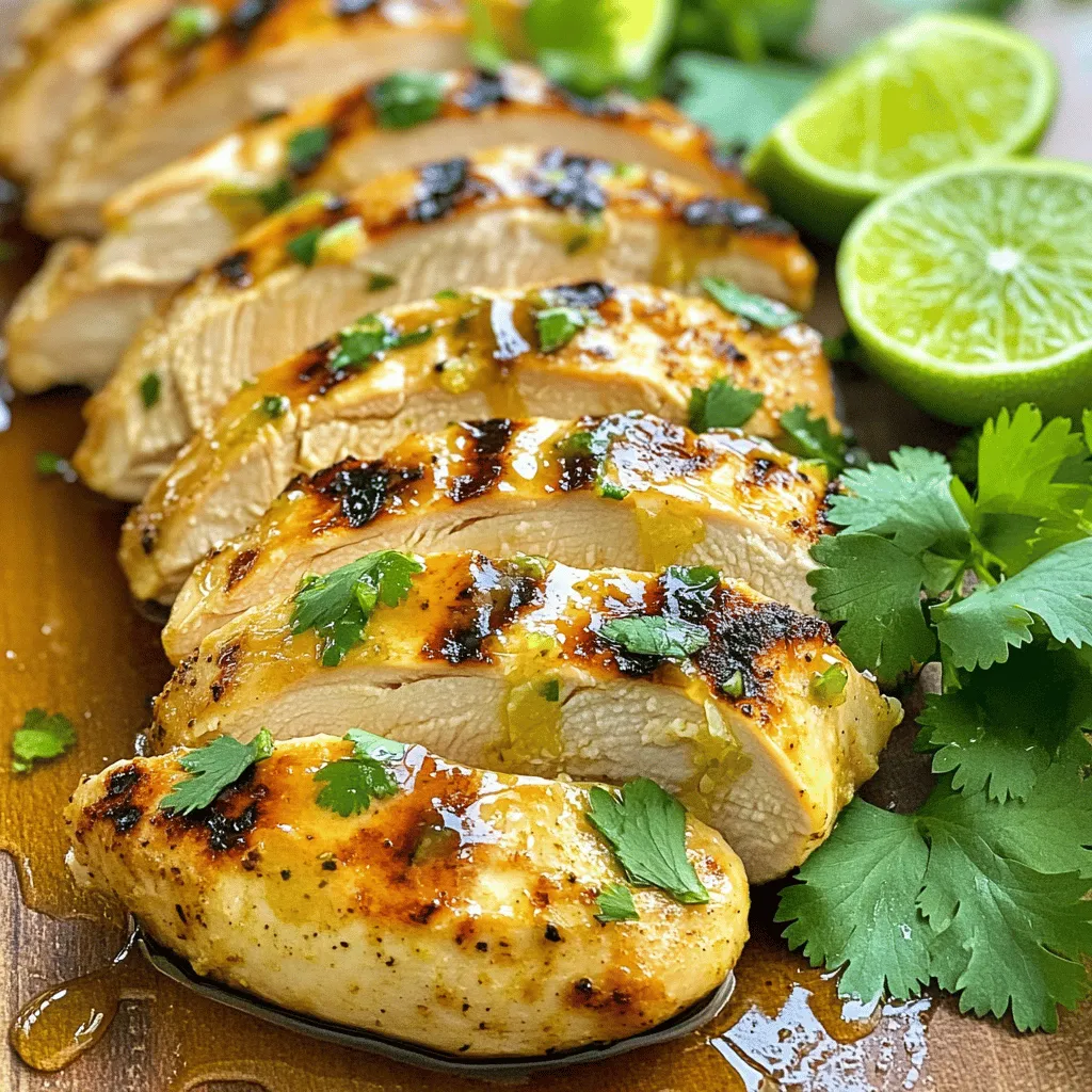 To make Coconut Lime Chicken, gather these simple ingredients. They bring the dish to life with vibrant flavors. - 4 boneless, skinless chicken breasts - 1 cup coconut milk - 2 tablespoons lime juice (freshly squeezed) - Zest of 1 lime - 2 tablespoons honey - 2 cloves garlic, minced - 1 teaspoon fresh ginger, grated - 1 teaspoon ground cumin - Salt and pepper to taste - 1 tablespoon olive oil - Fresh cilantro, for garnish - Lime wedges, for serving Each ingredient plays a key role. The coconut milk gives a creamy texture. Lime juice and zest add brightness, while honey balances the flavors. Garlic and ginger bring warmth and depth. Cumin rounds it all out with its earthy notes. Using fresh ingredients helps boost the dish's taste. Fresh lime juice is much better than bottled. The same goes for ginger and garlic. These small choices make a big difference. For the best results, pick quality chicken. Look for breasts that are plump and pink. Feel free to adjust the salt and pepper to suit your taste. You can also use more lime juice if you love that tangy kick. This recipe is flexible and can fit your preferences. For the full recipe, check out the detailed steps that follow. - In a mixing bowl, combine the coconut milk, lime juice, lime zest, honey, minced garlic, grated ginger, ground cumin, salt, and pepper. Whisk until smooth. - Place the chicken breasts in a large resealable plastic bag. Pour the marinade over the chicken. Seal the bag tight and make sure the chicken is coated well. Let it marinate in the fridge for at least 30 minutes. For a stronger flavor, marinate for up to 4 hours. - Preheat your grill or a skillet over medium-high heat. If you use a skillet, add olive oil to the pan. - Remove the chicken from the marinade. Let the excess drip off. Grill the chicken for about 6-7 minutes on each side. Ensure it reaches an internal temperature of 165°F (75°C). If cooking in a skillet, do the same, turning the chicken for even cooking. - After cooking, let the chicken rest for 5 minutes before slicing. This helps keep it juicy. - For a beautiful presentation, slice the chicken and arrange it on a plate. Drizzle it with any leftover marinade that you cooked down. Garnish with fresh cilantro and lime wedges for a pop of color and flavor. You can find the Full Recipe for this delightful dish to follow each step closely. Enjoy your cooking experience! Marinating chicken is key to great flavor. The longer you marinate, the better it tastes. I recommend at least 30 minutes. For even more flavor, marinate for up to 4 hours. You can also adjust the flavors to suit your taste. If you want it sweeter, add more honey. Prefer a tangy kick? Add extra lime juice. Trust me, you can’t go wrong here! You have two main options: grilling or pan-searing. Grilling gives a nice char and smoky flavor. Pan-searing is great for a juicy finish. Both methods work well if done right. For even cooking, make sure each piece is the same thickness. If using a skillet, heat the oil before adding the chicken. This helps create a nice crust. Don’t waste that leftover marinade! You can reduce it on the stove for a tasty sauce. Just simmer it until it thickens. It adds a wonderful depth to the dish. Additionally, consider adding some spices. A pinch of cayenne can add heat. Fresh herbs like cilantro can brighten the flavor. These small changes make a big difference! {{image_2}} You can easily adapt this dish to fit different diets. For a low-carb option, skip the honey. Use a sugar substitute like erythritol. This change keeps the flavors bright without added carbs. If you need a gluten-free dish, this recipe is already safe. Just check the labels on your ingredients to ensure they are gluten-free. For a vegan twist, swap the chicken for tofu or tempeh. Marinate your plant-based protein in the same coconut lime mix. Cook until golden and crispy. This keeps the dish exciting while being plant-based. Want to spice things up? Add cayenne pepper or chili flakes to the marinade. This gives your chicken a nice kick. Adjust the amount based on your spice level. You can also switch up the citrus. Instead of lime, try lemon or orange juice. Each fruit adds its unique twist. This keeps the dish fresh and fun. Pair your Coconut Lime Chicken with simple sides. Rice or quinoa works great. They soak up all the delicious sauce. Salads are another good choice. A fresh green salad with avocado and cilantro complements the flavors well. For a heartier option, serve with roasted vegetables. They add color and nutrients to your plate. You can find the Full Recipe for Coconut Lime Chicken to enjoy and explore these variations. To keep your Coconut Lime Chicken fresh, cool it down quickly. Place it in shallow containers. This helps the chicken cool faster. Store it in the fridge. It will stay tasty for about 3-4 days. Always seal the container tightly to keep out air. If you want to save some for later, freezing is a great option. Cut the chicken into smaller pieces. Wrap it well in plastic wrap and then foil. This keeps out freezer burn. You can freeze it for up to three months. When you're ready to eat, thaw it in the fridge overnight for best results. When reheating, keep it juicy and flavorful. The best way is to use a skillet. Add a little water or chicken broth to keep it moist. Heat over low to medium heat. Avoid using high heat, as this can dry out the chicken. Stir occasionally to heat evenly. Enjoy your delicious meal again! You can use several options if you lack coconut milk. Here are some great substitutes: - Dairy alternatives: - Whole milk - Heavy cream mixed with water - Greek yogurt mixed with water - Non-dairy alternatives: - Almond milk - Soy milk - Oat milk Each substitute offers a different flavor and texture. Try to match the thickness and taste as closely as possible. The best way to check chicken doneness is by using a meat thermometer. The internal temperature should reach 165°F (75°C). This ensures the chicken is safe to eat. Here are some cooking tips: - Cut into the thickest part of the chicken and check the juices. They should run clear. - Use a timer and cook for about 6-7 minutes on each side. Yes, you can make Coconut Lime Chicken ahead of time. It’s perfect for meal prep. Here are some suggestions: - Marinate the chicken for up to 4 hours for the best flavor. - Cook the chicken and store it in the fridge for 3-4 days. - Reheat the chicken gently to keep it moist and tasty. You can find the Full Recipe for Coconut Lime Chicken [here](#). This will guide you through every step for a delicious meal. In this blog post, we covered how to make Coconut Lime Chicken using simple, fresh ingredients. You learned how to marinate, cook, and serve the chicken for great flavor. We also explored tips for adding your own touch and how to store leftovers properly. This dish suits many diets and offers endless variations. With the right balance of coconut milk and lime, your meals will always impress. Enjoy your cooking adventures and make this recipe your own!
