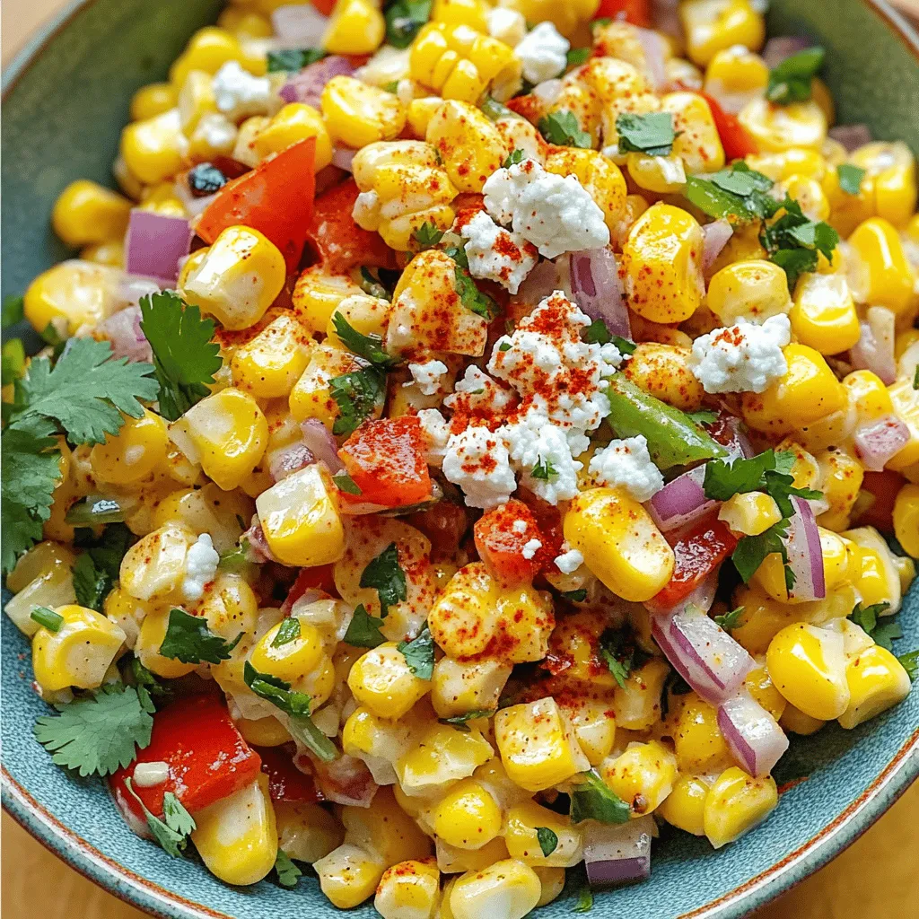 To make this vibrant salad, gather these key items: - 4 ears of corn, husked - 1/2 cup diced red bell pepper - 1/4 cup diced red onion - 1/2 cup crumbled queso fresco - 1/4 cup mayonnaise - 1 tablespoon lime juice - 1 teaspoon chili powder - 1/2 teaspoon cumin - Salt and pepper to taste - Fresh cilantro, chopped for garnish These ingredients blend together to create a fresh and flavorful dish. Grilled corn brings a smoky taste. The queso fresco adds creaminess. Each bite offers a burst of flavor. You might want to play with these optional items: - Avocado, diced - Jalapeños, diced for heat - Black beans, drained and rinsed - Sweet corn, canned or frozen for sweetness These extras can enhance your salad. Avocado makes it creamy. Jalapeños add spice. Black beans give protein and texture. To whip up this salad, you'll need a few handy tools: - Grill or stovetop grill pan - Sharp knife - Cutting board - Large mixing bowl - Small mixing bowl - Whisk These tools help you prepare the corn and mix everything easily. A sharp knife ensures even cuts. The mixing bowls keep your ingredients well organized. For the dressing, a whisk makes it smooth and creamy. For the full recipe, check out the detailed instructions to create this delicious dish. To start, you need fresh corn. I use four ears. First, husk the corn and remove all the silk. Next, heat your grill to medium-high. Place the corn on the grill and cook it for 10-12 minutes. Turn the corn often until it gets nice char marks. This gives a great smoky taste. Once done, take it off the grill and let it cool a bit. When it’s cool enough to handle, slice the kernels off the cob and put them in a large bowl. Now, let’s add some crunch and color. Dice half a cup of red bell pepper and a quarter cup of red onion. Add these to the bowl with the corn. Then, crumble half a cup of queso fresco and sprinkle that in too. These ingredients bring flavor and texture to the salad. Make sure to mix everything gently so it combines well without smashing the corn. Next, we need to whip up a creamy dressing. In a small bowl, mix together a quarter cup of mayonnaise, one tablespoon of lime juice, one teaspoon of chili powder, and half a teaspoon of cumin. Add salt and pepper to taste. Whisk this until it’s smooth. Pour the dressing over the corn and vegetable mix. Toss everything gently until the salad is well coated. It’s important to taste it now. If you think it needs more lime or spice, feel free to add it. Let the salad sit for about 10 minutes. This helps all the flavors blend together. Just before serving, chop some fresh cilantro and sprinkle it on top. It adds a nice pop of color and freshness. Enjoy your flavorful Mexican street corn salad! You can find the full recipe in the preceding sections. Grilling corn gives it a sweet, smoky taste. To start, heat your grill to medium-high. Place the husked corn on the grill. Cook for about 10-12 minutes. Turn the corn often for even charring. Look for those nice, golden marks. This adds flavor and texture to your salad. You can change the taste of your salad easily. Want it spicier? Add more chili powder. Prefer a tangy kick? Squeeze in more lime juice. Taste your salad before serving. If it seems bland, sprinkle in salt or pepper. Adjusting flavors makes this dish your own. Make your salad look great on the table. Use a big, colorful bowl. Add a sprinkle of fresh cilantro on top. This adds a pop of green. For a fun touch, serve with lime wedges on the side. Guests will love to squeeze fresh lime over their salad. This adds a zesty finish. For the full recipe, check out the complete instructions. {{image_2}} You can easily add protein to your Mexican street corn salad. Chicken, shrimp, or beans work great. Grilled chicken adds a nice smoky flavor. Shrimp gives a fun twist and cooks quickly. For a meat-free option, try black beans or chickpeas. They add fiber and keep the salad filling. Just mix your chosen protein in with the corn and veggies. Want to spice things up? Adjust the chili powder to suit your taste. If you enjoy heat, add more chili powder or some diced jalapeños. For a milder flavor, use less chili powder or skip it altogether. You can also add a splash of hot sauce at the end for a kick. Remember to taste as you adjust the spice level. If you're lactose intolerant or vegan, there are great dairy swaps. Use vegan mayo instead of regular mayo for creaminess. Instead of queso fresco, try crumbled tofu or a nut-based cheese. These alternatives still provide great flavor without dairy. Mix them in just like you would with the traditional ingredients. You won’t miss the dairy at all! For the full recipe, be sure to check out the Zesty Mexican Street Corn Salad. After you enjoy your Mexican street corn salad, store leftovers in an airtight container. Make sure to cool the salad first. This helps keep it fresh. It can last in the fridge for up to three days. Keep it away from strong-smelling foods to avoid flavor changes. You usually eat this salad cold or at room temperature. If you prefer it warm, reheat it gently. You can use a microwave on low power. Heat in short bursts to avoid cooking it too much. Stir well between bursts for even warming. I don't recommend freezing this salad. The corn and veggies lose their crunch when thawed. If you want to store it longer, consider freezing the grilled corn separately. When ready to use, just thaw and mix it into the salad. For the best flavor, make the salad fresh. For the full recipe, check it out! Mexican Street Corn Salad can last for about 3 to 5 days in the fridge. Make sure to store it in an airtight container. The corn may lose some crunch over time, but the flavors will still be tasty. Yes, you can make this salad in advance. It actually tastes better after sitting for a bit. Just mix the salad and dressing, but wait to add the garnish until you are ready to serve. This keeps the cilantro fresh and vibrant. If you want to swap out mayonnaise, try Greek yogurt or sour cream. Both give a nice creamy texture. You can also use avocado for a healthier option. Each of these will change the flavor a bit, so pick what you like best. For the full recipe, check the details above. Mexican Street Corn Salad is a tasty and fun dish to make. You learned about key ingredients, optional add-ins, and tools. We covered how to prepare the corn and mix all the flavors. I shared tips for grilling and serving. You can even adjust spice levels and add protein. In the end, this salad is flexible and easy. Enjoy making it your own. Whether you serve it at a barbecue or keep it for later, you’ll love this dish!