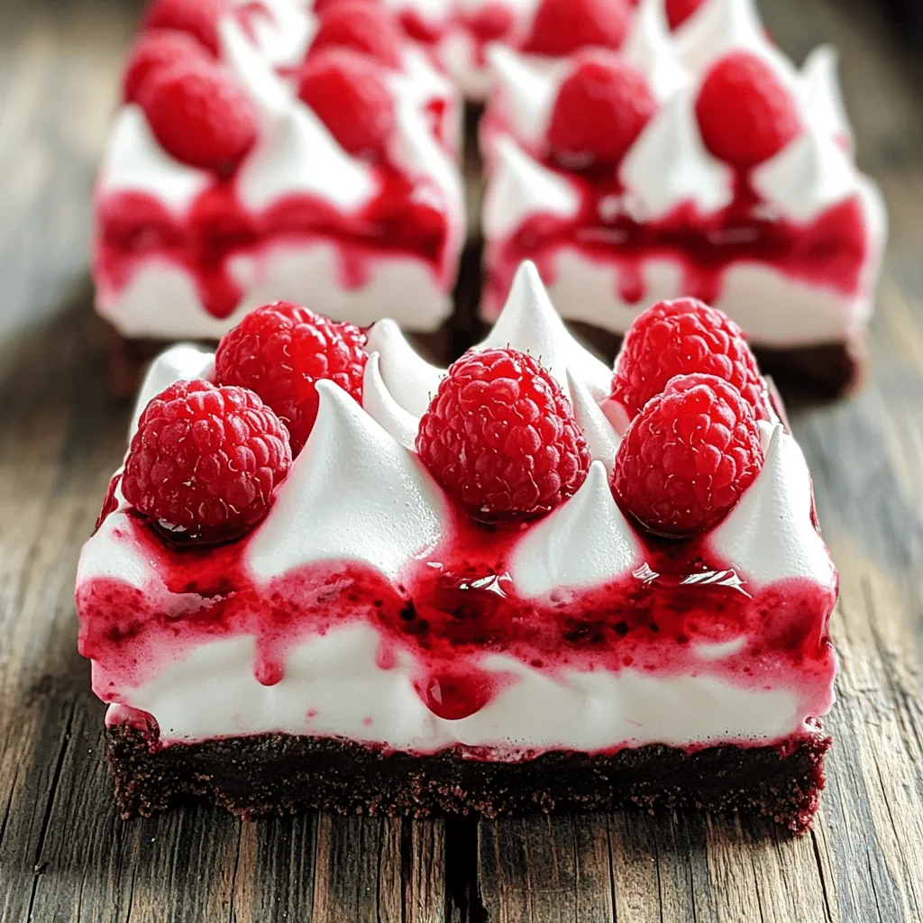 To make these Raspberry Meringue Bars, you need the following ingredients: - 1 cup all-purpose flour - 1/2 cup unsweetened cocoa powder - 1/2 cup powdered sugar - 1/2 teaspoon salt - 1/2 cup cold unsalted butter, cubed - 1/4 cup granulated sugar - 2 cups fresh raspberries - 4 large egg whites - 1/4 teaspoon cream of tartar - 1/2 teaspoon vanilla extract - 1/4 cup granulated sugar (for meringue) You can swap some ingredients if needed. For a gluten-free option, use almond flour instead of all-purpose flour. Instead of raspberries, you can use blueberries or strawberries. If you want a dairy-free version, try vegan butter in place of unsalted butter. You can also use aquafaba, the liquid from chickpeas, instead of egg whites for a vegan meringue. Using fresh ingredients makes a big difference in flavor. Fresh raspberries offer a bright taste and a juicy texture. They also add vibrant color to your bars. Fresh eggs create a more stable meringue, giving it a better rise and texture. When you focus on quality, your Raspberry Meringue Bars will taste even better. The right ingredients help you create a dessert that impresses everyone. For the complete recipe, check the Full Recipe section. Start by gathering your ingredients. You will need: - 1 cup all-purpose flour - 1/2 cup unsweetened cocoa powder - 1/2 cup powdered sugar - 1/2 teaspoon salt - 1/2 cup cold unsalted butter, cubed - 1/4 cup granulated sugar - 2 cups fresh raspberries - 4 large egg whites - 1/4 teaspoon cream of tartar - 1/2 teaspoon vanilla extract - 1/4 cup granulated sugar (for meringue) Preheat your oven to 350°F (175°C). Line an 8x8 inch baking pan with parchment paper. Make sure the edges hang over the sides. This helps with easy removal later. In a bowl, mix together the flour, cocoa powder, powdered sugar, and salt. Add the cold butter and mix until crumbly. You can use your fingers or a pastry cutter for this step. Next, press the mixture evenly into the pan's bottom. Bake it for 15 minutes. Watch closely; it should be set but not brown. Remove it from the oven and let it cool slightly. Now, prepare the raspberry filling. In a saucepan, combine the raspberries and 1/4 cup granulated sugar. Cook over medium heat. Stir until the raspberries break down into a syrup, which takes about 5 minutes. Set this aside to cool. While the filling cools, make the meringue. Use a clean bowl to beat the egg whites and cream of tartar together. Beat until soft peaks form. Gradually add 1/4 cup granulated sugar and keep beating. You want stiff peaks and a glossy mixture. At the end, mix in the vanilla extract. Now, it’s time to assemble. Pour the raspberry filling over the cooled crust. Spread the meringue over the filling. Create peaks and swirls for a nice look. Return the pan to the oven. Bake the bars for another 15-20 minutes. The meringue should turn a light golden color when done. After baking, let the bars cool completely in the pan. Use the parchment overhang to lift them out. Once cool, slice them into squares or bars. For a delightful finish, serve the bars chilled. You can add extra fresh raspberries on top for color and taste. This will make your dessert look vibrant and inviting. Discover the full recipe for more details. To get a great meringue, start with clean bowls. Any grease can ruin your meringue. Use room temperature egg whites for better volume. Beat them slowly at first, then increase the speed. Add cream of tartar to help stabilize the meringue. When you add sugar, do it slowly. This creates a glossy finish and stiff peaks. Remember, the meringue should look shiny and hold its shape well. A soggy crust can ruin your delicious bars. To prevent this, bake the crust until it’s just set. Keep an eye on the time, as overbaking can dry it out. Let the crust cool completely before adding the raspberry filling. If you want more crunch, you can blind-bake the crust for a few minutes. This means baking it without the filling to firm it up. One common mistake is not measuring ingredients correctly. Always use measuring cups for dry and wet ingredients. Another mistake is rushing the meringue. Take your time to beat it to the right peaks. Don’t skip the cooling step after baking. This helps the layers set properly. Lastly, don’t forget to use fresh raspberries for the best flavor. For the full recipe, check out the details above. {{image_2}} You can use many types of berries in this recipe. Blueberries, strawberries, and blackberries all work well. They each bring their unique taste. Just swap the raspberries with your chosen berry. The process stays the same, and you will still enjoy that sweet tartness. Each berry offers a different twist, so try them all! Making Raspberry Meringue Bars can fit various diets. For a vegan version, replace eggs with aquafaba. Aquafaba is the liquid from canned chickpeas. It whips up nicely into meringue. For gluten-free bars, use almond flour or a gluten-free flour blend. These changes keep the taste amazing while meeting dietary needs. These bars are great for any event. For a picnic, cut them into small squares. Serve them on a colorful plate for a fun touch. At a party, add some whipped cream on top for extra flair. You can also drizzle chocolate sauce over them for a rich flavor. They work well as a light dessert after a big meal. No matter the occasion, these bars will impress your guests! For the full recipe, check out the details above. To keep your raspberry meringue bars fresh, store them in an airtight container. This will help protect them from air and moisture. Place a piece of parchment paper between layers if you stack them. This keeps the meringue from sticking. Always store them in a cool place away from sunlight. When stored properly, raspberry meringue bars can last about 3 to 5 days. If you leave them out at room temperature, they may get soggy. For best taste and texture, enjoy them within this time frame. Always check for any signs of spoilage before eating. You can freeze raspberry meringue bars for longer storage. Cut them into squares first, then wrap each piece tightly in plastic wrap. Place the wrapped bars in a freezer-safe bag or container. They can last up to 2 months in the freezer. When you want to eat them, let them thaw in the fridge overnight. This keeps the taste fresh and delicious. For the full recipe, make sure to check the detailed steps to create these tasty treats. Serve Raspberry Meringue Bars chilled for the best taste. The cold brings out the fresh raspberry flavor. Cut them into squares for easy serving. You can add extra raspberries on top for a pop of color. A dollop of whipped cream also adds a nice touch. These bars are perfect for parties or a sweet treat at home. You should not make the meringue ahead of time. Meringue needs to be fresh for the best texture. If you make it too early, it can lose its volume and become runny. Instead, whip it just before you assemble the bars. This way, you get that lovely, fluffy peak on top. It will look and taste much better. If your raspberry filling is runny, you can thicken it easily. First, cook it longer on low heat. This helps to reduce the liquid. You can also mix in a little cornstarch. Just dissolve cornstarch in cold water and stir it into the filling. Heat it again until it thickens. This will give you a nice, spreadable raspberry layer for your bars. In this article, we explored key elements of making Raspberry Meringue Bars. We covered ingredients, substitutions, and why fresh items matter. The step-by-step guide offered clear baking and cooling instructions. We shared tips for perfect meringue and avoiding mistakes. Variations opened up new flavor ideas, while storage info helped maintain freshness. Always remember, great desserts rely on quality and care. Use these insights to create your best bars yet!