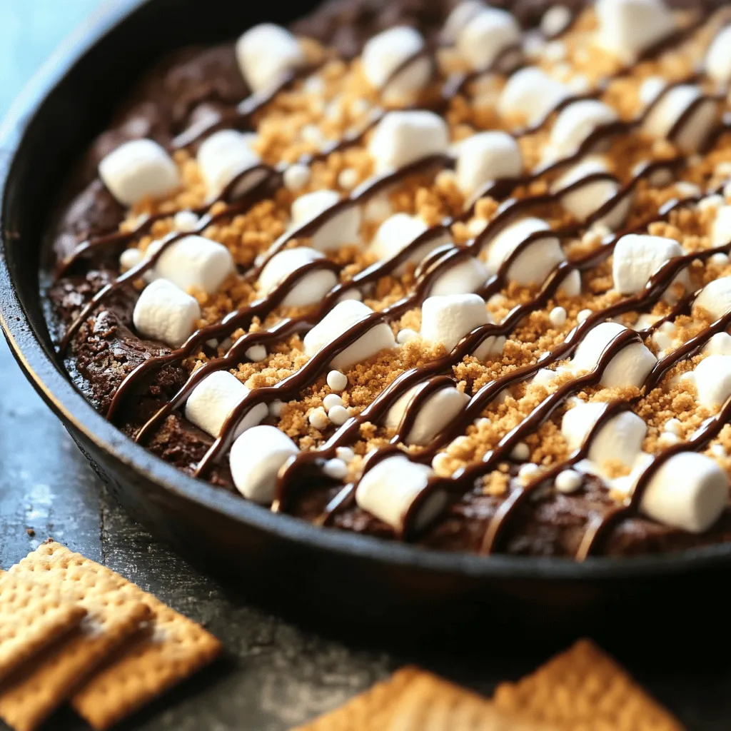 - 1 cup all-purpose flour - 1 cup granulated sugar - 1/2 cup unsweetened cocoa powder - 1/2 teaspoon baking powder - 1/4 teaspoon salt - 1/2 cup unsalted butter, melted - 2 large eggs - 1 teaspoon vanilla extract - 1 cup chocolate chips (semi-sweet or dark) - 1 cup mini marshmallows - 1/2 cup graham cracker crumbs - Extra graham crackers for serving To make a great S'mores Brownie Skillet Dip, you need to gather the right ingredients. This dip has a rich, chocolatey base. The mini marshmallows add a sweet, gooey touch. The graham cracker crumbs give it that classic S'mores crunch. - Nuts (walnuts or pecans) - Flavored chocolate chips If you want to mix it up, add nuts or different chocolate chips. Nuts give a nice crunch. Flavored chocolate chips can add a twist to your dip. - 10-inch cast-iron skillet - Mixing bowls - Whisk To cook your dip, you’ll need a 10-inch cast-iron skillet. It helps the dip bake evenly. You will also need mixing bowls and a whisk. These tools make it easy to combine your ingredients. For the full recipe, check out the detailed directions to enjoy this treat. - Preheat your oven to 350°F (175°C). - In a large mixing bowl, sift together: - 1 cup all-purpose flour - 1 cup granulated sugar - 1/2 cup unsweetened cocoa powder - 1/2 teaspoon baking powder - 1/4 teaspoon salt - Add to the dry ingredients: - 1/2 cup unsalted butter, melted - 2 large eggs - 1 teaspoon vanilla extract - Mix until just combined. Be careful not to overmix. - Fold in: - 1 cup chocolate chips - Grease a 10-inch cast-iron skillet or an oven-safe dish. - Pour the brownie batter into the skillet, spreading it evenly. - Sprinkle on top: - 1 cup mini marshmallows - 1/2 cup graham cracker crumbs - Bake in the preheated oven for 20-25 minutes. - Look for the edges to set and the center to be slightly soft. - The marshmallows should be golden brown and puffed. Once done, remove it from the oven. Let it cool slightly before serving. You can find the full recipe in detail for extra tips! To make the best S'mores Brownie Skillet Dip, focus on two key points: mixing and baking. - Avoiding overmixing the batter: Mix just until the ingredients blend. Overmixing can make your dip tough. Aim for a smooth batter, but don’t worry about small lumps. They will bake out. - Ensuring even baking: Spread your batter evenly in the skillet. This helps it cook evenly. Check for doneness by looking for set edges and a slightly soft center. The marshmallows should puff up and turn golden. Presentation makes this dip even more fun! - Presentation tips: Drizzle melted chocolate on top for a fancy touch. Add some fresh strawberries or banana slices on the side. This adds color and flavor. - Alternative dippers besides graham crackers: Try using pretzels, sliced apples, or cookies. Each dipper gives a new taste and texture to enjoy with the brownie dip. You can make this dip even better with simple add-ins. - Adding a drizzle of melted chocolate: This extra drizzle not only looks great but boosts the chocolate flavor. It makes each bite richer. - Using flavored marshmallows: Instead of plain marshmallows, try chocolate or vanilla-flavored ones. They add a fun twist and enhance the overall flavor. For a detailed guide on making this delightful treat, check the Full Recipe. Enjoy your dip! {{image_2}} You can switch up the flavors of your S'mores Brownie Skillet Dip for fun. - Peanut butter version: Add half a cup of creamy peanut butter to the batter. This gives a nutty twist to the sweet chocolate base. It pairs well with the marshmallows. - Mint chocolate variation: Swap in mint-flavored chocolate chips instead of regular. This creates a refreshing minty taste. It’s perfect for those who love mint and chocolate together. You can easily change the recipe to fit different diets. - Gluten-free alternative: Use gluten-free flour instead of regular flour. This allows everyone to enjoy the dip without worry. Just make sure to check the labels on the other ingredients to ensure they are gluten-free. - Vegan substitutions: Replace eggs with flax eggs. Mix one tablespoon of ground flaxseed with three tablespoons of water for each egg. You can also use vegan butter instead of regular butter. This makes the dip friendly for vegan diets. You might need to change the recipe based on your crowd. - Scaling the recipe for small gatherings: If you have fewer guests, cut the recipe in half. This still gives everyone a tasty treat without too much leftover. - Making single-serving portions: Use small oven-safe ramekins instead of a skillet. This way, each person gets their own individual dip. It’s fun and makes serving easy. For the full recipe, check out the previous section. Enjoy your creative twists on this fun dessert! To store leftovers, let the dip cool. Transfer it to an airtight container. Keep it in the fridge for up to three days. When you want to enjoy it again, just reheat it. You can freeze the dip for future treats. Use a freezer-safe container. It can last up to two months in the freezer. To reheat, thaw it in the fridge overnight. Warm it in the oven at 350°F (175°C) until heated through. Look for signs of spoilage to ensure safety. If the dip has an off smell or color, discard it. Store it well to keep it fresh. Always use clean utensils when serving. This helps prevent contamination. Enjoy your S'mores Brownie Skillet Dip fresh for the best taste! Yes, you can prepare this dip ahead of time. Mix the dry and wet ingredients separately. Store them in the fridge for a few hours or overnight. When you are ready to bake, combine them and follow the rest of the steps. This saves time and keeps the dip fresh. If you don't have graham crackers, try these options: - Pretzel sticks for a salty crunch - Fruit slices like apples or strawberries - Biscotti for a sweet dipper - Vanilla wafers for a smooth taste These choices add fun flavors and textures to your dip. Yes, you can turn this dip into brownies! Just pour the batter into a greased baking pan. Bake it at 350°F (175°C) for 25-30 minutes. Check the center with a toothpick; it should come out clean. Enjoy solid brownies that are just as tasty! For the full recipe, refer to the section above. This post shared how to make a fun S'mores Brownie Skillet Dip. You learned about the ingredients, tools, and simple steps needed to prepare and bake it. Tips and tricks helped you enhance the flavor and presentation. You can try different flavors or adjust it to fit dietary needs. This treat is tasty and perfect for gatherings. With the right care, leftovers can last too. Enjoy making this easy and delicious recipe for your next get-together!