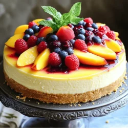 To make this delightful Summer Berry Peach Cheesecake, gather these essential ingredients: - 1 ½ cups graham cracker crumbs - ⅓ cup unsalted butter, melted - 16 oz cream cheese, softened - 1 cup powdered sugar - 2 cups heavy whipping cream - 2 peaches, peeled and sliced - 1 cup mixed berries (strawberries, blueberries, raspberries) - Fresh mint leaves for garnish These ingredients create a creamy and fruity cheesecake that is perfect for warm days. The graham cracker crumbs form a tasty crust, while the cream cheese gives it a rich texture. The peaches and berries add a refreshing twist. If you need alternatives, here are some easy swaps: - Graham cracker crumbs: You can use crushed cookies like Oreos or digestive biscuits. They add a different flavor but still work well. - Fruits: Feel free to use other fruits like cherries, mangoes, or even just berries. They can change the taste and look of your cheesecake. - Sweeteners: If you want it less sweet, try using honey or maple syrup instead of powdered sugar. These substitutions let you make the cheesecake fit your taste or what you have on hand. To prepare this cheesecake, you need some basic tools: - Mixers: An electric mixer makes beating the cream cheese easy and quick. - Mixing bowls: Use large bowls for mixing the cream cheese and whipping cream. - Baking pans: A 9-inch springform pan works best. It allows you to easily remove the cheesecake after it sets. Having the right tools will help you create this beautiful dessert with ease. You can find the full recipe for more detailed steps on how to use these ingredients and tools. To start, gather your ingredients. In a medium bowl, combine the graham cracker crumbs, melted butter, and sugar. Mix until all pieces are coated. This step creates a tasty base for your cheesecake. Next, press the crust mixture into the bottom of a 9-inch springform pan. Make sure it’s even. Once you finish, chill it in the refrigerator while you prepare the filling. This helps the crust firm up. Now, let’s make the filling. In a large mixing bowl, beat the softened cream cheese with an electric mixer until it’s smooth and creamy. Gradually add the powdered sugar and vanilla extract, mixing until everything is well combined. This step adds sweetness and flavor. In another bowl, whip the heavy cream until stiff peaks form. This means it should hold its shape when you lift the whisk. Gently fold the whipped cream into the cream cheese mixture, being careful not to deflate it. This gives your cheesecake a light and fluffy texture. Pour half of the cheesecake filling over your chilled crust. Spread it evenly with a spatula. Next, arrange the sliced peaches on top, followed by half of the mixed berries. Pour the remaining cheesecake filling over the fruit and smooth it out. Top with the rest of the berries. Cover the cheesecake with plastic wrap and refrigerate for at least 4-6 hours, or overnight. Proper chilling is key for the cheesecake to set. When it’s ready, carefully remove the sides of the springform pan. You can now slice and serve your delicious creation! For added color, garnish with fresh mint leaves. Remember, you can find the full recipe [here](insert link). To avoid lumps in your cream cheese mixture, start with softened cream cheese. Beat it well until smooth before adding any sugar. Mix slowly to keep air bubbles in check. For whipping cream to stiff peaks, chill your mixing bowl and beaters first. This helps the cream whip faster. Start on low speed, then gradually increase. Stop when you see firm peaks form. When slicing the cheesecake, use a hot knife. Dip your knife in hot water, then wipe it dry before each cut. This trick gives you clean edges. For a lovely presentation, consider adding garnishes. A drizzle of berry sauce enhances the look. Arrange extra peach slices and berries on top to impress your guests. One common mistake is overmixing the filling. This can lead to cracks. Mix just until smooth for the best results. Another mistake is not chilling the cheesecake long enough. It needs at least 4-6 hours to set properly. For the best texture, aim for overnight chilling. {{image_2}} You can swap out peaches for other seasonal fruits. Try using ripe strawberries, juicy nectarines, or sweet cherries. Each fruit adds its own flavor and charm to the cheesecake. For a berry-only version, simply use a mix of strawberries, blueberries, and raspberries. You can create a berry medley that bursts with flavor. If you want a lighter dessert, choose low-fat cream cheese. You can also use vegan cream cheese for a dairy-free choice. Just check the package for the right amount. For those who prefer a nutty flavor, try cashew cream as a substitute. This keeps the rich texture while adding a unique twist. Serving this cheesecake as individual portions makes it fun and easy. Use small cups or jars for a personal touch. You can also layer it with whipped cream or fruit sauce for extra flair. If you want to incorporate it into other desserts, consider using cheesecake as a filling for pastry or topping on brownies. Each bite will delight your taste buds. For the full recipe, check out the details above. To keep your cheesecake fresh, use an airtight container. This helps to prevent any odors from other foods from affecting its flavor. You can also wrap it tightly with plastic wrap for extra protection. The cheesecake stays fresh in the fridge for about 3 to 5 days. Make sure to check it for any signs of spoilage before serving. You can freeze the cheesecake if you want to store it longer. First, let it cool completely in the fridge. Then, wrap it in plastic wrap and foil to prevent freezer burn. This will keep the cheesecake good for about 2 to 3 months. When you are ready to eat it, move it to the fridge overnight to thaw. Avoid thawing at room temperature, as it can affect the texture. Check for signs of spoilage before enjoying your cheesecake. Look for any discoloration or mold on the surface. If it smells sour or off, do not eat it. The texture should remain creamy and smooth. If it feels grainy or overly watery, it’s best to toss it. Always trust your senses to check for freshness. Making this cheesecake takes about 30 minutes of prep time. After that, you need to chill it for 4 to 6 hours, or better yet, overnight. So, in total, you should plan for about 6 hours. This gives the cheesecake time to set perfectly. Yes, you can make this cheesecake a day ahead. Just keep it covered in the fridge. When you are ready to serve, take it out and garnish it with fresh mint. This way, it stays fresh and tasty. For the best flavor, use strawberries, blueberries, and raspberries. These berries add sweetness and a bit of tartness. You can mix and match based on your favorites. Each berry brings a unique taste, making your cheesecake even more delicious. To make this cheesecake gluten-free, use gluten-free graham cracker crumbs. You can find them in stores. Just swap them for regular crumbs in the crust. This way, everyone can enjoy this tasty dessert. Yes, you can use frozen fruit. Just make sure to thaw and drain it first. This prevents excess juice from making your cheesecake soggy. Frozen fruit is a great option if fresh berries are not available. Enjoy your cheesecake any time of the year! This blog post shared how to make a delicious Summer Berry Peach Cheesecake. We discussed essential ingredients, substitutions, and the tools you need. I provided easy steps for preparing the crust and cheesecake filling. I also included tips for perfect texture and creative serving ideas. Remember, a few simple tricks can help you avoid common mistakes. Enjoy this cheesecake fresh or frozen, and feel free to try different fruit combinations. Now, you're ready to impress with this tasty dessert. Have fun baking!