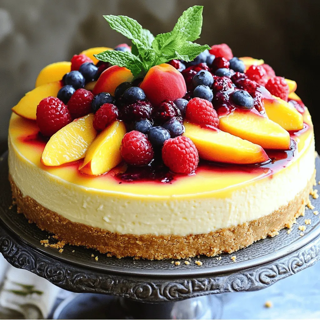 To make this delightful Summer Berry Peach Cheesecake, gather these essential ingredients: - 1 ½ cups graham cracker crumbs - ⅓ cup unsalted butter, melted - 16 oz cream cheese, softened - 1 cup powdered sugar - 2 cups heavy whipping cream - 2 peaches, peeled and sliced - 1 cup mixed berries (strawberries, blueberries, raspberries) - Fresh mint leaves for garnish These ingredients create a creamy and fruity cheesecake that is perfect for warm days. The graham cracker crumbs form a tasty crust, while the cream cheese gives it a rich texture. The peaches and berries add a refreshing twist. If you need alternatives, here are some easy swaps: - Graham cracker crumbs: You can use crushed cookies like Oreos or digestive biscuits. They add a different flavor but still work well. - Fruits: Feel free to use other fruits like cherries, mangoes, or even just berries. They can change the taste and look of your cheesecake. - Sweeteners: If you want it less sweet, try using honey or maple syrup instead of powdered sugar. These substitutions let you make the cheesecake fit your taste or what you have on hand. To prepare this cheesecake, you need some basic tools: - Mixers: An electric mixer makes beating the cream cheese easy and quick. - Mixing bowls: Use large bowls for mixing the cream cheese and whipping cream. - Baking pans: A 9-inch springform pan works best. It allows you to easily remove the cheesecake after it sets. Having the right tools will help you create this beautiful dessert with ease. You can find the full recipe for more detailed steps on how to use these ingredients and tools. To start, gather your ingredients. In a medium bowl, combine the graham cracker crumbs, melted butter, and sugar. Mix until all pieces are coated. This step creates a tasty base for your cheesecake. Next, press the crust mixture into the bottom of a 9-inch springform pan. Make sure it’s even. Once you finish, chill it in the refrigerator while you prepare the filling. This helps the crust firm up. Now, let’s make the filling. In a large mixing bowl, beat the softened cream cheese with an electric mixer until it’s smooth and creamy. Gradually add the powdered sugar and vanilla extract, mixing until everything is well combined. This step adds sweetness and flavor. In another bowl, whip the heavy cream until stiff peaks form. This means it should hold its shape when you lift the whisk. Gently fold the whipped cream into the cream cheese mixture, being careful not to deflate it. This gives your cheesecake a light and fluffy texture. Pour half of the cheesecake filling over your chilled crust. Spread it evenly with a spatula. Next, arrange the sliced peaches on top, followed by half of the mixed berries. Pour the remaining cheesecake filling over the fruit and smooth it out. Top with the rest of the berries. Cover the cheesecake with plastic wrap and refrigerate for at least 4-6 hours, or overnight. Proper chilling is key for the cheesecake to set. When it’s ready, carefully remove the sides of the springform pan. You can now slice and serve your delicious creation! For added color, garnish with fresh mint leaves. Remember, you can find the full recipe [here](insert link). To avoid lumps in your cream cheese mixture, start with softened cream cheese. Beat it well until smooth before adding any sugar. Mix slowly to keep air bubbles in check. For whipping cream to stiff peaks, chill your mixing bowl and beaters first. This helps the cream whip faster. Start on low speed, then gradually increase. Stop when you see firm peaks form. When slicing the cheesecake, use a hot knife. Dip your knife in hot water, then wipe it dry before each cut. This trick gives you clean edges. For a lovely presentation, consider adding garnishes. A drizzle of berry sauce enhances the look. Arrange extra peach slices and berries on top to impress your guests. One common mistake is overmixing the filling. This can lead to cracks. Mix just until smooth for the best results. Another mistake is not chilling the cheesecake long enough. It needs at least 4-6 hours to set properly. For the best texture, aim for overnight chilling. {{image_2}} You can swap out peaches for other seasonal fruits. Try using ripe strawberries, juicy nectarines, or sweet cherries. Each fruit adds its own flavor and charm to the cheesecake. For a berry-only version, simply use a mix of strawberries, blueberries, and raspberries. You can create a berry medley that bursts with flavor. If you want a lighter dessert, choose low-fat cream cheese. You can also use vegan cream cheese for a dairy-free choice. Just check the package for the right amount. For those who prefer a nutty flavor, try cashew cream as a substitute. This keeps the rich texture while adding a unique twist. Serving this cheesecake as individual portions makes it fun and easy. Use small cups or jars for a personal touch. You can also layer it with whipped cream or fruit sauce for extra flair. If you want to incorporate it into other desserts, consider using cheesecake as a filling for pastry or topping on brownies. Each bite will delight your taste buds. For the full recipe, check out the details above. To keep your cheesecake fresh, use an airtight container. This helps to prevent any odors from other foods from affecting its flavor. You can also wrap it tightly with plastic wrap for extra protection. The cheesecake stays fresh in the fridge for about 3 to 5 days. Make sure to check it for any signs of spoilage before serving. You can freeze the cheesecake if you want to store it longer. First, let it cool completely in the fridge. Then, wrap it in plastic wrap and foil to prevent freezer burn. This will keep the cheesecake good for about 2 to 3 months. When you are ready to eat it, move it to the fridge overnight to thaw. Avoid thawing at room temperature, as it can affect the texture. Check for signs of spoilage before enjoying your cheesecake. Look for any discoloration or mold on the surface. If it smells sour or off, do not eat it. The texture should remain creamy and smooth. If it feels grainy or overly watery, it’s best to toss it. Always trust your senses to check for freshness. Making this cheesecake takes about 30 minutes of prep time. After that, you need to chill it for 4 to 6 hours, or better yet, overnight. So, in total, you should plan for about 6 hours. This gives the cheesecake time to set perfectly. Yes, you can make this cheesecake a day ahead. Just keep it covered in the fridge. When you are ready to serve, take it out and garnish it with fresh mint. This way, it stays fresh and tasty. For the best flavor, use strawberries, blueberries, and raspberries. These berries add sweetness and a bit of tartness. You can mix and match based on your favorites. Each berry brings a unique taste, making your cheesecake even more delicious. To make this cheesecake gluten-free, use gluten-free graham cracker crumbs. You can find them in stores. Just swap them for regular crumbs in the crust. This way, everyone can enjoy this tasty dessert. Yes, you can use frozen fruit. Just make sure to thaw and drain it first. This prevents excess juice from making your cheesecake soggy. Frozen fruit is a great option if fresh berries are not available. Enjoy your cheesecake any time of the year! This blog post shared how to make a delicious Summer Berry Peach Cheesecake. We discussed essential ingredients, substitutions, and the tools you need. I provided easy steps for preparing the crust and cheesecake filling. I also included tips for perfect texture and creative serving ideas. Remember, a few simple tricks can help you avoid common mistakes. Enjoy this cheesecake fresh or frozen, and feel free to try different fruit combinations. Now, you're ready to impress with this tasty dessert. Have fun baking!