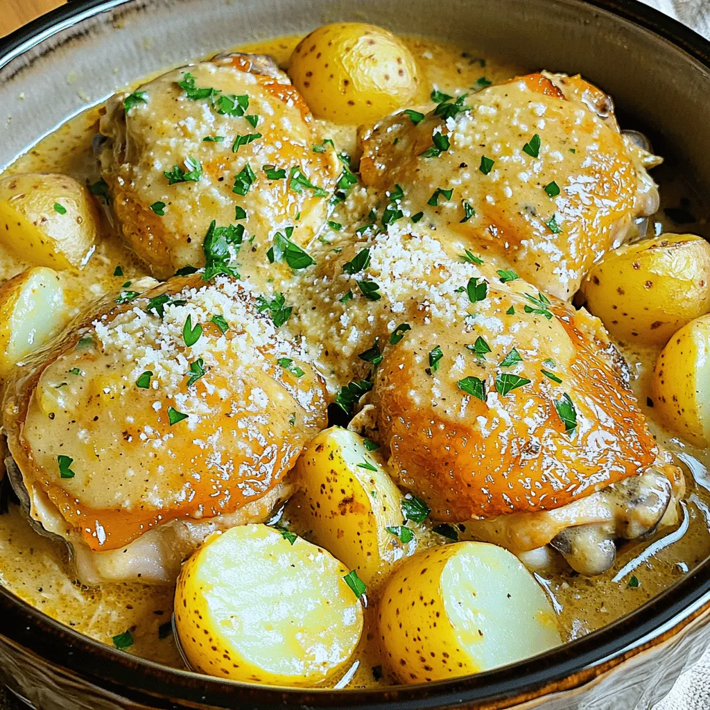 To make Crockpot Garlic Parmesan Chicken and Potatoes, gather these items: - 4 boneless, skinless chicken thighs - 2 pounds baby potatoes, halved - 1 cup grated Parmesan cheese - 4 cloves garlic, minced - 1 teaspoon dried Italian herbs (oregano, basil, thyme) - 1/2 teaspoon crushed red pepper flakes (optional) - 1/2 cup chicken broth - 1/4 cup olive oil - Salt and pepper to taste - Fresh parsley, chopped (for garnish) When measuring, use dry measuring cups for solid ingredients. For liquids, use a liquid measuring cup. Level dry ingredients with a straight edge. This ensures accurate amounts. Use a scale for precise weight if you have one. It helps with consistency in your dishes. If you lack chicken thighs, use chicken breasts instead. They can be just as tasty. For potatoes, you can choose red potatoes or Yukon Golds. Both will work well in this dish. If you want less cheese, reduce the Parmesan to half a cup. You can also add a splash of cream for a richer taste. Fresh herbs can replace dried ones. Just use three times the amount. Start by taking your chicken thighs. Season them with salt and pepper. If you like heat, add crushed red pepper flakes. This gives a nice kick. Make sure to coat the chicken well. Set it aside for a few minutes. Letting it rest helps the flavors sink in. Grab a medium bowl for the sauce. In this bowl, mix together grated Parmesan cheese, minced garlic, and dried Italian herbs. Add olive oil and chicken broth to the mix. Stir until everything combines well. The sauce should be thick and creamy. This mixture is key to making everything tasty. Now, it’s time to layer ingredients in the crockpot. Start with the halved baby potatoes. Spread them out at the bottom. Lay the seasoned chicken thighs on top of the potatoes. Pour the garlic-Parmesan sauce over everything. Make sure to coat it evenly. Cover the crockpot. Cook on low for 6-8 hours or high for 4-5 hours. The chicken will be tender, and the potatoes will be soft. After cooking, gently stir the mix. Adjust seasoning if needed. Finally, sprinkle fresh parsley on top for a bright finish. Enjoy your meal! To get the best chicken texture, choose boneless, skinless thighs. They stay juicy and tender. Season them well before cooking. Use salt, pepper, and crushed red pepper flakes. This adds flavor and a little kick. The crockpot does the magic. Cooking on low for 6-8 hours makes the chicken fall-apart tender. If you are short on time, high heat for 4-5 hours works too. Timing is key when using a crockpot. If you cook on low, plan for 6-8 hours. For high heat, aim for 4-5 hours. Always check the chicken for doneness. It should reach an internal temperature of 165°F. Potatoes should be fork-tender. If you are busy, prep everything in the morning. Let it cook while you go about your day. To boost the dish's flavor, use fresh herbs. You can substitute dried herbs with fresh ones. Add more garlic if you love its taste. A squeeze of lemon juice brightens the flavors too. For a richer taste, consider using chicken stock instead of broth. If you want more spice, add extra crushed red pepper flakes. These small changes can make a big difference in flavor. For the full recipe, refer back to the beginning. {{image_2}} You can add many tasty veggies to this dish. Try carrots, green beans, or bell peppers. These options add color and flavor. Just chop them into bite-sized pieces. Add them to the crockpot with the potatoes. This will make the meal more balanced and fun. If you want to change the protein, you have choices. You can use chicken breasts instead of thighs. They cook well, too. For a twist, try turkey or even pork. Each protein has its own taste and texture. Just be sure to adjust the cooking time, as different meats may need more or less time. If you like heat, you can spice it up. Add more crushed red pepper flakes. If you want it milder, skip the flakes. You can also try adding some diced jalapeños or hot sauce. This way, you can make it just right for your taste. Adjust as you go, so it fits your palate perfectly. After cooking your Crockpot Garlic Parmesan Chicken and Potatoes, let it cool. Store it in an airtight container. This keeps it fresh for up to three days in the fridge. Always label your container with the date you cooked it. Want to save some for later? You can freeze this dish! First, allow it to cool completely. Then, place it in a freezer-safe container or bag. It will stay good for about three months. When ready to eat, just thaw it overnight in the fridge. Reheat your chicken and potatoes on the stove for the best flavor. You can use a medium pan over low heat. If you're in a hurry, the microwave works too. Heat it in short bursts, stirring often to ensure even warming. Add a splash of chicken broth if it seems dry. This keeps the dish moist and tasty. For the full recipe, check out the detailed steps! Yes, you can use frozen chicken thighs. Just add a little extra cooking time. If cooking on low, aim for 8-10 hours. On high, cook for about 5-6 hours. Make sure the chicken reaches 165°F for safety. You may lose some flavor, but it still works well. To make it creamier, add a bit of cream cheese or heavy cream. Stir it in with the garlic-Parmesan sauce before pouring it over the chicken and potatoes. You can also increase the amount of cheese for a richer taste. This gives the dish a nice, smooth texture. Great sides include steamed broccoli, green beans, or a fresh salad. A simple garlic bread also complements the dish well. These sides balance the meal and add color to your plate. For a fun twist, serve it with crusty bread to soak up the sauce. You can find the Full Recipe [here](#). This post covered how to make delicious Crockpot Garlic Parmesan Chicken. We discussed the key ingredients, precise measurements, and useful substitutions. You learned simple steps for preparing chicken, making sauce, and cooking in the crockpot. We shared tips for perfect texture and timing, plus ways to enhance flavors. I also explored tasty variations with different vegetables and proteins, and provided storage guidelines. In closing, this dish is easy, flexible, and great for busy days. Enjoy experimenting with flavors and ingredients that suit your taste best!