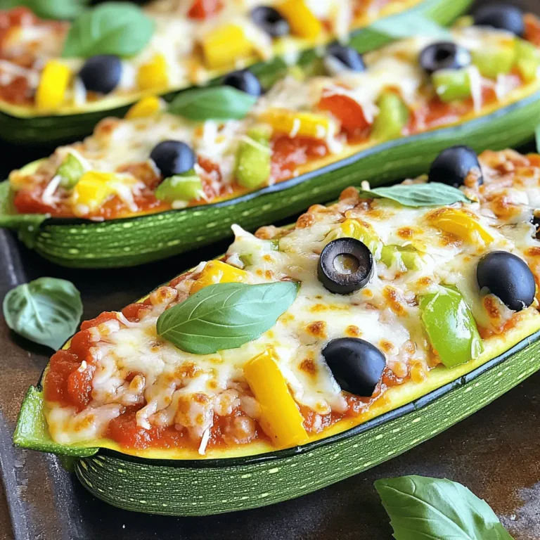 To make zucchini pizza boats, you need a few key items: - 4 medium zucchinis - 1 cup marinara sauce - 1 cup shredded mozzarella cheese - 1/2 cup sliced bell peppers (any color) - 1/2 cup sliced black olives - 1/2 teaspoon Italian seasoning - 1/4 teaspoon red pepper flakes (optional) - Fresh basil leaves for garnish - Salt and pepper to taste These ingredients create a tasty base. The zucchinis act as the boat, holding all the good stuff. You can add more fun flavors to your zucchini pizza boats. Try these: - Cooked ground turkey or beef - Sliced mushrooms - Fresh spinach - Cherry tomatoes - Different cheeses like feta or cheddar Mix and match to find your favorite combo. Adjust seasonings too. You can use garlic powder or onion powder for extra taste. If you have dietary needs, there are easy swaps: - Use gluten-free marinara for a gluten-free option. - Try vegan cheese if you want a plant-based meal. - Swap zucchinis for eggplant or bell peppers for a new twist. Zucchini pizza boats are flexible. You can cater to many diets. They are a fun way to enjoy a meal while staying healthy. If you want the full recipe, just check below. Start by washing the zucchinis well. This helps remove dirt and any chemicals. Next, cut each zucchini in half lengthwise. Use a spoon to scoop out the insides. Make sure to leave about 1/4 inch of flesh. This keeps the boats strong. Place them cut side up on a baking sheet. Lightly season the insides with salt and pepper. This brings out the zucchini's natural flavor. In a bowl, mix together the marinara sauce, Italian seasoning, and red pepper flakes. This sauce adds great taste to your boats. Spoon the sauce generously into each zucchini boat. It should fill them nicely. Next, sprinkle the shredded mozzarella cheese on top. Add sliced bell peppers and black olives for extra flavor. You can customize the toppings to your liking. Now, it's time to bake the zucchini boats. Preheat your oven to 375°F (190°C). Place the baking sheet in the oven and bake for 20 to 25 minutes. Keep an eye on them. You want the zucchinis to be tender and the cheese to be bubbly and golden. When done, remove them from the oven. Let them cool slightly before serving. Garnish with fresh basil leaves for a pop of color and taste. The Full Recipe has all these details covered for you. To cook zucchini just right, pick medium-sized ones. They hold their shape well. Cut them in half lengthwise and scoop out the insides. Leave a bit of flesh for strength. Bake at 375°F for 20 to 25 minutes. This will make them tender but not mushy. Check for doneness by poking with a fork. It should go in easily but feel firm. For great taste, season the zucchini inside with salt and pepper. This adds depth. Mix your marinara sauce with Italian seasoning. Add red pepper flakes for heat if you like it spicy. Layer toppings carefully. Start with sauce, then cheese, and finish with peppers and olives. This helps keep the cheese from burning and gives a nice texture. Make your zucchini pizza boats pop with color! Use fresh basil leaves as a garnish. They add a bright touch. Arrange the boats on a nice plate. Serve them warm for the best flavor. You can drizzle a bit of olive oil on top for shine. This makes the dish look gourmet. For the Full Recipe, check the link! {{image_2}} You can easily make zucchini pizza boats vegetarian. Just use veggies like mushrooms, spinach, or cherry tomatoes. If you want a vegan version, swap out the cheese for plant-based cheese. Nutritional yeast can also add a cheesy flavor. You can mix different herbs for extra taste, too. Basil and oregano work great! Zucchini is naturally gluten-free, making it a smart choice. If you want a heartier base, try adding gluten-free breadcrumbs to the filling. You can also serve the boats with a gluten-free marinara sauce. Always check labels to avoid hidden gluten in sauces or toppings. Kids love fun toppings! Try using mini pepperoni, colorful bell peppers, or even pineapple. You can let kids assemble their own boats. This way, they can choose what they like. Offering a "create your own" meal makes it fun and exciting for them! To store leftover zucchini pizza boats, let them cool first. Place them in an airtight container. You can keep them in the fridge for up to three days. Make sure to cover them well to keep the flavor fresh. When you want to enjoy your leftovers, preheat your oven to 350°F (175°C). Place the zucchini pizza boats on a baking sheet. Heat them for about 10 to 15 minutes. This keeps the cheese melty and the zucchini warm. You can also use a microwave. Heat them for 1 to 2 minutes, but they won’t get crispy. If you want to save zucchini pizza boats for later, freezing is a great option. Let them cool completely. Wrap each boat tightly in plastic wrap. Then, place them in a freezer-safe bag. They can stay in the freezer for up to three months. When you’re ready to eat, thaw them overnight in the fridge before reheating. Enjoy a tasty meal anytime! For the full recipe, check out the detailed instructions. Yes, you can use other vegetables. Eggplant, bell peppers, and squash work well. Cut them in half and scoop out some flesh. This will create a nice boat for your toppings. Each veggie adds its unique flavor. Experiment and find your favorite! To make them ahead, prepare the zucchini and sauce. Cut the zucchinis and scoop them out. Store them in the fridge. You can also mix the sauce and toppings. When you are ready to cook, just fill the boats and bake. This saves time on busy days! Zucchini is low in calories and high in fiber. It helps keep you full longer. The added veggies and cheese provide vitamins and protein. This dish is a healthy way to enjoy pizza flavors without the carbs. You get taste and nutrition all in one! You can find the Full Recipe for Zucchini Pizza Boats in this article. It gives step-by-step instructions and ingredient details. It makes cooking this dish easy and fun! Zucchini pizza boats are fun, healthy, and easy to make. We covered key ingredients, from the basics to tasty toppings. I shared tips for perfect cooking and ideas for kids. Plus, you learned how to store and reheat leftovers. Try these boats for a great meal that can fit any diet. You have the tools to make this dish your own. Enjoy experimenting with flavors and sharing your creations!