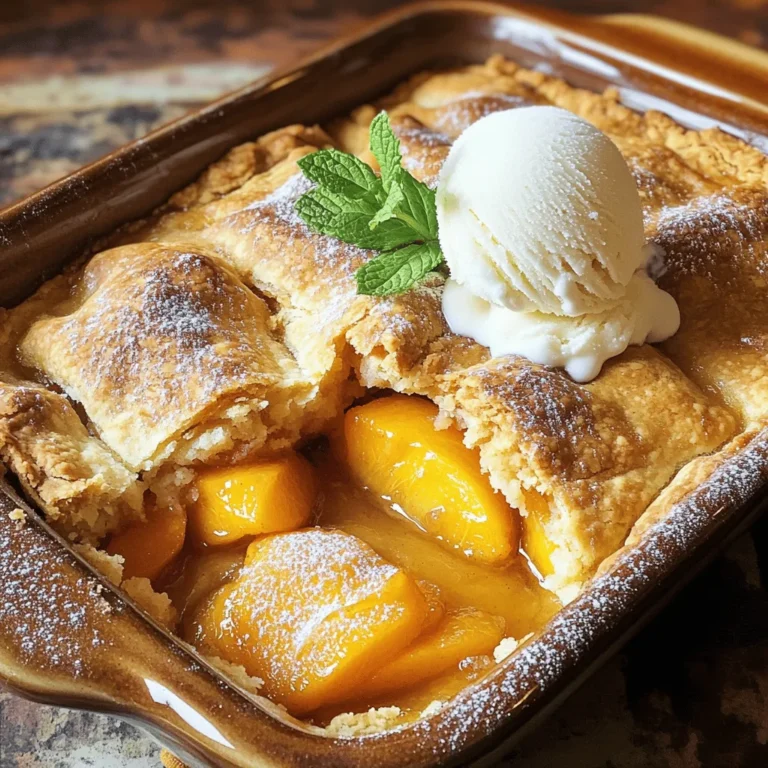 For a great Southern peach cobbler, you need these simple items: - 4 cups fresh peaches, peeled and sliced - 1 cup granulated sugar - 1 teaspoon vanilla extract - 1 teaspoon cinnamon - 1 tablespoon lemon juice - 1 cup all-purpose flour - 1 cup milk - 1/2 cup unsalted butter, melted - 1 tablespoon baking powder - 1/2 teaspoon salt - Additional sugar for sprinkling You can swap some ingredients if needed. Here are a few options: - Use brown sugar instead of granulated sugar for a deeper flavor. - Almond milk can replace regular milk for a dairy-free option. - Coconut oil works well in place of unsalted butter. - You can use gluten-free flour for a gluten-free version. When picking peaches, look for these signs: - Choose peaches that feel slightly soft, but not mushy. - The color should be a rich yellow or golden hue. - Smell the peach; it should have a sweet, fruity aroma. - Avoid peaches with bruises or dark spots. With these ingredients and tips, you can create a peach cobbler that shines! Don't forget to check out the Full Recipe for detailed steps. Start by washing four cups of fresh peaches. Peel them and slice them into thin pieces. Next, place the slices in a mixing bowl. Add half a cup of granulated sugar, one teaspoon of vanilla extract, one teaspoon of cinnamon, and one tablespoon of lemon juice. Stir gently to coat the peaches well. Let them sit for about 15 minutes to marinate. This step helps make the peaches juicy and sweet. While the peaches are marinating, grab a separate bowl. In this bowl, whisk together one cup of all-purpose flour, half a cup of granulated sugar, one tablespoon of baking powder, and half a teaspoon of salt. Mix well to combine. Then, slowly add one cup of milk and half a cup of melted unsalted butter to the dry mix. Stir until the batter is smooth and all ingredients are mixed. Now, preheat your oven to 350°F (175°C). Grease a 9x13 inch baking dish. Pour the batter into the dish, spreading it out evenly. Carefully spoon the marinated peaches and their juices over the batter. Make sure they are evenly spread but not mixed in. Sprinkle a little extra sugar on top for a sweet crust. Bake in the oven for 40 to 45 minutes. The top should turn golden brown. You can check if it's done by inserting a toothpick; it should come out clean. Once baked, let it cool slightly before serving. Enjoy your Southern Peach Cobbler! You can find the Full Recipe for more details. To get a great crust, start with cold butter. Cut it into small pieces before mixing it with the flour. This helps create a flaky texture. You can also chill your mixing bowl for even better results. When you pour the batter into the baking dish, make sure not to overmix. A few lumps are fine; they will bake out. This method gives you the best crust. Peaches can vary in sweetness. Taste them before adding sugar. If they are sweet, reduce the added sugar by half. If they are tart, you might want to add a little more. Remember, you can always sprinkle sugar on top before baking. This creates a nice crust and boosts sweetness. Adjust to your liking, and your cobbler will shine. For serving, I recommend a scoop of vanilla ice cream. It melts into the warm cobbler, making it even more delicious. You can also add whipped cream for extra creaminess. If you want a fresh touch, garnish with mint leaves. A sprinkle of cinnamon on top can add a nice aroma. Serve it warm for the best experience. For the full recipe, check out the details above. {{image_2}} You can switch up the fruit in your peach cobbler for fun flavors. Try adding blueberries, blackberries, or apples. Mix peaches with these fruits for a tasty twist. Use about 2 cups of any combination. Just keep the sugar amount the same for balance. This gives you a new dessert each time! If you need a gluten-free option, don't worry! Substitute all-purpose flour with a gluten-free blend. Many blends work well in this recipe. Just make sure it has xanthan gum for structure. The baking time stays the same. You can still enjoy a warm, delicious cobbler without gluten. To make a vegan version, swap out the butter and milk. Use coconut oil instead of butter to keep it rich. For milk, almond milk or oat milk works great. Replace the eggs with a flaxseed meal mix. Mix one tablespoon of flaxseed meal with three tablespoons of water. Let it sit for a few minutes to thicken. This keeps your peach cobbler tasty and vegan-friendly. Explore the [Full Recipe] for more details on making this delightful treat! To keep your Southern peach cobbler fresh, let it cool first. Then, cover it tightly with plastic wrap or aluminum foil. Store it in the fridge for up to four days. This helps maintain its taste and texture. When you want to eat your leftover cobbler, preheat your oven to 350°F (175°C). Place the cobbler in an oven-safe dish. Cover it with foil to prevent it from getting too brown. Heat it for about 15-20 minutes. If you like, you can microwave individual servings for about 30 seconds to 1 minute. Just be careful, as it may get hot. You can freeze Southern peach cobbler for up to three months. First, let it cool completely. Then, cut it into serving pieces and wrap each piece in plastic wrap. Place the wrapped pieces in a freezer-safe bag. Label the bag with the date. To enjoy, thaw it in the fridge overnight before reheating. This way, you can savor the flavors anytime you want! For the full recipe, check out the detailed instructions above. The best peaches for peach cobbler are ripe, juicy, and sweet. I recommend using freestone peaches. They are easy to slice and pit. Look for peaches that give slightly when you press them. This means they are ripe and ready to use. Yellow peaches are great, but white peaches work too. They add a sweeter taste. Yes, you can use canned peaches if fresh ones are not available. Drain the syrup from the can. You want the peaches to be less watery. This helps keep your cobbler from being soggy. Use about the same amount as fresh peaches. Adjust the sugar if the canned peaches are sweetened. You can tell the cobbler is done when the top is golden brown. A toothpick test works well too. Insert a toothpick into the center; it should come out clean. The edges will bubble, showing the filling is hot. If it jiggles too much, it needs more time in the oven. Yes, you can prepare the peach mixture ahead of time. Store it in the fridge for a day. You can also mix the batter in advance. Just keep it in the fridge too. When you are ready to bake, combine and bake as directed in the Full Recipe. This makes it easy for a busy day! We covered all the key steps to make a great Southern peach cobbler. Remember to choose fresh peaches for the best flavor. You can tweak the sweetness and even try different fruits. Store leftovers properly, so you can enjoy them later. This dish brings joy to any table. Now, gather your ingredients and bake a delicious cobbler today! It’s fun and easy, and you’ll love the result. Enjoy your cooking!