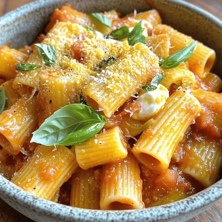 To make the best Pasta alla Sorrentina, you need simple, fresh items. Here’s what you'll need: - 350g pasta (preferably rigatoni or ziti) - 400g canned whole tomatoes (or fresh ripe tomatoes, peeled and chopped) - 2 cloves garlic, minced - 1 small red chili, finely chopped (optional) - 200g fresh mozzarella cheese, diced - 100g grated Parmesan cheese - 3 tablespoons olive oil - Fresh basil leaves, torn - Salt and pepper to taste These ingredients create a delicious dish that sings with flavor. You can add your twist to Pasta alla Sorrentina. Here are some ideas: - Sliced olives for a briny kick - Cooked sausage or chicken for protein - Spinach or kale for extra greens - Sun-dried tomatoes for a sweet touch - Crushed red pepper for heat Feel free to mix and match to suit your taste. While rigatoni and ziti are great, you can use other pasta types too. Here are some good options: - Penne: It holds sauce well. - Fusilli: The twists catch all the flavors. - Spaghetti: A classic choice for a lighter dish. - Farfalle: Adds a fun shape to your meal. Choose the type that you enjoy the most. Each will give a unique twist to your dish. For the full recipe, check out the complete details. First, fill a large pot with water. Add a good amount of salt. Bring it to a boil. Once boiling, add your pasta. I like rigatoni or ziti. Cook it according to the package directions until it's al dente. This means it should be firm but not hard. After cooking, save one cup of pasta water. Drain the rest and set the pasta aside. Next, grab a large skillet. Pour in three tablespoons of olive oil and heat it over medium heat. Add two minced garlic cloves and a small red chili if you want some heat. Sauté these for about one minute. They should smell great but not brown. Now, pour in the canned tomatoes. If you have fresh ones, you can use those too. Crush the tomatoes with a wooden spoon. Season with salt and pepper. Let this simmer for about 10 to 15 minutes. The sauce should thicken slightly. Now it's time to mix everything. Add the drained pasta to your skillet with the sauce. Toss it gently to coat the pasta well. If the sauce feels too thick, add some of that reserved pasta water. This will help achieve a nice consistency. Next, stir in 200 grams of diced mozzarella cheese and half of the grated Parmesan cheese. Mix well until the cheese begins to melt into the sauce. If you want a baked version, this step is for you. Take the pasta mixture and pour it into a baking dish. Top it with the remaining Parmesan and extra mozzarella if you like. Preheat your oven to 180°C (350°F) and bake for about 15 to 20 minutes. Look for a golden, bubbly top. It adds a lovely flavor and texture. For the full recipe, check out the detailed instructions! To get the best flavor in Pasta alla Sorrentina, use fresh ingredients. Fresh tomatoes add brightness. Select ripe ones for the best taste. Use quality olive oil for depth. It enhances the sauce and pasta. Don’t skip the garlic; it adds aroma. For a bit of heat, try a chili. It adds a nice kick without overpowering. One common mistake is overcooking the pasta. Cook it al dente for the best texture. Another mistake is not reserving pasta water. This water helps adjust sauce thickness later. Avoid skipping the cheese mixing step. It creates a creamy, delicious sauce. Lastly, don’t rush the simmering time. Let the sauce thicken nicely for rich flavor. For a beautiful presentation, use deep bowls. Serve the pasta right after cooking. Top with fresh basil leaves for color. A drizzle of olive oil adds shine. You can also sprinkle extra Parmesan on top. This adds flavor and looks great. Remember, we eat with our eyes first! {{image_2}} Pasta alla Sorrentina is a great dish for vegetarians. You can skip the meat and still enjoy all the flavors. Use more vegetables in the sauce. Try adding zucchini, bell peppers, or spinach. These veggies add color and taste without meat. If you want to add protein, consider chicken or shrimp. Cook them first, then mix into the pasta. For a heartier meal, add chickpeas or lentils. They boost protein while keeping it plant-based. Mozzarella is classic for Pasta alla Sorrentina. However, you can try different cheeses for fun. Burrata offers a creamier texture, while goat cheese adds tang. Mixing cheeses can create unique flavors. Experiment with what you like best. Each cheese brings its own charm to the dish. To store leftovers, let the pasta cool down first. Use an airtight container to keep it fresh. You can place it in the fridge for up to three days. Make sure to cover it well to prevent drying out. When reheating, add a splash of water or olive oil. This helps keep the pasta moist. You can use a microwave or a pan on low heat. Stir often to ensure even heating. For best results, heat until steaming but not too hot. If you want to freeze Pasta alla Sorrentina, divide it into portions. Use freezer-safe bags or containers. Remove as much air as possible to prevent freezer burn. It can stay good for up to three months. Thaw it in the fridge overnight before reheating. This makes it easy to enjoy later. For detailed cooking steps, check the Full Recipe. Pasta alla Sorrentina is a classic Italian dish. It comes from Sorrento, a lovely town on the Amalfi Coast. This dish features pasta baked with a rich tomato sauce. It includes garlic, fresh mozzarella, and Parmesan cheese. The pasta is usually rigatoni or ziti. The dish is comforting and full of flavor. Yes, you can make Pasta alla Sorrentina ahead of time. Prepare the dish up to the baking step. Store it in the fridge for up to two days. When ready to eat, just bake it until heated through. The flavors will meld nicely, making it even tastier. I love serving a fresh salad with Pasta alla Sorrentina. A simple arugula salad with lemon vinaigrette works well. Garlic bread is another great choice. It soaks up the delicious sauce. You can also serve roasted vegetables for a healthy touch. Yes, you can use fresh tomatoes instead of canned ones. Choose ripe tomatoes for the best flavor. Peel and chop them before adding to the sauce. Fresh tomatoes will give your dish a bright taste and a lovely texture. Pasta alla Sorrentina combines simple ingredients for a delicious meal. We explored the main ingredients and optional additions. You learned how to cook the pasta, make fresh sauce, and mix them together. Remember, baking adds more flavor. Avoid common mistakes for the best taste. Storage tips ensure your leftovers stay tasty. With vegetarian options and alternative cheeses, there's a version for everyone. Enjoy making this classic dish while impressing friends and family!