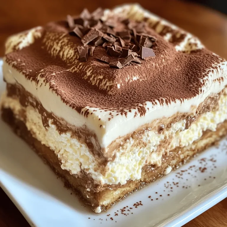 To make a great Cottage Cheese Tiramisu, you need key ingredients. Here’s what you will need: - 2 cups cottage cheese, drained - 1 cup mascarpone cheese - 1/2 cup powdered sugar - 1 teaspoon vanilla extract - 1 cup strong brewed coffee, cooled - 1 tablespoon cocoa powder (for dusting) - 1 package ladyfinger cookies (savoiardi) - 1/4 cup unsweetened cocoa or chocolate shavings (for layering) - A pinch of salt These ingredients work together to create a creamy and rich dessert. You can add some optional ingredients to boost the flavor. Here are some ideas: - A splash of coffee liqueur for depth - Zest of an orange or lemon for brightness - A few drops of almond extract for a nutty taste These extras can make your tiramisu unique and exciting. Not every ingredient is set in stone. Here are some substitutions you can try: - Use Greek yogurt instead of mascarpone for a lighter option. - Swap ladyfingers for sponge cake or even cookies. - Try using flavored coffee for added taste. These swaps allow you to customize your Cottage Cheese Tiramisu to suit your taste. For the complete method, check the Full Recipe. To start, gather your ingredients. You will need two cups of cottage cheese, one cup of mascarpone cheese, half a cup of powdered sugar, one teaspoon of vanilla extract, and a pinch of salt. In a large bowl, mix the cottage cheese and mascarpone together. Add the powdered sugar, vanilla, and salt. Use an electric mixer to blend until the mixture is smooth and creamy. This step is key. A well-blended mixture makes the tiramisu rich and tasty. Next, brew one cup of strong coffee and let it cool. In a shallow dish, pour the cooled coffee. Take a package of ladyfinger cookies and dip each one quickly into the coffee. Be careful not to soak them. You want them moist, but not soggy. Lay half of the dipped ladyfingers in a 9x9 inch dish. Then, spread half of the cheese mixture over the ladyfingers. Smooth it out with a spatula. Sprinkle half of the cocoa or chocolate shavings on top. Repeat the process by adding the remaining ladyfingers and cheese mixture. This layering builds the flavor and texture. After layering, it’s time to chill your tiramisu. Cover the dish and place it in the fridge for at least four hours. For the best taste, let it chill overnight. Before serving, dust the top with cocoa powder for a lovely finish. Cut the dessert into squares and place them on plates. For a beautiful touch, add a sprinkle of cocoa powder and some chocolate shavings on top. This makes your tiramisu not just tasty, but pretty too. For the full recipe, check out the earlier section. To get the best texture for your cottage cheese tiramisu, you need smooth layers. Start by using high-quality cottage cheese. Drain it well to remove excess liquid. Mix it with mascarpone until creamy. Beat the mixture well, but don’t overmix. This balance keeps it light and airy. One common mistake is soaking the ladyfingers too long. Dip them quickly in coffee; they should be moist, not soggy. Another mistake is skipping the chilling time. Letting it chill for at least four hours helps the flavors blend. This wait makes the dessert even better! Presentation matters, especially for desserts. Cut the tiramisu into neat squares for a clean look. Serve it on individual plates with a sprinkle of cocoa powder. Add chocolate shavings on top for extra flair. This simple touch elevates your dessert and impresses your guests. For the full recipe, check out the instructions above. {{image_2}} You can change the taste of cottage cheese tiramisu in fun ways. For a chocolate twist, add cocoa powder directly to the cheese mix. This gives it a rich, deep flavor. You could also use chocolate-flavored ladyfingers. If you prefer fruit, try adding pureed berries or sliced bananas to your layers. A layer of lemon zest can brighten it up too. These changes keep the dessert exciting and fresh. You can make cottage cheese tiramisu fit different diets. For a vegan version, use plant-based cheeses. Look for cashew or coconut-based options. Use vegan ladyfingers or make your own with almond flour. For gluten-free, choose gluten-free ladyfingers. You can also use a gluten-free cake or cookies in place of ladyfingers. These swaps let everyone enjoy this tasty treat. Serving cottage cheese tiramisu can be a chance to get creative. Instead of a large dish, consider individual cups or jars. This makes for a lovely presentation and easier serving. You can also create a trifle by layering it in a clear bowl. This way, guests can see all the layers. Add fresh fruit on top for color and flavor. Serve with a side of coffee or tea for a perfect pairing. After making your cottage cheese tiramisu, you may have some leftovers. Store them in an airtight container. This keeps the dessert fresh. Place the container in the fridge. Enjoy the tiramisu within three days for the best taste. Avoid leaving it at room temperature for too long. The creamy layers need to stay cool to keep their texture. You can freeze cottage cheese tiramisu if you want to save some for later. Cut the tiramisu into portions. Wrap each piece in plastic wrap tightly. Then, place the wrapped pieces in a freezer-safe bag. Mark the bag with the date. You can keep it in the freezer for up to two months. To enjoy, just thaw it in the fridge overnight before serving. Cottage cheese tiramisu stays fresh for three to five days in the fridge. After that, the texture may change. The flavors can also fade. For the best taste, eat it within three days. If you freeze it, use it within two months. This way, you can enjoy its creamy goodness at its peak. Remember, homemade treats always taste best when fresh! For a detailed recipe, check the Full Recipe. Cottage cheese tiramisu is a twist on the classic Italian dessert. It uses cottage cheese for a lighter texture. This makes it a fun and creamy treat. You still get the rich flavors of coffee and cocoa. Each bite is a delicious mix of creamy and crunchy. The ladyfingers soak up the coffee, adding a nice touch. The sweet cheese mixture balances the bitterness of the cocoa. Yes, you can use regular cheese, but the taste will change. Cream cheese is a popular choice, as it is smooth and rich. It will give a different texture, but it can still be tasty. If you want a lighter version, ricotta cheese is another option. It has a mild flavor and works well in desserts. Just remember, each cheese brings its unique taste. To make cottage cheese tiramisu without espresso, you can use brewed coffee. For a caffeine-free option, try using decaf coffee or herbal tea. Simply dip the ladyfingers in your choice of liquid. This keeps the dessert moist and flavorful. You can also add a splash of vanilla or almond extract for extra flavor. This way, you can still enjoy a delicious dessert without the espresso. In this blog post, we explored the delicious world of cottage cheese tiramisu. We discussed essential and optional ingredients, as well as substitutions to suit your taste. You learned the step-by-step instructions to prepare, layer, chill, and serve the dessert. With tips for perfect texture and common mistakes to avoid, you can create a stunning dish. Plus, we touched on various flavor profiles and dietary options. Remember to store any leftovers properly for the best taste later. Enjoy making your own cottage cheese tiramisu!