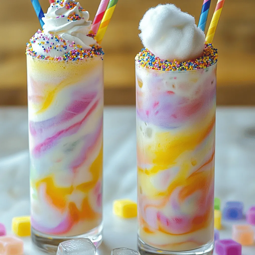 - 2 cups cotton candy (variety of colors) - 1 cup milk (or dairy-free alternative) - 1/2 cup whipped cream - 1 tablespoon vanilla extract - 1 cup ice cubes - Rainbow sprinkles (for garnish) - Optional: Food coloring To make a Cotton Candy Ice Drink, you need simple and fun ingredients. Start with cotton candy. You can pick many colors to make your drink bright and cheerful. Using milk, whether regular or dairy-free, makes the drink creamy. Whipped cream adds a nice touch on top. Vanilla extract gives a sweet flavor that pairs well with cotton candy. Ice cubes keep the drink cold and refreshing. Finally, rainbow sprinkles on top make it look festive. You can also add food coloring if you want to enhance the colors even more. These ingredients come together to create a drink that is both delightful and fun. You can find the full recipe above for detailed steps! - Tear cotton candy into smaller pieces. - Select a mix of colors for visual appeal. To start, gently tear your cotton candy into smaller pieces. This helps the cotton candy blend well with the milk. You can pick a mix of colors like pink, blue, and yellow. A colorful drink catches the eye and makes it fun to enjoy. - Combine cotton candy, milk, and vanilla extract in a blender. - Optional: Add food coloring. Next, take your torn cotton candy and put it in a blender. Add one cup of milk and a tablespoon of vanilla extract. If you want to make it even more colorful, add a few drops of food coloring. Blend on high speed until the cotton candy dissolves into the milk. This step makes the base of your drink sweet and creamy. - Blend with ice cubes until smooth. - Pour into glasses and top with whipped cream and sprinkles. Now it’s time to chill your drink! Add one cup of ice cubes to the blender and blend again until it’s smooth and frothy. You want a texture like a milkshake. Pour the drink into tall glasses. Finish by topping each glass with a generous amount of whipped cream and a sprinkle of rainbow sprinkles. For a fun touch, place a small piece of cotton candy on top as a garnish. Enjoy your Cotton Candy Ice Drink! For the complete recipe, check out the [Full Recipe]. To make your Cotton Candy Ice Drink just right, blend until you get a milkshake-like texture. If it’s too thick, add more milk. If it’s too thin, toss in more ice cubes. You want a creamy drink that feels good to sip. Presentation matters! Serve your drink in clear glasses. Use colorful straws to add fun. Top each drink with a generous dollop of whipped cream. Don’t forget to add rainbow sprinkles for that extra sparkle. A playful piece of cotton candy on top makes it even more inviting. Feel free to get creative! You can try different milk alternatives like almond or oat milk. This will change the flavor and texture. Also, use flavored cotton candy to add a unique twist. Think of options like blue raspberry or watermelon for a fun surprise! For the complete recipe, check out the Full Recipe section. {{image_2}} You can make your Cotton Candy Ice Drink special for any season. For Halloween, try using orange cotton candy. This adds a spooky twist and a fun vibe. Add a sprinkle of edible glitter for some extra sparkle. For spring, pastel colors work great. Use light pink, blue, and yellow cotton candy. This gives your drink a fresh and cheerful look. Want to make a grown-up version? Add flavored liqueurs like peach or raspberry. This adds a tasty kick to your drink. For a creamier texture, switch milk for heavy cream. This makes the drink rich and smooth, perfect for a special treat. If you prefer non-dairy drinks, there are easy swaps. Use almond or coconut milk instead of regular milk. This keeps your drink vegan and still tasty. You can also choose non-dairy whipped cream. This makes your Cotton Candy Ice Drink just as fun for everyone. Try the Full Recipe to create your own delightful treat! - Store leftover cotton candy in an airtight container. This keeps it fresh and dry. - If you want to preserve its fluffiness, keep it away from heat and moisture. Cotton candy can lose its charm quickly if exposed to air. - If you have any prepared Cotton Candy Ice Drink, store it in the fridge. - Try to drink it within 24 hours for the best taste. Over time, the colors may fade and the texture may change. To make this fun drink, you just need a few steps. 1. Tear the cotton candy into small pieces. 2. Blend the cotton candy with milk and vanilla extract. 3. Add ice cubes and blend until smooth. 4. Pour it into glasses, and top with whipped cream and sprinkles. You can find the detailed steps in the Full Recipe section. You can find pre-made Cotton Candy Ice Drinks at some specialty dessert shops. Many theme parks and fairs also serve this drink. Check local cafes that focus on unique drinks. If you want a quick fix, search online for retailers that ship ready-to-drink options. Absolutely! You can try different flavors to mix things up. Think about using strawberry, blue raspberry, or even bubblegum. Each flavor changes the drink's taste and color. Feel free to experiment with your favorites for a unique treat. You now have the tools to make a fun Cotton Candy Ice Drink. We discussed the ingredients, steps for preparation, and tips to perfect your drink. Remember, you can customize it to fit your mood or season. Get creative with colors and flavors! Whether for a party or just a treat for yourself, this drink is sure to impress. Now, gather your ingredients and start blending. Enjoy your colorful and tasty creation!