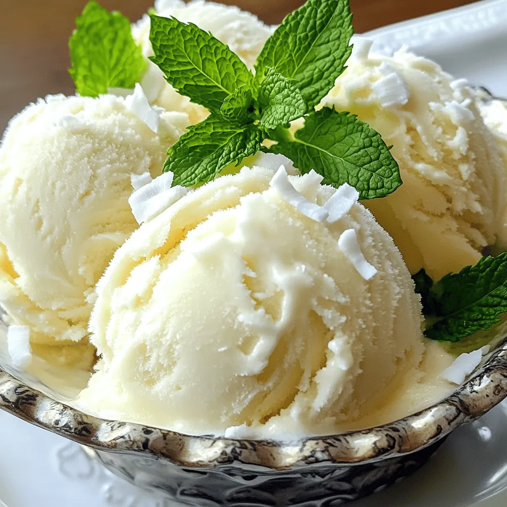 - 1 can (400ml) coconut milk - 1 cup coconut water - ½ cup granulated sugar (or to taste) - 1 teaspoon pure vanilla extract - 2 tablespoons lime juice - A pinch of salt - Fresh mint leaves for garnish (optional) Coconut milk and coconut water are the main stars in this sorbet. They give it a creamy texture and a refreshing taste. You can adjust the sweetness with sugar, which balances the rich coconut flavor. Adding vanilla extract enhances the overall aroma. Lime juice brings a zesty touch, making the sorbet perfect for hot days. - Almond milk or oat milk (for coconut milk) - Agave syrup or honey (for sugar) - Fresh basil or cilantro (for flavor) If you want a dairy-free option, try almond or oat milk. They still taste great and keep it light. For a low-sugar treat, use agave syrup or honey. These sweeteners will blend well with the coconut flavor. You can add fresh herbs like basil or cilantro for a twist on the taste. - About 150 calories per serving - Coconut milk is rich in healthy fats - Vegan and gluten-free Each serving of this sorbet has around 150 calories. Coconut milk is full of healthy fats that can help with energy. This recipe is perfect for vegans and those who avoid gluten. Enjoying it also means you're treating yourself to something fresh and tasty! For the full recipe, visit the Coconut Bliss Sorbet section. Start by mixing the coconut milk and coconut water in a medium bowl. Use a whisk to blend them well. Then, add the granulated sugar. Mix until the sugar dissolves completely. This step is crucial for smooth sorbet. Next, pour in the pure vanilla extract and lime juice. Add a pinch of salt. These flavors make the sorbet better. Mix everything until it's well combined. For a final touch, blend the mixture in a blender for about 30 seconds. This will make it creamy and slightly frothy. If you have an ice cream maker, pour the mixture in it. Follow the maker's instructions. Usually, you will churn it for 20-25 minutes. This will give you a soft-serve texture. If you don’t have an ice cream maker, don’t worry! You can still make sorbet. Pour the mixture into a shallow dish and place it in the freezer. Stir it every 30 minutes for about 3-4 hours. This helps break up ice crystals and makes it smooth. The consistency is key for great sorbet. If you want a soft-serve texture, remove it from the freezer after churning. If you prefer harder sorbet, let it freeze longer. For the best results, check the texture after a few hours. If it feels too hard, let it sit at room temperature for a few minutes. This will make scooping easier. Serve the sorbet in bowls. Garnish with fresh mint leaves if you like. Now, enjoy your delightful coconut sorbet! For the complete process, refer to the Full Recipe. To make the best coconut sorbet, start with your ingredients at the right temperature. Keeping the coconut milk and coconut water cool helps them blend better. If they are too warm, the sorbet can turn icy. Next, test your sweetness levels. Coconut milk can vary in sweetness. Mix in sugar gradually, tasting as you go. You want a balanced flavor that isn’t too sweet. For serving, choose small bowls or elegant cups. The presentation adds to the fun! You can also add a sprig of fresh mint on top. This makes it look fresh and inviting. Pair your sorbet with fruits like mango or pineapple. These bright flavors enhance the coconut. You could also drizzle some chocolate sauce on top for a richer taste. When you make homemade sorbet, store it in an airtight container. This keeps the sorbet fresh and prevents ice crystals. To avoid those pesky crystals, stir the sorbet every 30 minutes while it freezes. This keeps it smooth and creamy. Enjoy your Coconut Bliss Sorbet as a delightful treat! For the full recipe, check out Coconut Bliss Sorbet. {{image_2}} You can make your coconut sorbet more fun by adding flavors. Try mixing in tropical fruits. Mango or pineapple works great. They add a sweet and fruity twist. You can also try chocolate or coffee. Just blend in cocoa powder or espresso for rich taste. Get creative with unique ingredients for your sorbet. Infusing with herbs gives it a fresh kick. Mint or basil can add a nice touch. You can also add spices. Ginger gives warmth, while cardamom adds a lovely aroma. A little goes a long way! There are many dairy-free options for your sorbet. You can use almond milk, oat milk, or cashew milk. Each brings a different flavor. If you want to cut calories, try low-calorie sweeteners. Stevia or monk fruit sweeteners can work well. They keep your sorbet sweet without the extra sugar. For the full recipe, check out Coconut Bliss Sorbet. Enjoy making your own variations! When you seek out coconut sorbet, some brands stand out. They have great taste and quality. Look for these top-rated brands: - Coconut Bliss: Known for rich flavors and organic ingredients. - So Delicious: Offers tasty dairy-free options that are creamy and smooth. - Häagen-Dazs: A classic brand with a luxurious coconut sorbet. To find the best quality, check the label. Look for natural ingredients, no artificial flavors, and eco-friendly packaging. This ensures you enjoy a delicious treat without added chemicals. You have many choices for buying coconut sorbet. Local grocery stores often carry popular brands. Check the frozen dessert aisle. If you want more variety, try specialty shops. They may offer unique, premium options. Online shopping is also a great choice. Websites like Amazon and grocery delivery services have a wide selection. Store-bought coconut sorbet usually costs between $5 and $10 for a pint. Prices may differ based on the brand and store. Making your own coconut sorbet is often cheaper. Plus, you control the ingredients. The [Full Recipe] shows you how to create a tasty treat at home. Enjoying homemade sorbet can be more satisfying than store-bought options. You can make coconut sorbet without an ice cream maker using a simple no-churn method. First, follow the same steps in the Full Recipe to mix your ingredients. Instead of using an ice cream maker, pour the mixture into a shallow dish. Place it in the freezer for about 4 hours. Every 30 minutes, take it out and stir the mixture with a fork. This helps break up ice crystals, keeping it smooth. After about 3-4 hours, your sorbet will be ready to serve! You can boost the flavor of your coconut sorbet with fun mix-ins! Here are some ideas: - Fresh fruit like mango, pineapple, or berries - A splash of rum for a tropical twist - Chocolate chips for a sweet crunch - Fresh herbs like mint or basil - A hint of lime or lemon zest for brightness These additions can make your sorbet even more delightful and unique. Coconut sorbet can last in the freezer for about 2-3 weeks if stored properly. To keep it fresh, place the sorbet in an airtight container. This helps prevent ice crystals from forming. Make sure to keep it at a consistent freezing temperature. If you want to enjoy it later, just scoop it out and let it sit at room temperature for a few minutes before serving. This ensures a smooth, creamy texture. Coconut sorbet is a delicious treat you can customize easily. We covered the main ingredients, preparation steps, and tips for perfecting your sorbet. You learned about flavors, nutritional benefits, and storage. Whether you make it at home or buy it, coconut sorbet can fit any diet. Enjoy experimenting with different fruits and spices. Your coconut sorbet journey starts here, so have fun and enjoy each scoop!
