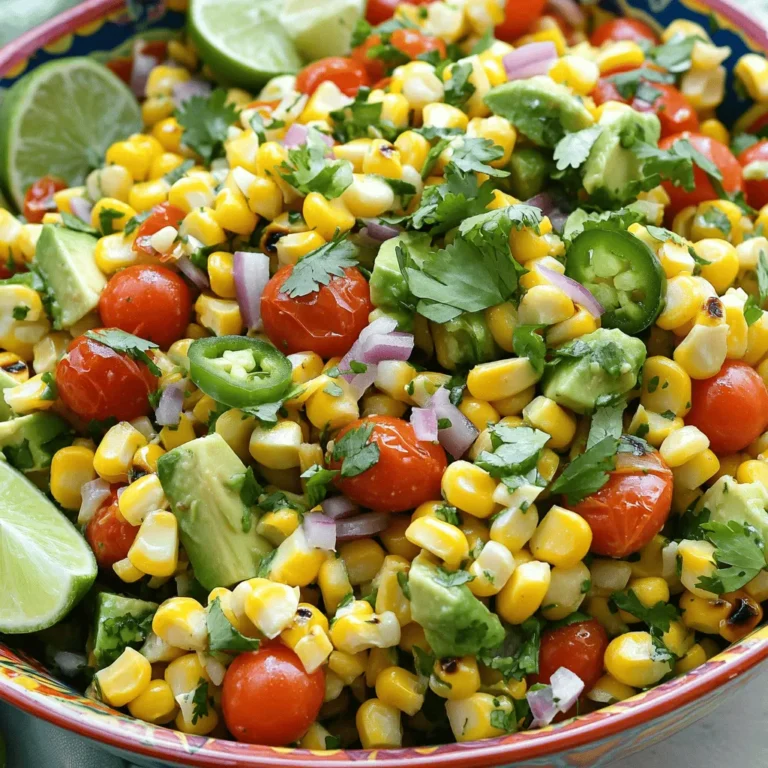 To make a vibrant grilled corn salad, start with high-quality fresh corn. Choose sweet corn, like bi-color or yellow corn, for the best flavor. You will need: - 4 ears of fresh corn, husked - 1 cup cherry tomatoes, halved - 1 avocado, diced - 1 small red onion, finely chopped - 1 jalapeño, minced (remove seeds for less heat) - 1/4 cup fresh cilantro, chopped - 1/4 cup crumbled feta cheese (optional) You can add other veggies or proteins to suit your taste. Consider bell peppers for crunch or black beans for extra protein. The dressing brings the salad to life. Fresh lime juice is best for a zesty kick. Use two limes to get about a quarter cup of juice. Avoid bottled lime juice if you can; it lacks the fresh taste. For the oil, use high-quality olive oil. Extra virgin olive oil works great because it adds a rich flavor. You will need: - Juice of 2 limes - 2 tablespoons extra virgin olive oil - Salt and pepper to taste With these ingredients, you can create a fresh and flavorful grilled corn salad. For more detailed steps, check the Full Recipe. Grilling corn is easy and fun. Start by preheating your grill to medium-high heat. This heat gets the corn nice and charred. Husk the corn, removing all the silk. Place the corn directly on the grill grates. Grill for about 10 to 12 minutes. Turn the corn every few minutes. This ensures even cooking and great grill marks. The kernels should be tender and have a nice char when done. After grilling, remove the corn and let it cool a bit. While the corn cools, chop your other ingredients. In a large bowl, add halved cherry tomatoes, diced avocado, finely chopped red onion, minced jalapeño, and chopped cilantro. Make sure to remove the jalapeño seeds if you want less heat. These ingredients add color and flavor to your salad. Once the corn has cooled, carefully cut the kernels off the cob. Add these kernels to your bowl of veggies. Now it's time to make the dressing. In a small bowl, whisk together the juice of two limes, olive oil, salt, and pepper. Pour this dressing over your corn and veggie mixture. Gently toss everything together until well combined. If you like, add crumbled feta cheese on top for extra flavor. Taste your salad and adjust the seasoning if needed. You can add more lime juice, salt, or pepper to suit your taste. For a beautiful presentation, serve the salad in a colorful bowl. Garnish with extra cilantro leaves and add lime wedges on the side. This adds a lovely touch to your dish. You can find the full recipe for more details. To get perfect grill marks on corn, start with fresh ears. Husk the corn and soak them in water for about 30 minutes before grilling. This helps to keep the corn moist. Place the corn directly on the grill grates over medium-high heat. Turn the corn every few minutes. Aim for a nice char on all sides. You can tell when the corn is done by checking the kernels. They should look bright and plump. You can also poke a kernel with a knife; if it’s tender and juicy, it’s ready. This takes about 10-12 minutes. To add more kick to your salad, consider spices like smoked paprika or cumin. These spices give a warm, earthy flavor. You can also mix in diced bell peppers or black beans for more texture and taste. For serving, this salad works great as a side dish. It pairs well with grilled meats like chicken or fish. If you want to make it a meal, you can add proteins like grilled shrimp or blackened tofu. If you want the full recipe, check out the recipe section. {{image_2}} You can change this salad to fit your taste. Add seasonal vegetables to keep it fresh. Try bell peppers, zucchini, or corn. They all add great colors and flavors. You can also add protein for a heartier meal. Grilled chicken works well, or you can use cooked beans for a tasty option. Chickpeas or black beans add protein and fiber. For a creamy dressing, consider yogurt-based options. These dressings add a nice tang to the salad. You can mix Greek yogurt with lime juice. It will be rich and smooth. If you want a vegan-friendly dressing, try avocado or tahini. These options keep it light and healthy. A simple mix of lime juice and olive oil can also work well. It adds great flavor without dairy. For more ideas, check out the Full Recipe. To keep your grilled corn salad fresh, store it in an airtight container. Place the salad in the fridge. Try to eat it within three days for the best taste. When reheating, do not microwave it. Instead, warm it gently on the stove over low heat. This keeps the flavors bright and the texture nice. Freezing your grilled corn salad is easy. First, separate the components. Freeze the corn, diced avocado, and other veggies in separate bags. Make sure to remove as much air as possible. To thaw, place them in the fridge overnight. When ready to serve, mix them back together. You can add fresh lime juice and olive oil for extra flavor. How to make the salad spicier? You can add more minced jalapeño for extra heat. You can also try adding red pepper flakes. Another option is to mix in a dash of hot sauce. Taste as you go. Adjust to your heat preference. Can I make this salad ahead of time? Yes, you can prepare this salad ahead of time. Just wait to add the avocado and dressing until serving. This keeps the salad fresh and prevents browning. Store the salad in an airtight container in the fridge. Caloric content and health benefits of ingredients This salad is light and nutritious. One serving has about 200 calories. Corn is high in fiber and vitamins. Avocados provide healthy fats. Tomatoes add antioxidants, while cilantro offers fresh flavor. Allergen information for common ingredients Feta cheese can cause issues for people with dairy allergies. If you want a dairy-free option, simply skip the feta. Always check ingredient labels to avoid allergens. This blog post covers how to make a delicious fresh corn salad. We discussed key ingredients, from quality corn to tasty dressings. I shared tips on grilling the corn and mixing the salad for the best taste. You learned about fun variations and how to store leftovers properly. Finally, I answered common questions about making the salad spicier or prepping it ahead. Enjoy experimenting with all the options to make it your own!