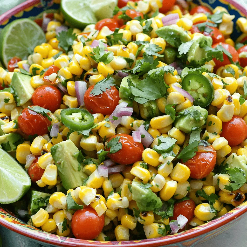 To make a vibrant grilled corn salad, start with high-quality fresh corn. Choose sweet corn, like bi-color or yellow corn, for the best flavor. You will need: - 4 ears of fresh corn, husked - 1 cup cherry tomatoes, halved - 1 avocado, diced - 1 small red onion, finely chopped - 1 jalapeño, minced (remove seeds for less heat) - 1/4 cup fresh cilantro, chopped - 1/4 cup crumbled feta cheese (optional) You can add other veggies or proteins to suit your taste. Consider bell peppers for crunch or black beans for extra protein. The dressing brings the salad to life. Fresh lime juice is best for a zesty kick. Use two limes to get about a quarter cup of juice. Avoid bottled lime juice if you can; it lacks the fresh taste. For the oil, use high-quality olive oil. Extra virgin olive oil works great because it adds a rich flavor. You will need: - Juice of 2 limes - 2 tablespoons extra virgin olive oil - Salt and pepper to taste With these ingredients, you can create a fresh and flavorful grilled corn salad. For more detailed steps, check the Full Recipe. Grilling corn is easy and fun. Start by preheating your grill to medium-high heat. This heat gets the corn nice and charred. Husk the corn, removing all the silk. Place the corn directly on the grill grates. Grill for about 10 to 12 minutes. Turn the corn every few minutes. This ensures even cooking and great grill marks. The kernels should be tender and have a nice char when done. After grilling, remove the corn and let it cool a bit. While the corn cools, chop your other ingredients. In a large bowl, add halved cherry tomatoes, diced avocado, finely chopped red onion, minced jalapeño, and chopped cilantro. Make sure to remove the jalapeño seeds if you want less heat. These ingredients add color and flavor to your salad. Once the corn has cooled, carefully cut the kernels off the cob. Add these kernels to your bowl of veggies. Now it's time to make the dressing. In a small bowl, whisk together the juice of two limes, olive oil, salt, and pepper. Pour this dressing over your corn and veggie mixture. Gently toss everything together until well combined. If you like, add crumbled feta cheese on top for extra flavor. Taste your salad and adjust the seasoning if needed. You can add more lime juice, salt, or pepper to suit your taste. For a beautiful presentation, serve the salad in a colorful bowl. Garnish with extra cilantro leaves and add lime wedges on the side. This adds a lovely touch to your dish. You can find the full recipe for more details. To get perfect grill marks on corn, start with fresh ears. Husk the corn and soak them in water for about 30 minutes before grilling. This helps to keep the corn moist. Place the corn directly on the grill grates over medium-high heat. Turn the corn every few minutes. Aim for a nice char on all sides. You can tell when the corn is done by checking the kernels. They should look bright and plump. You can also poke a kernel with a knife; if it’s tender and juicy, it’s ready. This takes about 10-12 minutes. To add more kick to your salad, consider spices like smoked paprika or cumin. These spices give a warm, earthy flavor. You can also mix in diced bell peppers or black beans for more texture and taste. For serving, this salad works great as a side dish. It pairs well with grilled meats like chicken or fish. If you want to make it a meal, you can add proteins like grilled shrimp or blackened tofu. If you want the full recipe, check out the recipe section. {{image_2}} You can change this salad to fit your taste. Add seasonal vegetables to keep it fresh. Try bell peppers, zucchini, or corn. They all add great colors and flavors. You can also add protein for a heartier meal. Grilled chicken works well, or you can use cooked beans for a tasty option. Chickpeas or black beans add protein and fiber. For a creamy dressing, consider yogurt-based options. These dressings add a nice tang to the salad. You can mix Greek yogurt with lime juice. It will be rich and smooth. If you want a vegan-friendly dressing, try avocado or tahini. These options keep it light and healthy. A simple mix of lime juice and olive oil can also work well. It adds great flavor without dairy. For more ideas, check out the Full Recipe. To keep your grilled corn salad fresh, store it in an airtight container. Place the salad in the fridge. Try to eat it within three days for the best taste. When reheating, do not microwave it. Instead, warm it gently on the stove over low heat. This keeps the flavors bright and the texture nice. Freezing your grilled corn salad is easy. First, separate the components. Freeze the corn, diced avocado, and other veggies in separate bags. Make sure to remove as much air as possible. To thaw, place them in the fridge overnight. When ready to serve, mix them back together. You can add fresh lime juice and olive oil for extra flavor. How to make the salad spicier? You can add more minced jalapeño for extra heat. You can also try adding red pepper flakes. Another option is to mix in a dash of hot sauce. Taste as you go. Adjust to your heat preference. Can I make this salad ahead of time? Yes, you can prepare this salad ahead of time. Just wait to add the avocado and dressing until serving. This keeps the salad fresh and prevents browning. Store the salad in an airtight container in the fridge. Caloric content and health benefits of ingredients This salad is light and nutritious. One serving has about 200 calories. Corn is high in fiber and vitamins. Avocados provide healthy fats. Tomatoes add antioxidants, while cilantro offers fresh flavor. Allergen information for common ingredients Feta cheese can cause issues for people with dairy allergies. If you want a dairy-free option, simply skip the feta. Always check ingredient labels to avoid allergens. This blog post covers how to make a delicious fresh corn salad. We discussed key ingredients, from quality corn to tasty dressings. I shared tips on grilling the corn and mixing the salad for the best taste. You learned about fun variations and how to store leftovers properly. Finally, I answered common questions about making the salad spicier or prepping it ahead. Enjoy experimenting with all the options to make it your own!