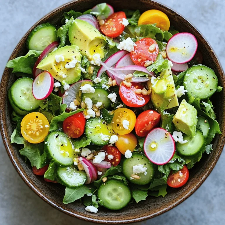 - 4 cups mixed baby greens (spinach, arugula, and spring mix) - 1 cup cucumbers, diced - 1 cup cherry tomatoes, halved - 1/2 cup radishes, thinly sliced - 1 avocado, diced - 1/4 cup red onion, thinly sliced - 1/4 cup feta cheese, crumbled - 1/4 cup sunflower seeds - 1/4 cup olive oil - 2 tablespoons apple cider vinegar - 1 teaspoon honey - Salt and pepper to taste For extra flavor, you can add: - Fresh herbs like basil or parsley - Nuts such as almonds or walnuts - Fruits like strawberries or blueberries Using fresh, high-quality ingredients makes a big difference. Each part adds a unique taste and texture. The baby greens provide a nice base, while the cucumbers and tomatoes bring crispness. Radishes add a peppery kick, and avocado gives a creamy touch. Feta cheese adds a salty flavor, and sunflower seeds give a nice crunch. The dressing is simple but key for great taste. Olive oil, apple cider vinegar, honey, salt, and pepper blend well. Mix them well for a smooth finish. This Spring Fresh Salad Bowl celebrates the season's flavors. You can find the full recipe above for step-by-step details. First, let's mix the salad ingredients. In a large bowl, add: - 4 cups mixed baby greens (spinach, arugula, and spring mix) - 1 cup cucumbers, diced - 1 cup cherry tomatoes, halved - 1/2 cup radishes, thinly sliced - 1 avocado, diced - 1/4 cup red onion, thinly sliced Gently toss these fresh veggies together. You want them to mix well without bruising. The colors should look bright and inviting. Next, we’ll make the dressing. In a small bowl, whisk together: - 1/4 cup olive oil - 2 tablespoons apple cider vinegar - 1 teaspoon honey - Salt and pepper to taste Whisk until the mix is smooth and creamy. This dressing adds a tangy touch to the salad. Now, it's time to toss and serve the salad. Drizzle the dressing over the salad and gently toss it all together. Make sure every piece is coated. This helps the flavors blend nicely. For the final touch, sprinkle: - 1/4 cup feta cheese, crumbled - 1/4 cup sunflower seeds These toppings add a nice crunch and a salty bite. Serve immediately for the best taste and texture. Enjoy your Spring Fresh Salad Bowl! For more details, check out the Full Recipe. Choosing fresh ingredients is key. Look for bright colors and crisp textures. Fresh greens should feel firm and not wilted. Check for ripe tomatoes and firm cucumbers. For slicing vegetables, use a sharp knife. This keeps the pieces neat and helps them hold their shape. Cut cucumbers and radishes into thin slices. Halve cherry tomatoes for a pop of flavor. Dice the avocado carefully to avoid mashing. For serving options, think about presentation. Use a large bowl to show off the colors. You can layer the ingredients for a fun look. Consider adding a sprinkle of herbs for extra flair. This salad pairs well with grilled chicken or fish. You can find the full recipe for the Spring Fresh Salad Bowl to enjoy these tips in action! {{image_2}} You can change this Spring Fresh Salad Bowl to fit your taste. - Vegetarian alternatives: If you want a vegetarian salad, skip the feta cheese. Use a vegan cheese or nuts for added flavor and texture. Try adding more veggies like bell peppers or carrots for extra crunch. - Adding protein options: For a heartier meal, add protein. Grilled chicken, shrimp, or chickpeas work great. These options boost the protein and make it filling. You can even add hard-boiled eggs for a classic touch. - Flavor variations with dressings: Dressings can change the whole dish. A lemon vinaigrette gives a bright taste. A creamy ranch or a balsamic glaze adds richness. You can mix and match to find your favorite flavor. Feel free to get creative! This salad is a blank canvas for your ideas. Use the [Full Recipe] as your base and make it your own. To keep your Spring Fresh Salad Bowl tasty, store it right. - How to store leftover salad: Place any unused salad in an airtight container. This keeps it fresh. If you have leftovers, eat them within one to two days. - Storing dressing separately: Always keep the dressing in a separate container. Mixing it in too early makes the greens soggy. The dressing will last up to a week in the fridge. - Shelf life of ingredients: Most ingredients have a short shelf life. Leafy greens last about three to five days. Cucumbers and radishes can stay fresh for about a week. Avocados should be eaten when ripe, usually within a few days. When you follow these tips, your salad stays fresh and delicious. For the complete recipe, check out the Full Recipe section. How to make a spring fresh salad bowl? To make a spring fresh salad bowl, start with mixed baby greens. You can use spinach, arugula, and spring mix. Next, add diced cucumbers and halved cherry tomatoes. Thinly slice radishes and add diced avocado. Toss in some red onion for extra flavor. Finally, finish with feta cheese and sunflower seeds. For the dressing, mix olive oil, apple cider vinegar, honey, salt, and pepper. Drizzle it over the salad and toss gently to combine. You can follow the Full Recipe for detailed steps. What are the best toppings for spring salads? The best toppings for spring salads include creamy feta, crunchy sunflower seeds, and sliced avocado. You can also add nuts like almonds or walnuts for a nice crunch. Fresh herbs like basil or mint bring great flavor too. For a kick, try sliced jalapeños or pickled onions. The more colorful, the better! Can I make this salad ahead of time? Yes, you can make this salad ahead of time, but keep some things separate. Store the greens and toppings in one container. Put the dressing in a jar and keep it in the fridge. Mix everything together right before serving. This keeps the salad fresh and crisp for you. What variations can I try for a spring salad? You can try many fun variations for a spring salad! Add cooked quinoa for extra protein or chickpeas for a vegetarian option. Swap feta with goat cheese or leave out cheese altogether. For a fruity twist, add sliced strawberries or mandarin oranges. Experiment with different dressings like balsamic or yogurt-based ones for new flavors. This blog post covered how to create a fresh spring salad. We talked about essential ingredients and added options for more flavor. Next, I provided step-by-step instructions to mix, dress, and serve your salad. We shared tips for fresh ingredients and slicing. You learned how to customize your salad with protein and dressing variations. Lastly, I explained the best storage practices to keep your salad fresh. Eating healthy can be simple and enjoyable with these ideas. Enjoy your fresh salad!