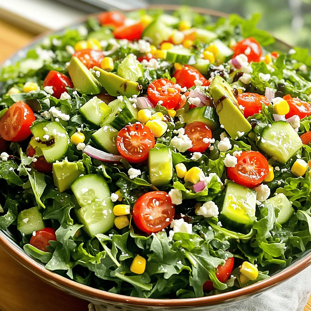 - 2 cups mixed baby greens (arugula, spinach, and kale) - 1 cup cherry tomatoes, halved - 1 cucumber, diced - 1 bell pepper (red or yellow), chopped - 1 cup corn kernels (fresh or canned) - 1 avocado, diced - ¼ red onion, thinly sliced - ¼ cup feta cheese, crumbled - 2 tablespoons fresh basil, chopped - 2 tablespoons olive oil - 1 tablespoon balsamic vinegar - Salt and pepper to taste This recipe serves four. Each serving is light and fresh. You can garnish with extra feta and basil. A drizzle of balsamic reduction makes it look fancy. To keep things easy, I love to prep all the fresh produce before starting. This helps me work fast and enjoy the process. Start by washing and drying the mixed baby greens. I like to rinse them under cold water. After that, spin them in a salad spinner or pat them dry with a clean towel. This step keeps the leaves crisp and fresh. Next, chop and slice the vegetables. Halve the cherry tomatoes and dice the cucumber. For the bell pepper, remove the seeds and chop it into bite-sized pieces. If you have corn, use fresh kernels or canned ones. Drain and rinse canned corn for the best taste. Finally, slice the red onion thinly. Now, layer the ingredients in your large salad bowl. Start with those fresh greens at the bottom. This will hold everything together. Next, add the halved cherry tomatoes, diced cucumber, chopped bell pepper, and corn on top of the greens. Gently fold in the diced avocado. Be careful not to mash the avocado while mixing. It adds a creamy texture to the salad. Then, sprinkle the sliced red onion over the top for a bit of zing. To prepare the dressing, whisk together olive oil, balsamic vinegar, salt, and pepper in a small bowl. This step takes just a minute and adds great flavor. Drizzle the dressing evenly over the salad. Now it’s time to toss everything gently. Make sure all the ingredients get coated. Taste the salad and adjust the seasoning with more salt and pepper if needed. For the full recipe, check out the ingredients list above. Enjoy your fresh summer salad! Choosing ripe tomatoes is key. Look for ones that feel firm and smell sweet. Their color should be bright and even. If you find heirloom tomatoes, grab them! They add unique flavors. Picking fresh herbs makes a big difference. Basil is great for this salad. Smell the leaves; they should smell strong and fresh. Avoid any brown or wilted leaves. Prepping ingredients in advance saves time. Wash and dry your greens early. Chop the veggies and place them in separate bowls. This step makes assembly quick and easy. Using kitchen tools helps speed up prep. A sharp knife cuts through veggies smoothly. A salad spinner quickly dries greens, keeping them crisp. Consider using a mandoline for even slices. Substitutions for ingredients can add a twist. If you don’t have feta, try goat cheese or fresh mozzarella. These swaps keep the salad tasty. Adding a sprinkle of chili flakes can bring heat. Try sunflower seeds or walnuts for crunch. They add texture and healthy fats. {{image_2}} To keep your Garden Fresh Summer Salad exciting, try adding seasonal fruits. Fresh berries or peaches can add a sweet touch. You can also mix in nuts or seeds. Toasted almonds or sunflower seeds add a nice crunch and flavor. Changing the dressing can alter the salad's taste. Use different vinegars like red wine or apple cider. Each vinegar offers a unique zing. If you prefer creaminess, try a yogurt-based dressing. It adds a rich texture and taste. Want to make your salad more filling? Add grilled chicken or shrimp for a protein boost. They bring a savory flavor that complements the fresh veggies. For a vegetarian option, quinoa or beans work well. Both add protein and fiber, making your salad a complete meal. To keep your salad fresh, store it in the fridge. Use an airtight container. If you mixed the salad, it will last for about two days. To keep things crisp, store components separately. For example, keep greens apart from tomatoes and cucumbers. This way, they stay fresh longer. I love preparing salad jars for easy meals. Start by placing the dressing at the bottom. Then add hearty items like cucumbers and bell peppers. Layer the greens on top. This keeps everything from getting soggy. Store jars in the fridge for up to five days. When ready to eat, just shake and enjoy! If you add proteins like chicken or shrimp, you might want to warm them. Reheat proteins gently in the microwave for about 30 seconds. Avoid cooking them too long, or they will dry out. For best results, use a skillet on low heat. This way, your proteins stay tasty and moist. To make this salad vegan, you can swap out the feta cheese. Use a plant-based cheese or omit it entirely. For the dressing, replace the regular balsamic vinegar with a vegan-friendly option. You can also use lemon juice for a fresh twist. This keeps the salad tasty and vibrant without dairy. If you have leftover ingredients, don’t throw them out! You can create a veggie stir-fry. Just sauté the extra bell peppers, corn, and onion for a quick dish. Another idea is to make a refreshing salsa. Combine diced tomatoes, cucumber, and onion with some lime juice. You can serve this over grilled fish or chicken. You can prepare this salad ahead of time! Wash and chop all your veggies and store them in the fridge. Keep the dressing separate to avoid sogginess. Assemble the salad just before serving for the best taste and texture. You can store everything for up to two days in airtight containers. This blog post shows you how to make a tasty garden fresh summer salad. We covered all the important ingredients, step-by-step instructions, and useful tips. Fresh produce gives the best flavor, while different dressings add variety. Remember to store leftovers properly to keep them fresh. Enjoy experimenting with new flavors and ingredients. You can make this salad your own, depending on what you like. Happy cooking!