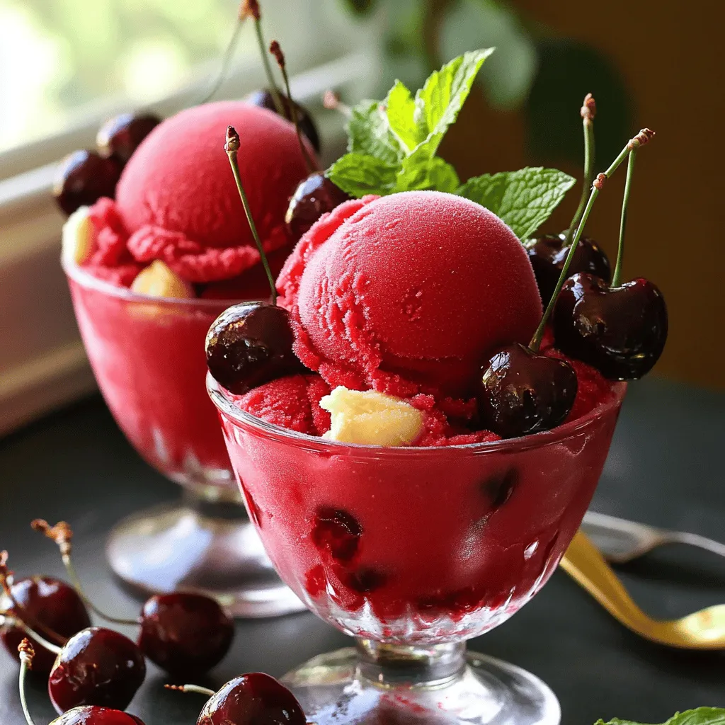 To make No Churn Cherry Cola Sorbet, you will need: - 2 cups fresh or frozen cherries, pitted - 1 cup cherry cola (non-caffeinated if preferred) - 1/2 cup granulated sugar - 1 tablespoon lemon juice - 1 teaspoon vanilla extract - A pinch of salt These basics create a sweet and fruity sorbet that is fun and easy to make. You can add some fun garnishes to make your sorbet special. Here are a few ideas: - Fresh cherries - Mint leaves - Whipped cream - Chocolate shavings Garnishes can add color and flavor to your dessert. They make it look nice, too! To make this sorbet, you will need a few simple tools: - Blender or food processor - Shallow dish for freezing - Fork for scraping - Measuring cups and spoons These tools will help you create a smooth and tasty sorbet. Make sure you have them ready before you start! For the full recipe, you can check the detailed instructions above. Enjoy making your refreshing treat! To make No Churn Cherry Cola Sorbet, start with fresh or frozen cherries. You need two cups of these cherries, pitted. Next, pour in one cup of cherry cola. I suggest using non-caffeinated cola for a smoother taste. Blend these two ingredients until they are nice and smooth. After that, add half a cup of granulated sugar. This will sweeten the sorbet. Don't forget to also add one tablespoon of lemon juice, one teaspoon of vanilla extract, and a pinch of salt. Blend this mixture again until everything is mixed well. Taste it! If you want it sweeter, add more sugar and mix again. Pour this vibrant mixture into a shallow dish. Spread it evenly to help it freeze well. Now, let’s freeze the mixture. Place the dish in the freezer for about two hours. After two hours, check on it. Use a fork to scrape the mixture. This breaks up any ice crystals. Scraping helps keep the sorbet fluffy. Return the dish to the freezer and freeze for another two hours. Repeat the scraping process every hour. This extra step gives your sorbet the best texture. Overall, freeze for about six hours until it is solid. Once your sorbet is frozen, let it sit out for a few minutes. This helps it soften a bit for easier scooping. I like to serve mine in chilled bowls or glass cups. For a fun touch, garnish with fresh cherries or mint leaves. This adds color and makes it look fancy. Enjoy your refreshing treat! For the complete recipe, check the Full Recipe section. You can change the sweetness to fit your taste. If you like it sweeter, add more sugar. Blend the mixture and taste it. If it’s too sweet, add more cherries or lemon juice. This will balance the flavors. You can also use a different soda if you want a unique twist. To keep your sorbet smooth, scrape it often while it freezes. After two hours, use a fork to mix it well. This breaks up any ice crystals. Repeat this every hour. The more you scrape, the fluffier your sorbet will be. To boost the cherry cola taste, add a splash more of cherry cola during blending. You can also mix in cherry juice for extra fruit flavor. A hint of vanilla really brings out the cola notes. Don’t forget the pinch of salt; it makes all the flavors pop. For the full recipe, check out the section above. {{image_2}} You can swap cherries for other fruits. Try ripe strawberries, blueberries, or raspberries. Each fruit brings its own taste. For a peach twist, use fresh peaches. Just pit and chop them before blending. This keeps the recipe easy and fun. You can mix different fruits too. Mixing berries creates a tasty blend of flavors. Adding herbs or spices can change the game. Fresh mint adds a cool touch. Just toss in a few leaves when blending. Another option is cinnamon. It adds warmth and a new flavor. A little goes a long way, so use it sparingly. You can even try basil for a unique twist. It works well with many fruits. You can use various sodas in this recipe. Try a vanilla soda for a creamy taste. Ginger ale adds a zing and pairs well with fruit. If you're feeling adventurous, use root beer for a fun twist. Each soda gives the sorbet a different taste. Just remember to adjust the sugar if the soda is sweet. For the full recipe, check out the No Churn Cherry Cola Sorbet above! To store leftover sorbet, place it in an airtight container. This keeps it fresh and prevents freezer burn. Make sure to leave some space at the top. Sorbet expands as it freezes. If you have a lot left, you might want to divide it into smaller containers. This way, you can enjoy small servings later. When freezing sorbet, use a shallow dish. This helps it freeze evenly. After blending, spread the mixture out smoothly. Check it every hour and scrape it with a fork. This keeps it fluffy and light. If you notice it becoming hard, a quick stir can help. The sorbet lasts about two weeks in the freezer. After that, it may lose flavor and texture. For best taste, enjoy it within a week. Always check for ice crystals. If they form, the sorbet might not be as creamy. Keep it covered to minimize ice build-up. For the full recipe, follow the steps carefully to ensure the best result. Yes, you can use other sodas! Ginger ale, root beer, or lemon-lime soda can work well. Each type will change the taste. For example, root beer gives a unique flavor twist. Just keep the ratio similar. Use about one cup of soda for two cups of fruit. It’s a fun way to experiment! You can keep the sorbet in the freezer for up to three weeks. After that, it may lose some taste and texture. Make sure to cover it well. Use an airtight container to avoid freezer burn. If it gets too hard, let it sit out for a few minutes before serving. Yes, you can make this sorbet without sugar! Use natural sweeteners like honey or agave syrup. You can also try sugar-free soda. Taste the mixture as you go. Adjust the sweetness to your liking. Just remember, less sugar may change the texture a bit. The sorbet might not be as creamy, but it will still taste great! For the full recipe, check out the section above. Making No Churn Cherry Cola Sorbet is easy with the right ingredients and steps. You learned about essential tools, how to make it creamy, and tips to improve flavor. You can adjust sweetness or switch up fruits. Remember, storing sorbet well helps keep it fresh. Enjoy your sorbet as a fun treat! It’s a simple way to cool off while being creative in the kitchen.