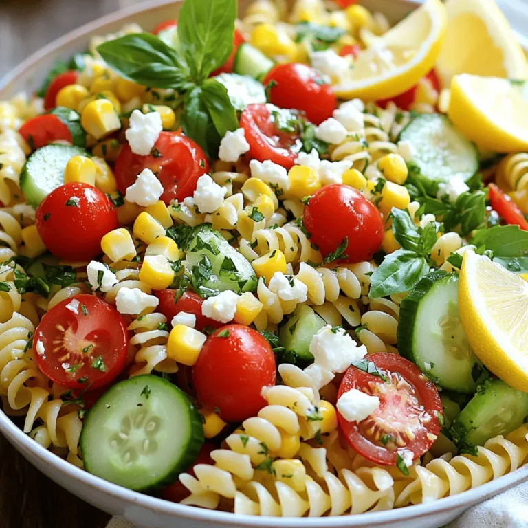 - 2 cups rotini pasta - 1 cup cherry tomatoes, halved - 1 cucumber, diced - 1 cup sweet corn (fresh or canned) - 1 red bell pepper, diced - ½ red onion, finely chopped - ½ cup feta cheese, crumbled - ¼ cup fresh basil, chopped - ¼ cup fresh parsley, chopped - ¼ cup olive oil - 2 tablespoons fresh lemon juice - 1 teaspoon Dijon mustard - 1 clove garlic, minced - Salt and pepper to taste You can swap the rotini pasta with any pasta you like, such as penne or farfalle. If you want a dairy-free option, try using cashew cheese or tofu instead of feta. For seasonal vegetables, feel free to use zucchini, asparagus, or bell peppers based on what's fresh. When choosing tomatoes, go for ripe ones that feel firm and smell sweet. Fresh herbs add bright flavor, so always choose them over dried when you can. For olive oil, pick a high-quality extra virgin oil to enhance your vinaigrette. Start with a large pot of salted water. Bring it to a boil on high heat. Once boiling, add 2 cups of rotini pasta. Cook it until it is al dente, which usually takes about 8 to 10 minutes. Al dente means the pasta should be firm to the bite. After cooking, drain the pasta and rinse it under cold water. This stops the cooking process and cools it down for your salad. While the pasta cooks, chop your vegetables. Use a sharp knife for clean cuts. Dice the cucumber, red bell pepper, and onion evenly. Halving the cherry tomatoes makes them pop in your salad. If you use fresh corn, cook it in boiling water for 3 to 5 minutes. Then cool it under cold water too. Timing is key; chop veggies while the pasta cooks to save time. In a small bowl, combine the vinaigrette ingredients. Start with ¼ cup of olive oil and 2 tablespoons of fresh lemon juice. Add 1 teaspoon of Dijon mustard and 1 clove of minced garlic. Whisk these together until they blend well. This is called emulsification. Taste your vinaigrette and adjust the salt and pepper. If it needs more acidity, add a bit more lemon juice. If you have leftovers, store it in a sealed jar in the fridge for up to a week. The full recipe is easy to follow and perfect for summer gatherings! To make your summer pasta salad even better, think about adding proteins. Grilled chicken or shrimp work great. These ingredients give your salad a hearty touch. Different cheeses can also change the flavor. Try using mozzarella or goat cheese for a unique taste. Each cheese brings a different creaminess and tang. Don't forget to add crunchy elements. Nuts or seeds can give your salad a nice texture. Try toasted sunflower seeds or pine nuts for a fun twist. Serving your salad can be a fun part of the meal. Use a chilled bowl to keep it fresh. You can also garnish with extra basil leaves. Lemon wedges on the side add a bright look. Think about how you want to plate it. A large bowl is great for sharing. Individual plates can make it feel fancy. Get creative with garnishing. Use a spiralizer for cucumber or radish ribbons. This adds a visual flair that impresses guests. Pre-making your salad is easy and smart. Prepare it a few hours in advance. This helps the flavors blend well together. Keep in mind the best timeframes for flavor absorption. Let it sit in the fridge for at least 30 minutes. The longer it sits, the stronger the taste. To enhance flavors during refrigeration, use an airtight container. This keeps the ingredients fresh and prevents sogginess. You can even toss in a little extra vinaigrette before serving for a flavor boost. For the full recipe, check out the details above. Enjoy your summer pasta salad! {{image_2}} You can easily make this salad fit your diet. To ensure a vegetarian meal, you can leave out the feta cheese. For a vegan option, substitute it with crumbled tofu or nutritional yeast. These options add flavor and protein. Legumes are a great way to boost protein too. Chickpeas or black beans mix well with the pasta and veggies. They add a nice bite and make the salad heartier. Seasonal veggies can change the dish. Try adding zucchini, asparagus, or bell peppers based on what’s fresh. Mixing up the veggies keeps it exciting and tasty. The lemon vinaigrette is a classic, but don’t stop there. You can try other vinaigrettes like balsamic or raspberry. They add a sweet twist and change the whole flavor. If you like creamy dressings, consider ranch or Caesar. These can make the salad rich and filling. Light dressings are also an option. They keep the dish fresh and bright, perfect for hot days. Infused oils can really amp up the flavor. Garlic or chili oil can add a kick. Just a drizzle can make a big difference. You can take this pasta salad in fun new directions. For a Mediterranean style, add olives, artichokes, and sun-dried tomatoes. They bring a rich flavor and a taste of the sun. For a Mexican twist, use black beans, corn, and diced jalapeños. A sprinkle of lime juice and cilantro will brighten it up. Asian pasta salad ideas can include sesame oil and soy sauce. Toss in edamame, shredded carrots, and green onions. This gives the dish a unique flavor and colorful look. You can find the Full Recipe to explore all these tasty variations! To keep your summer pasta salad fresh, use airtight containers. Glass containers work best. They help keep your salad crisp and flavorful. Store it in the fridge right after serving. This salad stays good for about 3 to 5 days. Check for freshness before eating. You can freeze some pasta salads, but not all. This salad is best enjoyed fresh, but you can freeze the pasta without the veggies. For best results, freeze it in portions. When ready to eat, thaw it overnight in the fridge. Reheat gently on the stove for flavor. Avoid the microwave to keep the textures nice. After refrigeration, your salad may need a flavor boost. Squeeze some fresh lemon juice over it. You can also add a splash of olive oil. Fresh herbs like basil can revive the taste. If the pasta feels dry, add a little vinaigrette. Remember, some textures change after storage. If the veggies soften, consider adding crunchy ones like fresh cucumber before serving. For the full recipe, check out the Refreshing Summer Pasta Salad. Summer Pasta Salad lasts about 3 to 5 days in the fridge. Make sure you store it in an airtight container. Always check for any off smells or changes in texture before eating leftovers. Yes, you can easily make this salad vegan. Simply replace the feta cheese with a plant-based option. You can also skip the cheese entirely and add more veggies or nuts for flavor and texture. To make your pasta salad more filling, add protein-rich ingredients. Grilled chicken, chickpeas, or beans work great. You can also toss in some avocado or nuts for healthy fats and added texture. Rotini pasta is a great choice for pasta salad. Its shape holds dressing and ingredients well. Other good options include penne, fusilli, or farfalle. Choose any pasta you enjoy! While this salad is best served cold, you can serve it warm if you prefer. Just toss in the vinaigrette right after cooking the pasta. Warm pasta can absorb flavors nicely. You can pair many types of vinaigrettes with this salad. A balsamic vinaigrette adds a sweet touch. A garlic-infused vinaigrette can enhance the flavors too. Feel free to experiment with your favorites! For the full recipe, check out the detailed instructions on how to create this delightful dish. This blog post covered essential ingredients, cooking methods, flavor tips, and variations for a summer pasta salad. You learned about pasta types and how to prep fresh veggies. I shared tricks for storing leftovers and enhancing flavors. Embrace creativity in your kitchen. Make this salad your own! Experiment with new ingredients and dressings. Enjoy the freshness and flavor of your summer dish. Happy cooking!