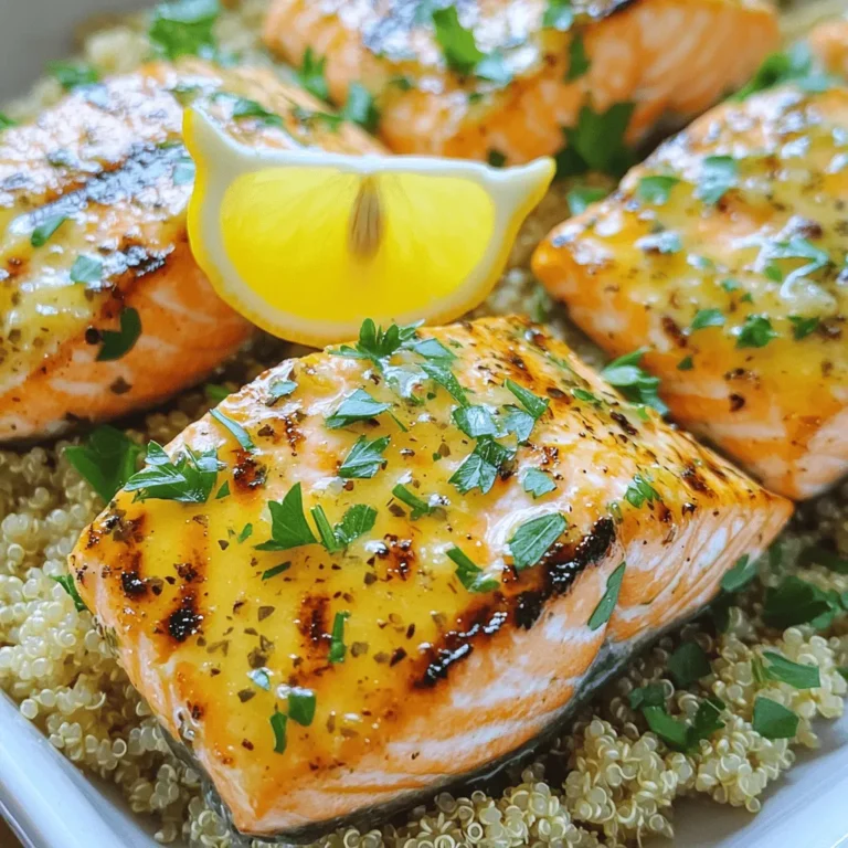 For this dish, you need: - 4 salmon fillets (about 6 ounces each) - 2 tablespoons olive oil - Zest and juice of 2 lemons - 2 cloves garlic, minced - Salt and pepper to taste - 1 teaspoon dried oregano - 1 teaspoon dried thyme - Fresh parsley for garnish These ingredients work together to create a bright and tasty flavor. The lemon juice adds a fresh zing. The garlic gives depth, while the herbs bring warmth to the dish. For the quinoa, gather: - 1 cup quinoa, rinsed - 2 cups vegetable broth or water - 1 tablespoon olive oil - 1 tablespoon lemon juice - 1/4 cup fresh parsley, chopped - Salt and pepper to taste Quinoa is a great base for this meal. It is light and packed with nutrients. The vegetable broth boosts the flavor, while the lemon juice and parsley add freshness to the dish. You can add some extra touches: - Lemon wedges for serving - Extra fresh herbs like dill or basil - A sprinkle of red pepper flakes for heat These garnishes make the meal look pretty and add more flavor. They can take your Lemon Grilled Salmon from good to great! For the complete recipe, check out the Full Recipe. Start by mixing the marinade. In a small bowl, whisk together: - 2 tablespoons olive oil - Zest and juice of 2 lemons - 2 cloves garlic, minced - Salt and pepper to taste - 1 teaspoon dried oregano - 1 teaspoon dried thyme This mix gives the salmon a bright flavor. Place the salmon fillets in a shallow dish. Pour the marinade over the salmon. Make sure all fillets are coated. Cover the dish and put it in the fridge for at least 30 minutes. This step is key for flavor. While the salmon marinates, prepare the quinoa. In a medium pot, bring 2 cups of vegetable broth or water to a boil. Rinse 1 cup of quinoa under cold water. Add the rinsed quinoa to the boiling liquid with a pinch of salt. Reduce the heat to low, cover, and let it simmer for about 15 minutes. The quinoa is done when it is fluffy and the liquid is absorbed. Once cooked, remove from heat. Stir in: - 1 tablespoon olive oil - 1 tablespoon lemon juice - 1/4 cup fresh parsley, chopped Season with salt and pepper to taste. This herbed quinoa pairs well with the salmon. Now, it's time to grill. Preheat your grill to medium-high heat. Take the salmon out of the marinade. Place the fillets on the grill skin-side down. Grill for about 5-7 minutes per side. The salmon is done when it flakes easily with a fork. Keep an eye on it to avoid overcooking. This simple grilling method locks in the flavors from the marinade. Enjoy the delicious Lemon Grilled Salmon with Herbed Quinoa after cooking. You can find the Full Recipe for more details. Grilling salmon can be easy and fun. Start by preheating your grill to medium-high heat. This ensures even cooking. Place the salmon skin-side down on the grill. Use a grill basket if you worry about sticking. This also helps keep the fillets intact. Avoid flipping too soon; let it grill for about 5-7 minutes. Lemon is your friend here. The zest and juice add brightness. Use fresh herbs like parsley for a pop of flavor. Olive oil helps keep the fish moist and tasty. A sprinkle of salt and pepper brings everything together. If you like a little spice, add a pinch of red pepper flakes. This can give your salmon a nice kick! To check if your salmon is done, look for a few signs. The fish should be opaque and flake easily with a fork. If you have a food thermometer, the thickest part should read 145°F. This means it’s safe to eat. Don’t worry if it looks slightly pink; it can still be moist and delicious. {{image_2}} You can switch up the marinade for your lemon grilled salmon. Instead of lemon, try lime juice. You can also add honey for a sweet touch. A mix of soy sauce and ginger gives a nice Asian flavor. If you want a spicy kick, add crushed red pepper or chili flakes. These changes keep your dish fresh and exciting. Quinoa is great, but you can use other grains too. Brown rice or farro are good choices. They add a different texture, which is fun. You can even try couscous for a softer bite. If you prefer, serve the salmon with a simple green salad instead. This keeps it light and healthy. You can mix and match side dishes with lemon grilled salmon. Roasted vegetables add color and flavor. Try asparagus, bell peppers, or zucchini. A creamy potato salad gives a nice contrast. If you want something quick, serve with garlic bread. Each side adds its own charm to your meal. To keep your leftover salmon fresh, wrap it tightly in plastic wrap or foil. Place it in an airtight container. Store it in the fridge for up to three days. This helps maintain its flavor and texture. If you want to keep it longer, freezing is a great option. To freeze your salmon, first let it cool completely. Wrap each piece in plastic wrap, then cover with aluminum foil. This double layer prevents freezer burn. You can freeze salmon for up to three months. When you are ready to eat it, thaw it in the fridge overnight for best results. When reheating salmon, do it slowly to keep it moist. Preheat your oven to 275°F (135°C). Place the salmon in a baking dish and cover it with foil. Heat for about 15 minutes or until warmed through. You can also use a microwave, but be careful not to overcook it. Enjoy your delicious lemon grilled salmon again! For a full recipe, check out the details above. You should marinate the salmon for at least 30 minutes. This time allows the flavors to soak in well. If you have more time, marinating for 1 hour gives even better taste. Just keep it in the fridge while it marinates. Yes, you can use fresh herbs. They add a bright and vivid flavor. Use 3 times more fresh herbs than dried. For example, if the recipe calls for 1 teaspoon of dried oregano, use 1 tablespoon of fresh oregano. You can serve lemon grilled salmon with many sides. Herbed quinoa goes great with it. Roasted vegetables or a fresh salad also pair nicely. Rice or mashed potatoes are good options too. Check for doneness by looking at the color. Cooked salmon turns from bright pink to a light pink or opaque color. It should flake easily with a fork. The internal temperature should reach 145°F (63°C) for safe eating. Lemon grilled salmon with herbed quinoa is a delicious choice. We covered the main ingredients and the best ways to cook them. You learned marinating, grilling, and cooking tips to enhance flavor. Experiment with different marinades and side dishes to find your favorites. Store leftovers properly for future meals, and reheat them to keep them tasty. Enjoy making this dish and share it with friends and family. Keep grilling and have fun in the kitchen!