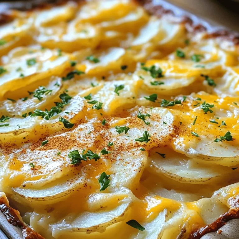 - 4 large russet potatoes, thinly sliced - 2 cups heavy cream - 1 cup whole milk - 2 cups sharp cheddar cheese, shredded - 1 cup Gruyère cheese, shredded - 3 cloves garlic, minced - 1 tablespoon fresh thyme leaves - 1 tablespoon fresh parsley, chopped - 1 teaspoon onion powder - 1 teaspoon salt - 1/2 teaspoon black pepper - 1/4 teaspoon paprika (for garnish) - 2 tablespoons unsalted butter (for greasing the baking dish) When I make my copycat steakhouse potatoes au gratin, I always choose russet potatoes. Their starchy texture makes them perfect for this dish. I slice the potatoes thinly. This helps them cook evenly and get creamy. For the creamy base, I combine heavy cream and whole milk. The mix gives a rich taste. I add sharp cheddar and Gruyère cheeses for depth. Cheddar brings a tangy flavor while Gruyère adds nuttiness. Next, I chop fresh herbs. Thyme and parsley brighten the dish. Garlic gives it a warm, comforting smell. Onion powder, salt, and pepper round out the flavors. A sprinkle of paprika on top adds a nice color. - 9x13 inch baking dish - Mixing bowls - Whisk - Knife and cutting board Having the right tools is key. A 9x13 inch baking dish is perfect for the layers. Mixing bowls help me combine the creamy base. A whisk ensures everything blends well. A sharp knife and cutting board make slicing potatoes easy. - Fresh herbs (parsley, thyme) - Additional shredded cheese Garnishing makes the dish look fancy. I like to add fresh herbs for color. Extra cheese on top creates a delicious crust. These little touches make the dish even more special. For the full recipe, don’t forget to check out the instructions! - Preheat the oven to 375°F (190°C). - Grease the baking dish with unsalted butter. First, I preheat my oven. This ensures even cooking. I set it to 375°F (190°C). Next, I take unsalted butter to grease my baking dish. I use a paper towel or my fingers to coat the bottom and sides well. This helps prevent sticking. - Arrange the sliced potatoes, cream mixture, and cheese layers. Now, I start layering the dish. I take my thinly sliced russet potatoes and spread half of them in the bottom of the greased dish. I make sure to overlap them a bit. Then, I pour half of my creamy mixture over the potatoes. I want to cover them well. After that, I sprinkle half of the shredded cheddar and Gruyère cheese on top. I repeat this process with the remaining potatoes, cream, and cheese. I finish with a nice layer of cheese at the top. This will get golden and bubbly as it bakes. - Cover with foil and bake for the initial 45 minutes. - Remove foil and continue baking for 20-25 minutes. I cover the baking dish with foil. This keeps the moisture in. I bake it for 45 minutes. Then, I carefully remove the foil. I bake it again for an extra 20 to 25 minutes. I watch for the top to turn golden brown. This gives a nice crisp finish. After baking, I let it sit for about 10 minutes. This resting time helps the layers set. For the final touch, I sprinkle some fresh parsley and paprika on top. The dish is now ready to serve! You can find the full recipe for details on the ingredients and exact steps. To make a creamy cheese sauce, start with heavy cream and whole milk. This mix gives the sauce richness. Heat the milk and cream together gently. Stir in the cheese slowly. This helps it melt well without clumping. For cheese, I love sharp cheddar and Gruyère. Both add great flavor. You can mix different cheeses too. Try mozzarella for stretchiness or feta for a tangy kick. Just keep the total cheese amount the same. Even slices make sure the potatoes cook the same. If some slices are thick, they take longer to cook. Thin slices get soft and creamy, while thick ones stay firm. Use a sharp knife or a mandoline for even slices. A mandoline cuts quickly and evenly, which saves time. If you have one, it’s a great tool for this dish. Potatoes au gratin pair well with many main dishes. I love serving them with steak, chicken, or roasted vegetables. They add a rich, creamy touch to any meal. For garnishing, fresh herbs are a nice touch. Sprinkle chopped parsley or thyme on top before serving. You can also add a pinch of paprika for color. It makes the dish look even more appetizing! For the full recipe, check out the Full Recipe section. {{image_2}} You can boost the flavor of your potatoes au gratin. One tasty option is to add bacon bits. Crispy bacon gives a nice crunch and a smoky taste. Another idea is to mix in herbs and spices. Try rosemary for a fragrant touch or smoked paprika for a deeper flavor. If you want to swap cheeses, you have options. For a milder taste, use Monterey Jack instead of cheddar. If you can't find Gruyère, fontina works well too. For those who prefer a dairy-free version, look for vegan cheese made from nuts or soy. These can melt and provide creaminess, just like traditional cheese. Want to make your dish more colorful? Add some vegetables like spinach or mushrooms. These veggies add nutrients and enhance the flavor. You can also layer in proteins like shredded chicken. This makes the dish heartier and perfect for a full meal. To store leftover potatoes au gratin, let them cool first. Place the dish in the fridge within two hours of cooking. Use an airtight container to keep them fresh. Glass or plastic containers with tight lids work best. Make sure to separate any layers with parchment paper to avoid sticking. To reheat, use the oven for best results. Preheat it to 350°F (175°C). Place the potatoes in an oven-safe dish. Cover with foil to keep moisture in. Heat for about 20-30 minutes. For a crisp top, remove the foil for the last 5-10 minutes. This way, you keep the creamy inside warm and the top golden. If you want to freeze potatoes au gratin, first let them cool completely. Cut them into portions and wrap each piece tightly in plastic wrap. Then, place them in a freezer-safe bag or container. This helps prevent freezer burn. To thaw, move the dish to the fridge overnight. To reheat from frozen, bake at 350°F (175°C) for about 45-60 minutes, covered, then uncover to crisp the top. For the full recipe, check out the complete guide! Yes, you can prepare this dish ahead of time. Just follow the steps until you layer the potatoes. Then, cover the dish and put it in the fridge. You can bake it the next day. Just add a few extra minutes to the baking time. This way, you save time and still enjoy great taste. I recommend using russet potatoes for this recipe. They have a nice starchy texture. If you want, you can also try Yukon Gold potatoes. They add a buttery flavor. Both types give you that creamy, dreamy texture you crave in potatoes au gratin. Leftovers stay fresh in the fridge for about 3 to 5 days. Make sure to keep them in an airtight container. This helps keep the flavors locked in. When you're ready to eat, just reheat in the oven or microwave. Enjoy that cheesy goodness again! This blog post detailed how to make a tasty potatoes au gratin. We covered ingredients like russet potatoes, heavy cream, and cheese. You learned steps for preparing, layering, and baking. Tips helped you get the best cheese sauce and slice potatoes right. We explored variations and smart ways to store leftovers. In conclusion, this dish combines flavor and comfort. With a few simple swaps, you can make it your own. Enjoy experimenting and sharing this dish with others. Your kitchen adventure with potatoes au gratin awaits!