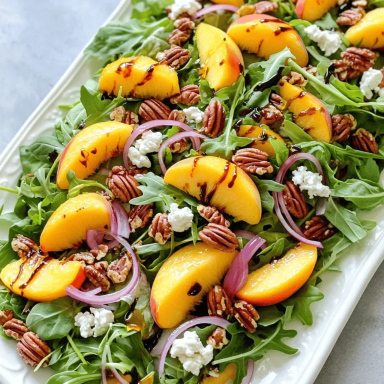 - Ripe peaches - Arugula or mixed greens - Red onion - Fresh basil leaves - Goat cheese - Candied pecans - Balsamic glaze - Olive oil - Salt and pepper Using fresh, quality ingredients makes this salad shine. Start with ripe peaches. Look for peaches that are soft but not too mushy. They should smell sweet and fragrant. Next, choose arugula or mixed greens. Arugula has a peppery taste that pairs well with sweet peaches. Mixed greens can add variety and texture. Red onion adds a crunchy bite. Slice it thinly for a sharp flavor that won’t overpower. Fresh basil leaves bring an aromatic touch to the dish. For the creamy element, crumbled goat cheese is perfect. Its tanginess balances the sweetness of the peaches. Candied pecans add a delightful crunch and sweetness. They bring the entire salad together. Now, for dressing, balsamic glaze gives a rich, sweet finish. Olive oil adds smoothness. Don’t forget salt and pepper for seasoning. These ingredients combine to create a fresh and flavorful experience. This is a crucial part of the Millionaire Peach Salad. For the full recipe, please refer to the complete list above. - Wash and slice the peaches. - Combine greens and red onion in a large bowl. First, you need to wash the peaches under cool water. This step is key for freshness. After washing, slice the peaches into wedges. Set them aside for later. Next, take your greens, like arugula or mixed greens, and add them to a large bowl. Then, thinly slice the red onion and toss it in with the greens. This mix adds a nice crunch and flavor. - Drizzle with olive oil and season. - Toss gently to coat. Now, drizzle olive oil over the greens and red onion. Add a pinch of salt and pepper for flavor. Toss the ingredients gently to coat them evenly. This simple dressing brings out the salad's natural flavors. - Layer greens and peaches. - Top with goat cheese and pecans. - Finish with balsamic glaze. For assembly, arrange the dressed greens on a large platter or individual plates. Layer the peach slices on top. This makes the salad look colorful and inviting. Next, sprinkle the crumbled goat cheese and candied pecans generously on the salad. They add creaminess and crunch. Finally, drizzle balsamic glaze over the entire salad. The glaze adds a sweet touch that ties everything together. Enjoy your fresh and flavorful Millionaire Peach Salad! For more details, check the Full Recipe. - Use ripe peaches for the best taste. Sweet, juicy peaches make the salad shine. - Consider using flavored balsamic glaze. It adds a unique twist to your dish. - Serve on a large white platter. This highlights the vibrant colors of the salad. - Add extra garnishes for visual appeal. A few basil leaves or peach slices elevate the look. - Pair with a light white wine. A crisp wine complements the salad’s flavors. - Serve as a side or main dish. This salad works well for lunch or dinner. Enjoy it with family and friends. For the complete recipe, check the Full Recipe section. {{image_2}} You can change the fruit based on the season. Substitute ripe peaches with strawberries or figs. Both fruits add a sweet touch. You can also adjust the greens. Try using kale or spinach when they are fresh. This keeps the salad vibrant and tasty. Want a vegan version? Simply omit the goat cheese. The salad will still be yummy without it. For extra crunch, use nuts or seeds. Sunflower seeds or walnuts work great. These add texture and flavor to your dish. Dressing can change the whole taste of your salad. Experiment with different vinaigrettes. A simple lemon vinaigrette adds a fresh zing. You can also try adding citrus juices. Orange or lime juice brightens the salad and enhances its flavors. To keep your Millionaire Peach Salad fresh, store the parts separately. This helps them stay crisp. Use airtight containers for each component. For example, place the arugula, peaches, goat cheese, and candied pecans in their own containers. For the best taste, consume the salad within 1-2 days. This keeps the flavors bright. Avoid adding dressings until you are ready to serve. This way, the greens won’t get soggy. You typically do not reheat this salad. It tastes best cold. If you need to refresh it, simply chill it in the refrigerator for a bit. This will restore its freshness without cooking it. Millionaire Peach Salad is a bright and tasty dish. It combines fresh peaches, arugula, goat cheese, and candied pecans. This salad has a sweet and savory flavor. The balsamic glaze adds a nice touch. The mix of textures makes it fun to eat. You get crisp greens and soft cheese. Each bite brings joy. This salad is perfect for summer meals or special gatherings. You can prep parts of the salad before your meal. Slice the peaches and store them in a bowl with lemon juice. This keeps them fresh and bright. You can also mix the greens and red onion in another bowl. Keep the cheese and pecans separate until you serve. Wait to add the dressing until just before serving. This way, your salad stays crisp and tasty. Yes, you can use canned peaches, but keep in mind the taste. Canned peaches are softer and sweeter. They may not have the same crunch as fresh ones. If you use canned peaches, drain them well. This helps avoid extra juice in your salad. Fresh peaches give a brighter flavor and better texture. If you can, try to use fresh peaches for the best salad. If you don't have goat cheese, there are good options. Feta cheese gives a nice salty flavor. Ricotta is creamy and mild, making it a good choice. You can also try blue cheese for a sharper taste. Each cheese brings its own style to the salad. Choose based on your taste and what you have on hand. Yes, Millionaire Peach Salad is gluten-free. All the ingredients in this salad do not contain gluten. Peaches, greens, goat cheese, and nuts are safe for gluten-free diets. Just check the labels on any store-bought items, like balsamic glaze. Some brands may add gluten, so it’s best to confirm. Enjoy this salad worry-free if you follow a gluten-free diet. This blog post covered how to make a lovely Millionaire Peach Salad. We detailed the fresh ingredients, step-by-step instructions, and tips for flavor and presentation. Consider ripe peaches and creamy goat cheese for the best taste. Don’t hesitate to mix it up with seasonal fruits or different dressings. This salad is simple yet elegant, perfect for any meal. Enjoy it fresh and share it with others!