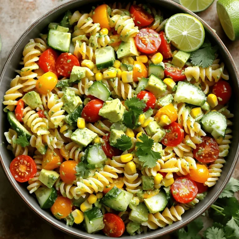 To make a delicious cilantro lime pasta salad, you need these fresh ingredients: - 8 oz rotini or fusilli pasta - 1 cup cherry tomatoes, halved - 1 cup cucumber, diced - 1 bell pepper (red or yellow), diced - ½ cup red onion, finely chopped - 1 cup corn kernels (fresh or frozen) - 1 avocado, diced - ½ cup fresh cilantro, chopped - Juice of 2 limes - 3 tablespoons olive oil - 1 teaspoon garlic powder - Salt and pepper to taste This simple list brings together bright colors and flavors. Each ingredient adds a unique touch to your salad. If you want to switch things up, there are easy alternatives. You can try these swaps: - Use penne pasta instead of rotini or fusilli. - Swap cherry tomatoes for grape tomatoes or even diced regular tomatoes. - Instead of cucumber, try diced bell peppers or zucchini. - Use green onions in place of red onion for a milder taste. - Frozen corn works well if fresh corn is not available. - For a creamier texture, add Greek yogurt or sour cream. These options help you create a salad that suits your taste. Using fresh ingredients makes a big difference in flavor. Fresh produce has a crispness that frozen often lacks. However, frozen vegetables can work well too. They are convenient and often just as nutritious. When using fresh items, look for bright colors and firm textures. For frozen options, make sure they are not mushy. If you choose frozen corn, just thaw it before adding to the salad. This way, you keep the salad light and refreshing. You can find the full recipe for cilantro lime pasta salad in the earlier sections. Enjoy your cooking adventure! Start by boiling a large pot of salted water. This helps flavor the pasta. Add 8 oz of rotini or fusilli pasta. Cook it according to the package instructions. You want it to be al dente, which means it should be firm but not hard. Once done, drain the pasta and rinse it under cold water. This cools it down and stops the cooking process. In a large mixing bowl, combine your fresh ingredients. Add 1 cup of halved cherry tomatoes, 1 cup of diced cucumber, and 1 diced bell pepper. You can use red or yellow bell pepper. Next, add ½ cup of finely chopped red onion and 1 cup of corn kernels. You can use fresh or frozen corn. Lastly, fold in 1 diced avocado and ½ cup of chopped cilantro. This mix brings color and crunch to the salad. In a small bowl, whisk together your dressing. Start with the juice of 2 limes. This gives the salad its tangy flavor. Add 3 tablespoons of olive oil for richness. Then, mix in 1 teaspoon of garlic powder, salt, and pepper to taste. Taste the dressing and adjust it if needed. Pour the dressing over the pasta salad and toss gently. Make sure every ingredient gets coated. Finally, chill in the refrigerator for at least 30 minutes. This allows the flavors to blend nicely. For the full recipe, check the earlier section. To make the best cilantro lime pasta salad, focus on your pasta. I love using rotini or fusilli because they hold the dressing well. Cook the pasta until it is al dente. This means it should still have a slight bite. After cooking, rinse it under cold water. This step cools the pasta and stops it from cooking more. Adding fresh veggies is key. Use ripe cherry tomatoes and a crunchy cucumber. I like to add red bell pepper for sweetness and color. The red onion gives a nice bite, while corn adds sweetness. Don’t forget the avocado! It adds creaminess and richness. Mix these fresh ingredients gently to keep the avocado intact. Presentation matters! Serve the salad in a big bowl to show off the colors. I like to sprinkle extra cilantro leaves on top. This adds a fresh look and aroma. Lime wedges on the side are a nice touch. They invite guests to add more zest if they like. For a casual setting, serve it with a big spoon. For a more formal occasion, use small individual bowls. This gives each guest their own serving. Timing is everything for flavor. After you mix the salad, chill it in the fridge for at least 30 minutes. This wait lets the flavors blend well. If you can, let it sit longer. I often prepare it a few hours ahead of time. Just keep it covered in the fridge. This way, you enjoy a burst of fresh flavors with each bite. For the freshest taste, avoid adding the avocado until right before serving. This keeps it from browning and mushy. Always taste before serving and adjust the lime juice or salt as needed. This will make your salad shine! For more detailed steps, check out the [Full Recipe]. {{image_2}} You can add protein to make your Cilantro Lime Pasta Salad heartier. Some great options include: - Grilled chicken, diced - Shrimp, cooked and peeled - Black beans, drained and rinsed - Chickpeas, drained and rinsed Each protein will add a new flavor. Chicken gives a nice grilled taste. Shrimp adds a sweet touch. Beans will boost fiber and protein. For a vegan twist, swap out the avocado for more veggies. Try using: - Extra cucumber or bell pepper - Sun-dried tomatoes for a tangy bite - Nuts like almonds or walnuts for crunch These options keep your salad bright and fresh. You can also use tofu for a protein hit. Tofu works well in salads and soaks up flavors nicely. Want to add some kick? Spice up your salad with these ideas: - Jalapeños for heat - Red pepper flakes for a warm touch - A splash of hot sauce in the dressing These will enhance the flavor and make it exciting. Adjust the spice to your liking. Start small, then taste and add more if needed. Store your Cilantro Lime Pasta Salad in an airtight container. This keeps it fresh. Place it in the fridge right after serving. Use it within three days for the best taste. If you notice any browning on the avocado, just scoop it off. The flavors will still be great! Freezing this pasta salad is tricky. The fresh veggies and avocado do not freeze well. If you want to save some, try freezing just the pasta. Cook and cool it, then pack it tightly in a freezer bag. When you're ready, thaw it and mix it with fresh veggies and dressing. Each ingredient in your salad has a different shelf life: - Pasta: Dried pasta lasts for years if stored in a cool, dry place. - Cherry tomatoes: Use them within a week for the best flavor. - Cucumber: They stay fresh for about a week in the fridge. - Bell pepper: Lasts about one week when kept cold. - Red onion: Can last two weeks when stored well. - Corn: Fresh corn is best used within three days. Frozen corn can last months. - Avocado: Use ripe avocado within one to two days. - Cilantro: Fresh cilantro lasts about five days in the fridge. - Lime juice: Fresh lime juice lasts about a week. Keeping track of these times helps you enjoy your salad at its freshest! For the full recipe, check out the details above. You can make this salad a day before. Cook the pasta and cool it. Mix all the veggies and dressing separately. Combine them right before serving. This keeps everything fresh and crunchy. If you leave it too long, the avocado may brown. To avoid this, add the avocado last. Yes, you can use other herbs! Basil or parsley work well. They add a nice twist. If you want a kick, try mint. Each herb brings its own unique flavor. Experimenting with herbs can make your salad special. Cilantro lime pasta salad pairs well with grilled chicken or shrimp. It’s also great with tacos or quesadillas. For a lighter side, serve it with a fresh fruit salad. This dish shines at picnics and barbecues. It’s bright, fresh, and complements many meals. If you want to dive deeper into the recipe, check out the Full Recipe for detailed steps and tips! This blog post showed you how to create a tasty Cilantro Lime Pasta Salad. We covered ingredients, cooking steps, and helpful tips. I shared ways to mix in proteins and make it vegan. You learned how to store leftovers and keep them fresh. In the end, this salad is easy, tasty, and flexible. Enjoy making your own version with fresh flavors. You’ll impress everyone at your next meal!