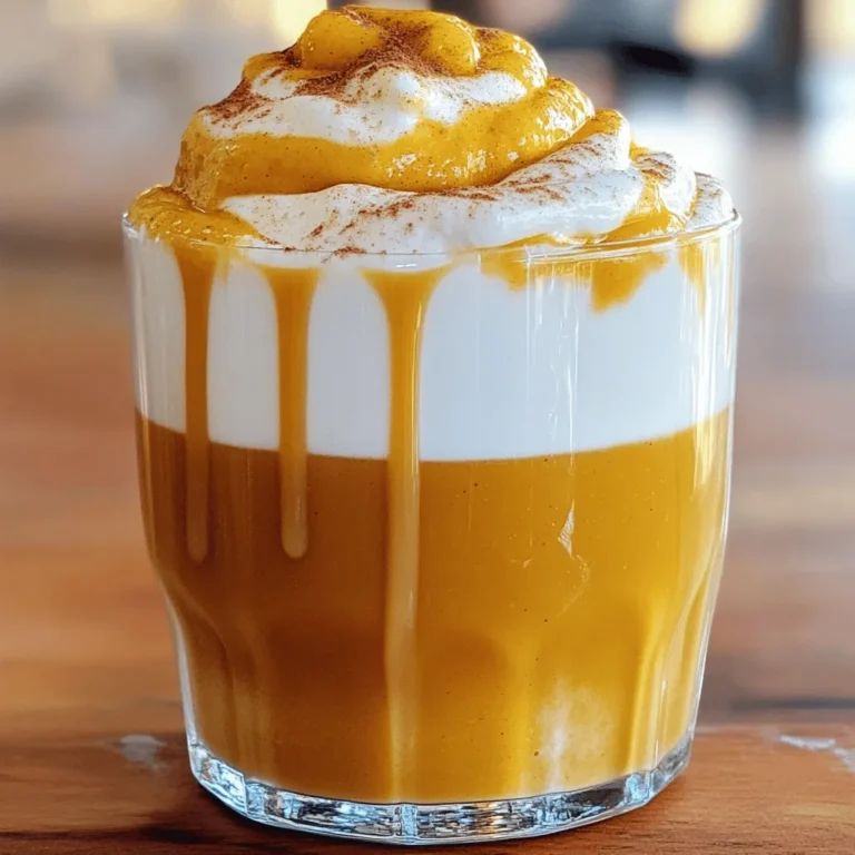 - 1 cup heavy cream - 1/2 cup pumpkin puree - 1/4 cup powdered sugar The main ingredients set the base for your ultimate pumpkin cold foam. Heavy cream adds richness. Pumpkin puree brings the fall flavor. Powdered sugar adds sweetness to balance the taste. - 1 teaspoon vanilla extract - 1 teaspoon pumpkin pie spice - Pinch of salt Flavor enhancers elevate your foam. Vanilla extract gives a warm note. Pumpkin pie spice adds that cozy holiday taste. A pinch of salt ensures the flavors pop. - 1/2 cup milk (dairy or non-dairy) While optional, milk makes your foam lighter. You can use dairy or non-dairy options. Almond, oat, or coconut milk are great choices. The milk froths well, adding creaminess to your drink. For the full recipe, check out the Ultimate Pumpkin Cold Foam. First, grab a large mixing bowl. Add 1 cup of heavy cream and 1/2 cup of pumpkin puree. Mix these two until smooth. This step brings together rich creaminess and pumpkin flavor in a perfect blend. Next, add 1/4 cup of powdered sugar, 1 teaspoon of vanilla extract, 1 teaspoon of pumpkin pie spice, and a pinch of salt. These ingredients will enhance the taste and give it that cozy fall feel. Now it’s time to whip the mixture. You can use a hand mixer or a whisk. If you use a hand mixer, start on medium speed. Whip until soft peaks form, which should take about 4-5 minutes. Be careful not to overwhip. It's essential to keep that light, airy texture. Soft peaks mean the mixture holds its shape but still has a fluffy consistency. In another bowl, froth 1/2 cup of milk. You can use a milk frother, a French press, or even a whisk. Frothing adds a lovely texture. Pour frothed milk into a glass, leaving some space at the top. Then, spoon the whipped pumpkin foam gently over the milk. Let it float on top for a beautiful presentation. You can sprinkle a little extra pumpkin pie spice on top or drizzle caramel sauce for a sweet touch. Enjoy your delicious Ultimate Pumpkin Cold Foam! For the complete recipe, check the Full Recipe section. To get the best foam, avoid overwhipping. If you whip too long, the foam will turn into butter. Aim for soft peaks. This takes about 4-5 minutes. Use a hand mixer or whisk for the best results. A hand mixer works fast and evenly. If you prefer, a whisk gives you a workout and control. You can adjust the sweetness of your cold foam. If you want it sweeter, add more powdered sugar. If you like it less sweet, cut back on the sugar. You can also add flavors. Try a splash of maple syrup or a hint of caramel. These extras can change the whole taste. Garnishing makes your drink look great. Use spices like cinnamon or nutmeg on top. A drizzle of caramel sauce adds a nice touch too. To present your drink, use a clear glass. This lets the beautiful layers show. A sprinkle of extra pumpkin pie spice finishes it off perfectly. Enjoy your ultimate pumpkin cold foam with style! {{image_2}} You can create many fun and tasty flavors with pumpkin cold foam. Try adding maple syrup for a sweet touch. Cinnamon and nutmeg can give it a warm feel. For a twist, swap out pumpkin pie spice with chai spice. This adds a spicy kick that’s perfect for fall. If you want a dairy-free version, use coconut or almond milk. Coconut milk makes it rich and creamy. Almond milk gives a light flavor that's still delightful. Instead of heavy cream, try using coconut cream. Whip it up just like you would with regular cream. Pumpkin cold foam works great in many drinks. Of course, it’s a hit in coffee. Just pour it over hot or iced coffee for a treat. You can also use it in chai lattes or hot chocolate. It adds a special touch to any drink. Try it on a smoothie for a fun twist. The creamy foam makes everything taste better. For serving, use a tall glass to show off the layers. For the full recipe, check out the Ultimate Pumpkin Cold Foam. To store pumpkin cold foam, place it in an airtight container. This keeps it fresh and tasty. Glass jars work great. They seal well and let you see the foam. You can also use plastic containers, but make sure they close tightly. Pumpkin cold foam lasts about three days in the fridge. After that, it may not taste good anymore. Look for signs of spoilage. If it smells sour or has a strange color, throw it away. Fresh foam should be smooth and creamy. You can repurpose leftover foam in many ways. Use it as a topping for desserts or pancakes. It adds a fun twist to your favorite treats. To revive chilled foam, just give it a quick whisk. This will bring back its fluffy texture. For the full recipe, check out the Ultimate Pumpkin Cold Foam. To make your pumpkin cold foam thicker, whip the heavy cream longer. Soft peaks are great, but stiff peaks create more volume. If the foam is too runny, add more heavy cream. You can also chill the bowl and beaters. This helps the cream whip better. You can prepare the pumpkin cold foam ahead of time. Store it in an airtight container in the fridge. It stays fresh for about two days. Just remember to give it a quick whip before serving. This helps restore its fluffy texture. For frothing, whole milk works well, as it creates a rich foam. You can also use oat milk, almond milk, or coconut milk. These options froth nicely and add unique flavors. Try different kinds to find what you love best. Yes, you can make this recipe vegan! Use coconut cream instead of heavy cream. Replace the powdered sugar with a vegan-friendly sweetener. Choose a non-dairy milk, like almond or oat milk, for frothing. This way, everyone can enjoy the delicious pumpkin cold foam. You now have a clear guide to create delicious pumpkin cold foam. We covered the key ingredients, from heavy cream to pumpkin puree. You learned how to prepare, whip, and assemble the foam. I shared tips for perfecting your foam, customizing flavors, and storing leftovers. Remember, this drink can be fun and creative. Try seasonal variations and adjust for your taste. Enjoy making it your own!
