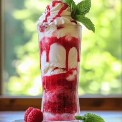 - 1 cup fresh raspberries - 2 tablespoons sugar - 1 tablespoon lemon juice - 2 cups sparkling water or club soda - 1 cup vanilla ice cream - Whipped cream for topping - Fresh mint leaves for garnish The fresh raspberries bring a vibrant taste. The sugar adds sweetness and balances the tartness. Lemon juice brightens the flavor and enhances the raspberries. For the drink, use sparkling water or club soda. It adds a fun fizz to the float. The vanilla ice cream makes it creamy and smooth. Top your float with whipped cream for a delightful finish. Fresh mint leaves add a pop of color and a hint of freshness. I recommend using the Full Recipe to create this treat. It’s easy and fun to make with anyone. - Combine raspberries, sugar, and lemon juice in a saucepan. - Heat over medium heat until syrupy, about 5-7 minutes. - Mash the raspberries with a fork as they cook. Start by mixing the fresh raspberries, sugar, and lemon juice in the saucepan. This mixture creates a sweet and tangy sauce. As you heat it, the raspberries break down and form a syrup. Stir occasionally to prevent sticking. This step is key to a rich flavor. Once the mixture thickens, take it off the heat. Let it cool a little before straining. Straining helps remove the seeds for a smooth sauce. Press down on the mixture with a spoon to get more liquid out. - Strain the raspberry sauce and layer it in a glass. - Add a scoop of vanilla ice cream on top. - Pour sparkling water over the ice cream. Now, grab a tall glass. Add about 2 tablespoons of the raspberry sauce to the bottom. This layer adds a burst of flavor. Next, place one scoop of vanilla ice cream right on top. Carefully pour in the sparkling water. Watch as the foam rises and fills the glass. This adds a fun fizz that makes the float special. - Top with whipped cream and additional raspberry sauce. - Garnish with fresh mint leaves. To finish, add a generous swirl of whipped cream on top. This makes it extra creamy and inviting. Drizzle a bit more raspberry sauce over the whipped cream for a pop of color. Finally, add fresh mint leaves as a garnish. They give a lovely aroma and a touch of green. Your Sparkling Raspberry Cream Soda Float is now ready to enjoy! For the full recipe, check the Full Recipe section. To make your raspberry sauce just right, you can adjust the sweetness. If you like it sweeter, add more sugar. For less sweetness, cut back a bit. Remember, the lemon juice adds a nice tartness. Straining the sauce is key for a smoother texture. After cooking, pour the mixture through a fine mesh sieve. This removes the seeds and gives you a silky sauce. Use a spoon or spatula to press the sauce through. Choosing the best glassware can enhance your float. Use tall glasses to show off the layers. Clear glasses make it fun to see the colors. Pair your float with snacks or treats. Salty snacks like popcorn or chips balance the sweet float. You can also serve it with cookies or brownies for a fun dessert party. You can switch up the ice cream flavor for a twist. Try raspberry, chocolate, or even coconut ice cream. Each will change the taste and give you a new treat. To make it non-alcoholic, stick to sparkling water. If you want a grown-up version, add a splash of vodka or rum. This gives you an adult float perfect for summer parties. For the full recipe, check out the Sparkling Raspberry Cream Soda Float recipe. {{image_2}} You can mix more berries into your float. Try adding blueberries or strawberries. Just mash them like the raspberries for a tasty sauce. This mix adds color and flavor. Each berry brings its own charm. You can create a bright, fruity experience that makes your float even more special. Want a dairy-free treat? Substitute the vanilla ice cream with dairy-free ice cream. There are many tasty options like coconut or almond milk ice cream. They add a nice creaminess without dairy. You still get that rich flavor, and it stays light. This way, everyone can enjoy the float. For a grown-up twist, add a splash of champagne or prosecco. Pour it gently over the ice cream after adding the sparkling water. The bubbles will dance and make your float fancy. This variation is perfect for celebrations or special moments. It transforms a simple drink into a festive treat. You can find the full recipe to get started on this delightful drink. To keep your raspberry sauce fresh, store it in the fridge. Use an airtight container. The sauce lasts about one week. Check for any signs of spoilage before using it. If it looks or smells off, throw it away. You can prepare the raspberry sauce in advance. First, make the sauce as directed in the Full Recipe. After cooling, store it in the fridge. You can also scoop the ice cream into glasses and freeze them. Just add the soda and toppings right before serving. This saves time and keeps your float fresh. If you have leftover soda floats, do not store them. The ice cream will melt, and the drink will lose its fizz. Instead, enjoy them right away. If you have extra raspberry sauce, keep it in the fridge. It is great on pancakes or yogurt later. To make this float, follow these steps: 1. Start by cooking the raspberries. In a small pot, mix 1 cup of fresh raspberries, 2 tablespoons of sugar, and 1 tablespoon of lemon juice. Heat them over medium heat. Stir and mash the raspberries for about 5-7 minutes. 2. Next, let the raspberry sauce cool. You can strain it if you want a smooth texture. 3. Now, in a tall glass, pour 2 tablespoons of the raspberry sauce at the bottom. 4. Add 1 scoop of vanilla ice cream on top of the sauce. 5. Carefully pour in 2 cups of sparkling water or club soda. Watch how the foam rises! 6. Finish with whipped cream and drizzle more raspberry sauce on top. 7. Don't forget to add fresh mint leaves for a great look. That's how you create this treat with ease! Yes, you can use frozen raspberries. They work well in this recipe. - Frozen raspberries are often picked at peak ripeness. This means they still have great flavor. - However, they can be more watery when cooked down. You may need to adjust the sugar amount since frozen raspberries can be sweeter. Using frozen raspberries can save time. Just remember to thaw them before cooking. This float will still taste amazing! If you want to skip sugar, there are great alternatives. Here are a few options: - Honey: It adds sweetness and a floral note. Use less than the sugar amount. - Maple syrup: This gives a rich flavor. Use a bit less than sugar too. - Stevia: A natural sweetener with no calories. Use a small amount, as it is very sweet. These options can suit your taste. They will keep your float tasty while being a bit healthier! In this blog post, I shared a fun recipe for a sparkling raspberry cream soda float. You learned how to make a tasty raspberry sauce, assemble your float, and add delightful toppings. I also covered tips for perfecting your sauce and suggested fun variations. Remember, this treat is adaptable for any taste. Whether using fresh or frozen raspberries, you can make it your own. Enjoy crafting your perfect float!