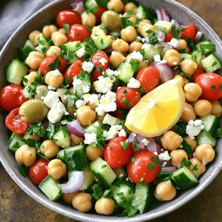 To make this tasty Greek chickpea cucumber feta salad, you will need: - 1 can (15 oz) chickpeas, drained and rinsed - 1 medium cucumber, diced - 1 cup cherry tomatoes, halved - 1/2 red onion, finely chopped - 1 cup crumbled feta cheese - 1/4 cup Kalamata olives, pitted and halved - 1/4 cup fresh parsley, chopped - 3 tablespoons olive oil - 2 tablespoons red wine vinegar (or apple cider vinegar) - 1 teaspoon dried oregano - Salt and pepper to taste Using fresh ingredients makes this salad shine. Fresh cucumbers add crunch. Juicy cherry tomatoes give flavor. Fresh parsley adds brightness. The feta cheese brings creaminess. Each bite bursts with taste. Fresh ingredients also keep your meal healthy. They provide vitamins and nutrients. Freshness matters for both flavor and health. You can easily change ingredients to fit your needs. If you are vegan, leave out the feta. Try adding avocado for creaminess. If you cannot eat chickpeas, use black beans. They also taste great! For a gluten-free option, this salad is already safe. Just check your vinegar choice. Making these swaps keeps the salad fun and tasty! To make this salad, start by gathering all your ingredients. You need one can of chickpeas, a cucumber, cherry tomatoes, red onion, feta cheese, Kalamata olives, and fresh parsley. 1. In a large bowl, add the drained and rinsed chickpeas. 2. Dice the cucumber and add it to the bowl. 3. Halve the cherry tomatoes and toss them in. 4. Finely chop the red onion and mix it in as well. 5. Next, gently add the crumbled feta cheese. 6. Slice the Kalamata olives and add them to the mix. 7. Finally, chop some fresh parsley and fold it in gently. Now, we’ll make the dressing. Use a small bowl to do this. 1. Whisk together three tablespoons of olive oil. 2. Add two tablespoons of red wine vinegar or apple cider vinegar. 3. Mix in one teaspoon of dried oregano, salt, and pepper to taste. Pour this dressing over the salad. Toss everything gently to coat the ingredients well. Allow the salad to sit for 10-15 minutes. This lets the flavors mix nicely. To save time, prep your ingredients first. Chop all veggies before mixing. Use a can of chickpeas to skip the soaking. Rinse them well to get rid of extra salt. Slice the olives and feta cheese while you wait. This way, you'll have everything ready fast. If you're short on time, you can use pre-cut veggies or store-bought dressings. This can make your task much quicker. Look for bright colors in your salad. The cucumber should be crunchy and fresh. The tomatoes should be juicy and sweet. When mixing, the feta should gently break apart without turning mushy. The olives will add a nice briny flavor. The salad will smell fresh and vibrant when done. If it looks colorful and smells great, you know it’s ready to serve. Enjoy your Greek Chickpea Cucumber Feta Salad! For the full recipe, check the complete guide. When mixing your Greek Chickpea Cucumber Feta Salad, keep it gentle. This helps maintain the shape of the cucumber and feta. Use a large bowl for easy tossing. Start by adding the chickpeas and vegetables first. Then, fold in the feta and olives. This way, each bite has a mix of flavors. For serving, a shallow bowl works best. It lets everyone see the colorful layers. Garnish with extra parsley and a lemon wedge. This adds a nice touch and a bit of zest. To enhance the flavors, use fresh herbs. Fresh parsley adds brightness. You can also try adding fresh mint or dill. A squeeze of lemon juice lifts the taste. If you like it spicy, add a pinch of red pepper flakes. For a richer taste, let the salad sit for a bit. This gives the flavors time to blend. A drizzle of balsamic glaze can also add sweetness and depth. Experiment to find your favorite mix. Making this salad ahead of time is easy. You can prepare it up to a day in advance. Just keep the dressing separate until serving. This keeps it fresh and crunchy. If you mix it too early, the cucumbers may become soggy. Store the salad in an airtight container in the fridge. For the best taste, eat it within two days. You can also prep ingredients like chopping veggies ahead. This saves time on busy days. Check out the Full Recipe for more detailed steps! {{image_2}} You can easily change flavors in the Greek chickpea cucumber feta salad. For a zesty kick, try adding diced bell peppers. They add crunch and color. If you want a bit of sweetness, use fresh corn instead of olives. You can also swap feta cheese for goat cheese for a creamy texture. These simple changes can make the dish unique and fun. Adding protein boosts the nutrition of this salad. Grilled chicken is a great option. Cut it into small pieces and mix it in. It adds a savory taste. If you prefer plant-based options, try marinated tofu. Cut it into cubes and toss it with the salad. Both options make the salad more filling and satisfying. You can adapt this salad to each season. In summer, add fresh basil or mint for a refreshing taste. In fall, include diced sweet potatoes for warmth. Winter is great for adding roasted vegetables like carrots or Brussels sprouts. These seasonal changes keep the salad interesting and enjoyable all year long. For the full recipe, check the details above. To keep your Greek Chickpea Cucumber Feta Salad fresh, store it in the fridge. Use an airtight container. This helps to keep the salad crisp and tasty. Avoid adding dressing to the whole salad if you plan to save some. It can make the salad soggy. Instead, pack the dressing separately. When you are ready to eat, just drizzle the dressing on top. Most leftovers last about three to four days in the fridge. Chickpeas and feta cheese can stay fresh for this time. Cucumbers and tomatoes may lose their crunch after a couple of days. If you notice any bad smell or change in color, toss it out. Always check your ingredients before using them again. Freezing the Greek Chickpea Cucumber Feta Salad is not recommended. The cucumbers and tomatoes can become mushy when thawed. However, you can freeze the chickpeas. Drain and rinse them first, then store in a freezer-safe bag. They will last for up to six months. When ready to use, thaw them in the fridge overnight. For the freshest taste, enjoy the salad fresh. For the full recipe, refer to the earlier section. This salad is packed with nutrition. Chickpeas are high in protein and fiber. This helps keep you full longer. Cucumber adds hydration with low calories. Feta cheese provides calcium and healthy fats. Tomatoes bring vitamins A and C, which support your immune system. Olives add healthy fats and antioxidants. Together, these ingredients create a tasty dish that is good for your body. Yes, you can make this salad ahead of time. It tastes even better after the flavors mix. Prepare it up to a day in advance. Keep it in the fridge in a sealed container. If you use fresh cucumber and tomatoes, add them just before serving. This keeps them crisp and fresh. You can get creative with this salad! Here are some tasty ideas: - Bell peppers for extra crunch and color - Avocado for creaminess and healthy fats - Spinach or arugula for more greens - Quinoa for extra protein and texture - Nuts or seeds for crunch and healthy fats Feel free to mix and match as you like. Each addition can bring a new taste to your dish. For the full recipe, check out the earlier section. In this article, we explored how to make a Greek Chickpea Cucumber Feta Salad. We highlighted the importance of fresh ingredients and discussed substitutions for different diets. You learned detailed steps to prepare the salad efficiently and tips for boosting flavors. In closing, this salad is versatile and easy to make. You can adjust it to fit your taste or season. Enjoy cooking and sharing this tasty dish with others!