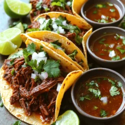 Here is what you need for delicious Crockpot Birria Tacos: - 2 lbs beef chuck roast, cut into chunks - 4 cups beef broth - 3 dried guajillo chilies, stems and seeds removed - 2 dried ancho chilies, stems and seeds removed - 1 medium onion, quartered - 4 cloves garlic, minced - 2 teaspoons ground cumin - 1 teaspoon dried oregano - 1 tablespoon apple cider vinegar - Salt and pepper to taste - Corn tortillas (for serving) - Chopped cilantro and diced onions (for garnish) - Lime wedges (for serving) You can swap some items if needed: - Use chicken thighs instead of beef for lighter tacos. - Vegetable broth works well for a vegetarian option. - Try fresh chili peppers if you can't find dried ones. - Use white vinegar in place of apple cider vinegar if necessary. - Flour tortillas can replace corn tortillas for a different texture. Choosing good ingredients makes a big difference: - Look for beef with nice marbling for tenderness. - Select dried chilies that feel supple and not brittle. - Fresh garlic and herbs add better flavor than dried. - Choose high-quality broth or make your own for depth. - Fresh limes should feel firm and heavy for their size. With these ingredients, you will create a flavorful and rich dish. For the full recipe, check the instructions provided. First, we need to prepare the dried chilies. I like to toast the guajillo and ancho chilies. Heat a skillet to medium. Add the chilies and toast them for about 2-3 minutes. Watch carefully so they don’t burn. You want them fragrant, not charred. After toasting, put them in a bowl and cover with hot water. Let them soak for 15-20 minutes until they soften. Now, it's time to blend the sauce. Drain the soaked chilies. Put them in a blender. Add the quartered onion, minced garlic, ground cumin, oregano, apple cider vinegar, and a pinch of salt. Pour in about 1 cup of beef broth. Blend until smooth. Taste and adjust the seasoning if needed. This sauce is key for flavor. Next, we cook everything in the crockpot. Place the beef chuck roast chunks into the pot. Pour the blended chili sauce over the beef. Make sure all pieces are coated. Add the remaining beef broth and stir gently. Cover the crockpot. Cook on low for 8 hours or on high for 4 hours. The beef should be tender and easy to shred. After cooking, take the beef out of the crockpot. Use two forks to shred it. Strain the liquid and save it for dipping. To assemble the tacos, heat corn tortillas in a skillet. Dip each tortilla lightly into the reserved broth for extra flavor. Fill them with shredded beef. Top with chopped cilantro and diced onions. Enjoy your tasty tacos! For the complete cooking guide, refer to the Full Recipe. To get the best flavor from your birria tacos, focus on your spices. Use fresh ground spices whenever possible. Ground cumin and dried oregano add depth. Toasting the dried chilies enhances their taste. Soak them well to soften and blend smoothly. Always taste and adjust the seasoning as you cook. A few mistakes can ruin your birria tacos. First, don’t rush the cooking time; low and slow is key. Avoid using low-quality beef. Choose a chuck roast for its rich flavor. Skipping the soaking step for the chilies leads to a gritty texture. Lastly, do not forget the dipping broth; it adds authenticity. Serve your tacos with a side of lime wedges. Fresh lime juice brightens the flavor. Add chopped cilantro and diced onions for freshness. For a complete meal, pair with rice or beans. You can serve the dipping broth in small bowls for extra flavor. Try adding a side of pickled vegetables for a crunchy contrast. For the full recipe, check the detailed instructions above. {{image_2}} You can make birria tacos without meat. Use jackfruit or mushrooms as the main ingredient. For jackfruit, drain and rinse it first. Sauté it with spices from the original recipe. Use the same sauce for flavor. This gives a rich taste without meat. For mushrooms, try shiitake or portobello. They provide a nice texture. Cook them in the crockpot with the sauce for a few hours. This way, they absorb all the great flavors. You don’t have to use beef for birria tacos. Try chicken or pork instead. Use chicken thighs for a juicy option. They cook faster than beef. For pork, a shoulder roast works well. Both proteins can soak up the same tasty sauce. Adjust the cooking time based on the protein you choose. Chicken usually takes about 6 hours on low. Pork may need about 8 hours. This gives you a chance to enjoy birria with different tastes. You can easily change the spice level of your birria tacos. If you like mild flavors, use fewer dried chilies. One or two guajillo chilies will work. For a spicier kick, add more chilies or use jalapeños. You can also include red pepper flakes in the sauce. Start small and taste as you go. This way, you can find the right balance for your palate. Don't forget, you can always add hot sauce when serving for an extra kick! To store leftovers, let the birria cool down. Place it in an airtight container. You can keep it in the fridge for up to three days. Make sure to store the broth separately. This keeps the tortillas from getting soggy. When you want to enjoy the tacos again, reheat the beef on the stove. Use medium heat and add a splash of broth. This keeps it moist and tasty. For the tortillas, warm them up in a skillet. This gives them a nice crunch. If you have extra birria, you can freeze it. Put the beef and broth in a freezer-safe container. It can last up to three months in the freezer. When you're ready to eat, thaw it overnight in the fridge. Reheat it on the stove as mentioned before. Enjoy your tacos just like fresh! For the full recipe, check the recipe section above. Birria comes from the Jalisco region in Mexico. This dish started as a stew made with goat meat. Over time, beef replaced goat in many recipes. Today, Birria tacos are famous for their rich flavors and tender meat. They are often served with a side of dipping broth. This broth adds extra taste and warmth to each bite. Yes, you can use a stovetop or an oven. If you choose the stovetop, cook the beef in a pot over medium heat. Cover and simmer for about 2-3 hours until the meat is tender. For the oven, preheat to 300°F (150°C). Place the beef and sauce in a covered pot, cooking for 3-4 hours. Both methods will yield tasty results. To make Birria tacos gluten-free, use corn tortillas instead of flour tortillas. Corn tortillas are naturally gluten-free and pair well with the beef. Always check the labels for any added ingredients that may contain gluten. You can serve Birria tacos with a variety of sides. Popular options include: - Mexican rice - Refried beans - Fresh salsa - Avocado slices - Grilled corn These sides add flavor and make your meal more filling. To spice up your Birria tacos, add more dried chilies to the sauce. Consider using chipotle peppers for a smoky kick. You can also add hot sauce to the dipping broth. Fresh jalapeños or diced serrano peppers can provide an extra heat boost, too. Adjust the spice level to suit your taste! For the full recipe, check out the detailed instructions above. In this post, I covered the key ingredients for birria tacos, from dried chilies to quality substitutes. I shared step-by-step instructions to guide you through preparation, blending, and cooking. You learned tips for perfect flavor and common mistakes to avoid. Birria tacos can have many variations, including vegetarian options and spice adjustments. Don’t forget how to store and reheat leftovers. Now you have the tools to make delicious birria tacos. Enjoy this dish and share it with friends!