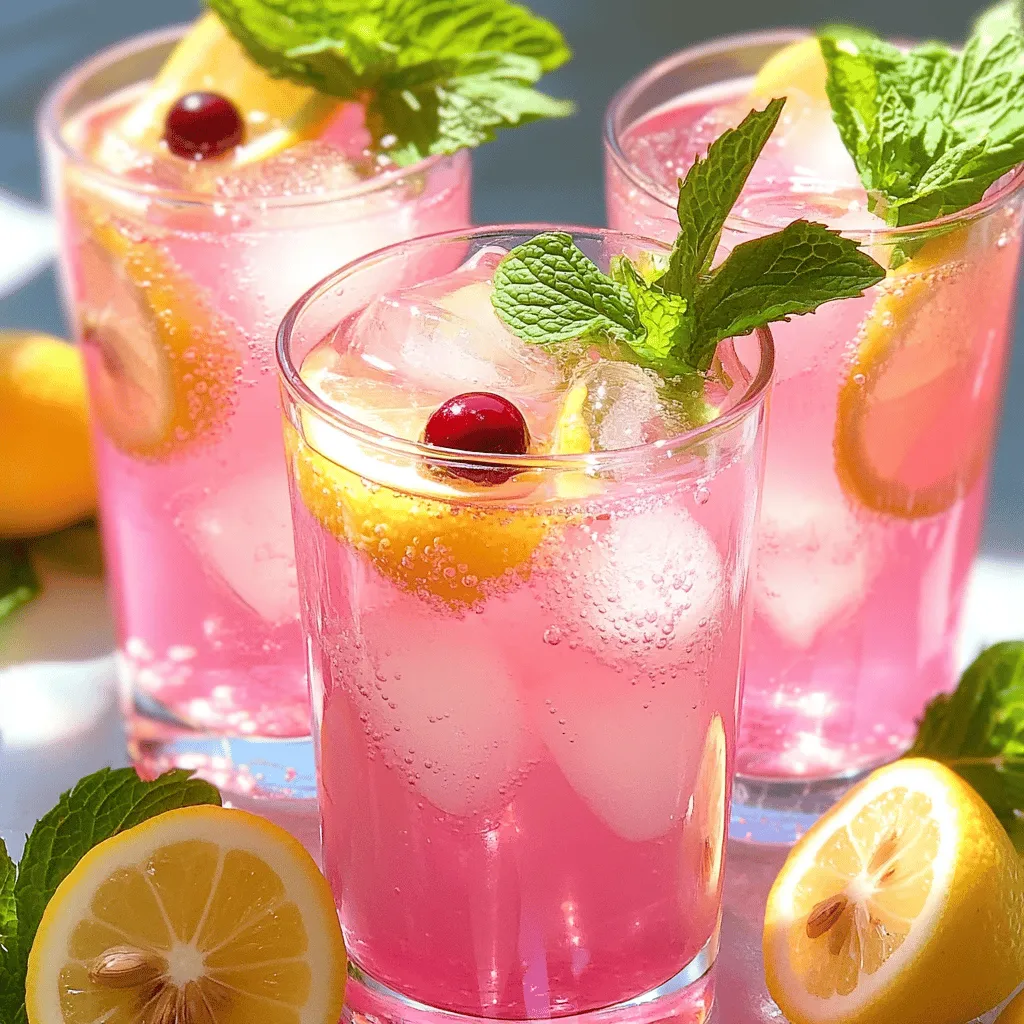 To make the best pink lemonade, you need fresh and simple ingredients. Here’s what you will need: - 1 cup freshly squeezed lemon juice (about 4-6 lemons) - 3/4 cup granulated sugar - 4 cups water - 1/2 cup cranberry juice (for color and sweetness) - Ice cubes - Fresh mint leaves, for garnish - Lemon slices, for garnish Fresh lemon juice gives the drink its bright and zesty flavor. The sugar adds sweetness and balances the tartness. Cranberry juice gives that lovely pink hue and a hint of extra flavor. Presentation matters when serving drinks. Here are some garnishes that make your pink lemonade pop: - Fresh mint leaves - Lemon slices Adding mint leaves gives a refreshing aroma. Lemon slices add a nice touch and make the drink look pretty. You can easily swap ingredients if needed. Here are some great substitutions: - Use agave syrup or honey instead of granulated sugar for a natural sweetener. - Use sparkling water instead of regular water for a fizzy lemonade. - Try using other fruit juices, like raspberry or strawberry, for a different flavor. These swaps can change the taste while keeping it delicious. Feel free to get creative! If you want the full recipe, check out the Refreshing Pink Lemonade section. To start, you need to make a simple syrup. This syrup adds sweetness to your drink. In a medium saucepan, mix 1 cup of water with 3/4 cup of sugar. Heat it over medium heat. Stir often until the sugar dissolves completely. This usually takes around 5 minutes. Once done, remove it from heat and let it cool. This step is key to making your pink lemonade taste great. Next, grab a large pitcher. Squeeze about 4 to 6 lemons to get 1 cup of fresh lemon juice. Pour this juice into the pitcher. Then, add 1/2 cup of cranberry juice for color and extra sweetness. Once your simple syrup has cooled, pour it into the pitcher too. Now, add the remaining 3 cups of cold water. Stir everything well to mix. Taste your mix. If it’s too sweet, add more water. If it needs a kick, add a bit more sugar. After mixing, refrigerate your lemonade for at least 30 minutes. This helps it chill and blend the flavors. When ready to serve, fill glasses with ice cubes. Pour the chilled lemonade over the ice. For a pretty touch, garnish each glass with a slice of lemon and a few fresh mint leaves. This makes your drink look as good as it tastes! For the full recipe, check out the details above. To make the best pink lemonade, use fresh lemons. Fresh juice tastes better than bottled. Make a simple syrup with sugar and water. This helps dissolve the sugar fully. If you want a sweeter drink, add more sugar to your taste. You can also adjust the water for desired thickness. Chill it well before serving. The colder it is, the more refreshing it feels. Store leftover pink lemonade in a sealed pitcher in the fridge. This keeps it fresh and cold. It can last about three days. If you see sediment forming, just stir it before pouring a glass. Avoid ice cubes in the pitcher. They can water down your drink. Instead, keep ice cubes in a separate bowl. Add them to each glass just before serving. Fresh herbs can boost your pink lemonade's flavor. Try adding mint leaves for a cool taste. You can also use basil for a unique twist. Fresh fruit like strawberries or raspberries can add sweetness and color. Slice them and add to your pitcher. This will make your drink look fancy and taste vibrant. For an extra zing, try a splash of ginger ale. It adds fizz and a hint of spice. For the complete pink lemonade recipe, check out the Full Recipe. {{image_2}} To make a strawberry pink lemonade, I start with my base recipe. Then, I add fresh strawberries. You can blend one cup of strawberries until smooth. Strain the juice to remove seeds. Mix the strawberry juice in with the lemon and cranberry juices. This adds a sweet, fruity twist. The bright color makes it fun and pretty! For raspberry pink lemonade, I use raspberries instead of strawberries. Blend one cup of fresh raspberries, just like before. Strain to get the juice. Add this raspberry juice to the pitcher with the lemon and cranberry juices. This gives a tart flavor that balances well with the sweet syrup. You might want to adjust the sugar a bit for taste. If you want some fizz, I suggest a sparkling pink lemonade. Instead of adding all water, use sparkling water or soda. Mix in the lemon juice, cranberry juice, and syrup as usual. Pour the sparkling water in just before serving. This adds a fun bubbly texture and elevates the drink. It's perfect for parties or hot days! Feel free to explore these variations to find your favorite. For the full recipe, check the detailed instructions provided! To keep your pink lemonade fresh, store it in the fridge. Use a pitcher with a tight lid. This helps prevent the lemonade from absorbing other smells. Always pour it into clean glasses to keep it clear and tasty. Homemade pink lemonade lasts about 5 to 7 days when stored properly. After a few days, the flavor may fade. If you notice any changes in taste or smell, it's best to toss it out. Always check before you sip! You can freeze pink lemonade for later. Pour it into ice cube trays or freezer-safe bags. This makes it easy to use in the future. When you want a cold drink, just pop a few cubes into your glass. It’s a fun way to enjoy your favorite summer drink all year long. Pink lemonade can be a bit healthier than regular lemonade. The cranberry juice adds nutrients like vitamin C and antioxidants. It also has less sugar than some store-bought versions. Fresh lemon juice offers lots of health perks, too. It can help with digestion and boost your mood. Yes, you can make pink lemonade ahead of time. It stores well in the fridge. Just prepare it, chill it, and keep it in a pitcher. It tastes even better after sitting for a bit. You can serve it cold when guests arrive. You can find ready-made pink lemonade at most grocery stores. Look in the drink aisle or the refrigerated section. Brands often sell it in bottles or cartons. Just check the ingredient list for added sugars or artificial flavors. The history of pink lemonade is quite fun. It dates back to the 19th century. Some say a circus vendor made it by mixing lemonade with leftover water from a strawberry vendor. Others believe it started with a simple addition of red dye. No one knows for sure, but it has become a summer favorite! For a delicious homemade option, try the full recipe to make your own refreshing pink lemonade. In this post, we covered how to make delicious pink lemonade. We explored key ingredients, garnishes, and tasty variations to try. I gave you easy steps to prepare and store your drink. Pink lemonade can be a fun twist on a classic. Whether you enjoy it now or save it for later, it brings joy and refreshment. I hope you feel ready to make your own perfect batch!
