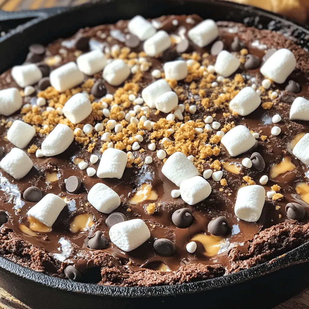 - 1 cup all-purpose flour - 1 cup granulated sugar - 1/2 cup unsweetened cocoa powder - 1/2 teaspoon baking powder - 1/4 teaspoon salt - 1/2 cup unsalted butter, melted - 2 large eggs - 1 teaspoon vanilla extract - 1/2 cup chocolate chips (semi-sweet or dark) - 1 cup mini marshmallows - 1/2 cup graham cracker crumbs (plus extra for garnish) - Extra chocolate chips for topping These ingredients create a rich and gooey dip. Each one plays a vital role. The flour gives structure, while sugar adds sweetness. Cocoa powder brings that deep chocolate flavor everyone loves. Butter makes it rich and moist. Eggs help bind it all together. Vanilla adds a warm note. Chocolate chips and mini marshmallows create that classic s'mores taste. The graham cracker crumbs add a delightful crunch. Extra chocolate chips on top provide a final touch of indulgence. When you gather these items, you set the stage for a fun and delicious treat. Make sure to use quality ingredients for the best flavor. This recipe is perfect for sharing and enjoying with friends and family. For the full recipe, check out S'mores Brownie Skillet Dip . - Set the oven temperature to 350°F (175°C). - Grease your skillet or oven-safe dish. Start by preheating your oven. This helps the dip cook evenly. Greasing your skillet ensures the dip does not stick. Use a bit of butter or cooking spray for this step. - Combine flour, sugar, cocoa powder, baking powder, and salt in a mixing bowl. In a large bowl, mix your dry ingredients well. This includes flour, sugar, cocoa powder, baking powder, and salt. Make sure there are no lumps. A good mix here makes your dip nice and smooth. - Add melted butter, eggs, and vanilla; mix until combined. - Gently fold in chocolate chips. Next, add the melted butter, eggs, and vanilla extract. Stir gently until everything blends together. Do not over-mix. This keeps your dip soft and fluffy. After that, fold in the chocolate chips. They add extra chocolatey goodness! - Pour batter into skillet, add marshmallows, graham crumbs, and extra chocolate. - Bake for 20-25 minutes. Now, pour the batter into the greased skillet. Spread it evenly. Next, sprinkle mini marshmallows and graham cracker crumbs on top. You can also add extra chocolate chips for a richer flavor. Bake in the oven for 20 to 25 minutes. The edges should be set while the center remains gooey. This gives the perfect S'mores Brownie Skillet Dip experience. For the full recipe, check the earlier section! To get the best texture in your S'mores Brownie Skillet Dip, avoid over-mixing the batter. Over-mixing makes the brownies tough. Stir just until the ingredients blend. Check for a gooey center while baking. You want the edges to be set but the center slightly soft. This balance gives the dip its rich and creamy texture. Serve the dip directly from the skillet. This makes it warm and inviting. Pair it with graham crackers or fresh fruit slices. The crunch of the crackers and the sweetness of fruit work well with the dip. It’s a fun way to enjoy this treat with friends or family. For a stylish finish, sprinkle extra chocolate chips and graham crumbs on top. This adds extra flavor and a nice look. You can also drizzle some melted chocolate over the dip. It makes a beautiful and tasty presentation that will impress everyone. {{image_2}} You can switch up ingredients for your S'mores Brownie Skillet Dip. If you need a gluten-free version, use gluten-free flour. This simple swap keeps the taste while meeting dietary needs. You can also play with chocolate types. Dark chocolate gives a rich flavor, while milk chocolate adds sweetness. Each chocolate brings a unique twist to the dip. Do you want to add a little crunch? Consider tossing in some nuts like walnuts or pecans. They add texture and flavor. If you're feeling adventurous, try flavored extracts. Almond extract pairs well with chocolate, giving a new layer of taste. Just a drop can change the whole dish. You can serve this dip in fun ways. Mini skillets make great individual servings. Each person gets their own treat, making it perfect for parties. Another idea is to bake it as brownies instead of a dip. Just adjust the baking time a bit. You will have a fun twist on a classic dessert. For the full recipe, check the section above! To keep S'mores Brownie Skillet Dip fresh, store it in an airtight container. You can keep it at room temperature for one day. If you want to save it longer, refrigerate it. In the fridge, it will stay good for about three to four days. Make sure to let it cool down before covering it. This helps avoid moisture buildup. When you're ready to enjoy the dip again, reheating is key. The best method is to use the oven. Preheat your oven to 350°F (175°C). Place the skillet in for about 10 minutes. This warms it up without drying it out. If you use a microwave, do it in short bursts. Heat for 20 seconds at a time. Stir in between to keep it smooth. Enjoy your gooey treat! For the full recipe, check the earlier sections. Yes, you can prepare this dip in advance. To do this, make the batter and place it in the skillet. Cover it tightly with plastic wrap and store it in the fridge. This keeps it fresh and ready for baking later. When you are ready to bake, simply remove the wrap and let it sit for about 10-15 minutes at room temperature before baking. This helps it cook evenly. If you want alternatives to graham crackers, there are many options. You can use crushed cookies like chocolate wafers or even vanilla wafers. For a gluten-free choice, try gluten-free graham crackers or crushed nuts. You can also use rice cakes for a lighter option. Each choice brings a unique flavor and texture to the dip. Absolutely! Adding more toppings can make this dip even better. Consider adding nuts for crunch, like walnuts or pecans. You can also sprinkle crushed candy bars on top for added sweetness. Drizzle some caramel or peanut butter sauce for a twist. Get creative and make it your own! This blog post covers how to make a delicious S'mores Brownie Skillet Dip. We went over the ingredients, prep time, and baking steps. I shared tips for the perfect texture and serving suggestions to enhance your experience. You can also explore variations based on your preferences. Remember, you can easily mix and match ingredients. Enjoy this fun dessert with friends or family. Happy baking!
