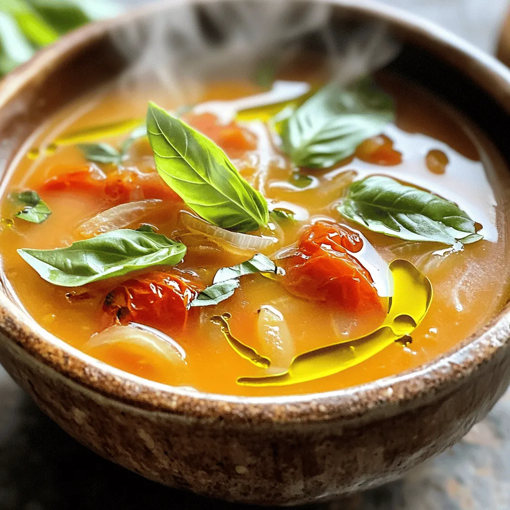 To make a delicious roasted tomato basil soup, gather these ingredients: - 2 pounds ripe tomatoes, quartered - 1 large onion, chopped - 4 cloves garlic, peeled - ¼ cup olive oil - Salt and pepper to taste - 2 cups vegetable broth - 1 teaspoon sugar - 1 cup fresh basil leaves, loosely packed - 1 teaspoon balsamic vinegar - ½ cup heavy cream (optional for creaminess) Each ingredient in this soup adds flavor and health benefits. - Tomatoes are high in vitamins C and K. They help boost your immune system. - Onions provide antioxidants and can lower blood sugar. They add sweetness to the soup. - Garlic has anti-inflammatory properties. It can also help your heart health. - Basil is rich in vitamins A and K. It adds a fresh taste and aroma. - Olive oil is a healthy fat. It may help reduce heart disease risks. - Vegetable broth keeps the soup low in calories while adding flavor. - Heavy cream adds richness but can be skipped for a lighter soup. Selecting the right tomatoes is key to a tasty soup. Here are some tips: - Look for ripe tomatoes that feel heavy and firm. They should have a bright color. - Choose tomatoes with smooth skin and no blemishes. This ensures freshness. - Heirloom tomatoes are great for flavor. They are often sweeter and juicier. - If you can’t find fresh tomatoes, use canned whole tomatoes. They can work well too. For the complete preparation of this dish, check out the Full Recipe. Start by gathering your ingredients. You need ripe tomatoes, a large onion, and garlic. The tomatoes should be quartered, the onion should be chopped, and the garlic should be peeled. Next, grab olive oil, salt, pepper, vegetable broth, sugar, fresh basil, balsamic vinegar, and heavy cream if you want it creamy. This simple prep makes a big difference in flavor. Now, preheat your oven to 425°F (220°C). On a baking sheet, spread out the quartered tomatoes, chopped onion, and peeled garlic. Drizzle them with olive oil. Season with salt and pepper. Toss everything to make sure it coats well. Roast for about 25-30 minutes. You want the tomatoes to caramelize and the onions to get soft. The smell will fill your kitchen with joy. Once roasted, take the baking sheet out. Let it cool for a few minutes. Then, in a large pot, combine the roasted veggies, their juices, vegetable broth, sugar, and fresh basil. Bring this mixture to a simmer over medium heat. Use an immersion blender to blend the soup until smooth. If you don't have one, carefully use a countertop blender in batches. After blending, return the soup to the pot. Stir in balsamic vinegar and heavy cream for richness. Taste it and adjust the seasoning with more salt or pepper if needed. Serve hot, garnished with fresh basil leaves or a drizzle of olive oil. Enjoy your hearty bowl of Roasted Tomato Basil Soup! For the complete recipe, check the [Full Recipe]. To boost the flavor of your soup, use ripe tomatoes. Look for tomatoes that feel heavy and smell sweet. Fresh herbs, like basil, add a bright taste. You can also mix in a pinch of red pepper flakes for heat. A dash of balsamic vinegar gives depth. It balances the sweetness of the tomatoes. Adding sugar helps if your tomatoes taste too acidic. For a smooth soup, use an immersion blender. It’s quick and easy right in the pot. If you prefer a chunkier soup, blend just half of it. If it’s too thick, add more vegetable broth. For creaminess, stir in heavy cream at the end. This step makes the soup rich and satisfying. Serve your soup hot with fresh basil on top. A drizzle of olive oil enhances the flavor. Pair it with crusty bread or a grilled cheese sandwich. These sides make the meal heartier. You can also serve it with a light salad for balance. Enjoying this soup with friends or family makes it even better. For more tips and a full recipe, check the link provided! {{image_2}} You can easily make this soup vegan. Simply skip the heavy cream. The soup tastes great without it. The roasted veggies and broth provide enough richness. If you want a creamier texture, use a plant-based cream like coconut or cashew. Both options blend well and add flavor. This recipe is naturally gluten-free. All ingredients, including the vegetable broth, are safe for those with gluten issues. Just double-check the labels on your broth to ensure it is gluten-free. You can enjoy this soup without any worries. Feel free to add your favorite ingredients. Here are some ideas: - Red pepper flakes for heat - Carrots or celery for extra veggies - Parmesan cheese for a savory twist (make sure it’s vegetarian) - Fresh herbs like thyme or oregano for more flavor Adding any of these can make the soup uniquely yours. Mix and match based on what you like. Enjoy experimenting! For the full recipe, check out the link. Once your soup is cool, pour it into a clean container. Make sure it is airtight. You can keep it in the fridge for up to five days. If you want to enjoy it later, consider freezing it. To reheat, pour the soup into a pot. Heat over medium heat, stirring often. You can also use a microwave. Just heat in short bursts, stirring in between, until warm. For long-term storage, freeze the soup in small portions. Use freezer-safe bags or containers. Leave some space for expansion. The soup can last for up to three months in the freezer. When you’re ready to eat, thaw overnight in the fridge before reheating. Enjoy this flavorful soup anytime! For the full recipe, check out the details above. Yes, you can use canned tomatoes. They are a great substitute. Canned tomatoes are often picked at peak ripeness. This means they can taste just as good as fresh ones. Use whole tomatoes or diced ones in your soup. Just be sure to drain them well to avoid extra liquid. When using canned tomatoes, adjust the seasoning. You may need less salt since canned tomatoes often include salt. To spice up your soup, add red pepper flakes or cayenne pepper. Start with a small amount to avoid overpowering the flavor. You can also include diced jalapeños or serrano peppers when roasting your veggies. For a smoky heat, try adding chipotle peppers in adobo sauce. Blend them in with the soup for a nice kick. Taste as you go to find your perfect spice level. This soup pairs well with many dishes. Grilled cheese sandwiches are a classic choice. The melty cheese complements the soup's flavor beautifully. You can also serve it with crusty bread for dipping. A simple side salad with fresh greens also works well. For a heartier meal, consider adding a protein like chicken or beans. Enjoy your soup with these tasty sides for a complete meal. Roasted tomato basil soup is simple and full of flavor. We covered ingredients, nutrition, and tips for the best results. You learned how to prep, roast, and blend the soup perfectly. We also explored variations to fit different diets and how to store leftovers. Remember, making this soup is about using fresh ingredients and finding your favorite flavors. Enjoy your cooking adventure and share it with friends!