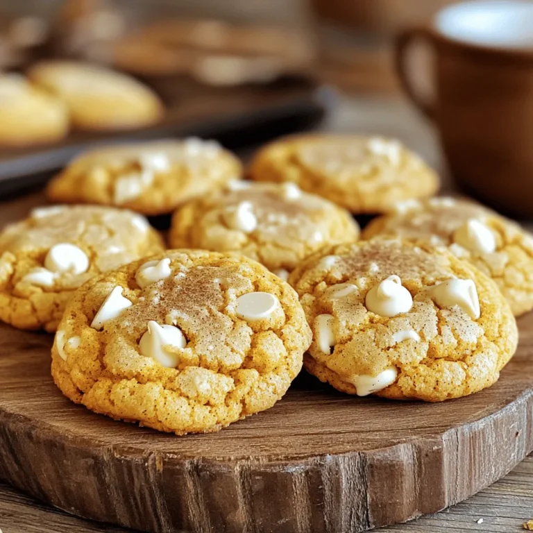 - 1 cup pumpkin puree - 1/2 cup unsalted butter, softened - 1 cup brown sugar - 1/2 cup granulated sugar - 1 large egg - 1 teaspoon vanilla extract - 2 cups all-purpose flour - 1 teaspoon baking soda - 1/2 teaspoon baking powder - 1 teaspoon ground cinnamon - 1/2 teaspoon ground nutmeg - 1/4 teaspoon ground ginger - 1/4 teaspoon salt - 1 cup white chocolate chips These main ingredients create a soft and tasty cookie. Pumpkin puree gives the cookies moisture and flavor. The butter adds richness, while the sugars provide sweetness. The spices highlight the pumpkin, making each bite cozy and warm. Finally, white chocolate chips give a sweet, creamy touch. - Additional spices (like cloves or allspice) - Nuts (like walnuts or pecans) - Dried fruits (like cranberries) You can add optional ingredients to make your cookies unique. Extra spices like cloves or allspice can boost the warm flavor. Chopped nuts add crunch and depth. Dried fruits, such as cranberries, bring a burst of sweetness. Feel free to mix and match to create your favorite flavor. - Butter alternatives (coconut oil or vegan butter) - Sugar replacements (coconut sugar or maple syrup) If you need or want swaps, there are great options! Coconut oil or vegan butter works well instead of regular butter. For sugar, try coconut sugar or maple syrup for a different taste. These substitutions keep the cookie delicious while meeting your needs. For the complete recipe, check the Full Recipe section. 1. Preheat your oven to 350°F (175°C). Line a baking sheet with parchment paper. 2. In a large bowl, cream together 1/2 cup of softened unsalted butter, 1 cup of brown sugar, and 1/2 cup of granulated sugar. Mix until the mixture is creamy and smooth. 3. Add 1 cup of pumpkin puree, 1 large egg, and 1 teaspoon of vanilla extract. Mix until everything blends well. 1. In a separate bowl, whisk together 2 cups of all-purpose flour, 1 teaspoon of baking soda, and 1/2 teaspoon of baking powder. 2. Add 1 teaspoon of ground cinnamon, 1/2 teaspoon of ground nutmeg, 1/4 teaspoon of ground ginger, and 1/4 teaspoon of salt to the dry mix. 3. Gradually combine the dry ingredients with the pumpkin mixture. Stir until just mixed. Do not overmix. 1. Use a tablespoon or cookie scoop to drop rounded balls of dough onto the prepared baking sheet. Space them out well. 2. Bake for 10 to 12 minutes. Check for a light golden edge. The center should stay soft. 3. Remove the cookies from the oven. Let them cool on the baking sheet for a few minutes. Transfer them to a wire rack to cool completely. To find more details about the recipe, check the Full Recipe. To get the right cookie dough, it should feel soft and slightly sticky. This texture helps your cookies stay chewy. Use pumpkin puree to add moisture. Mix until the dry ingredients just blend in. If you mix too much, your cookies will be tough. You can add fun flavors by using different chocolate chips. Dark or milk chocolate chips work great, too. For a deeper taste, include more spices. A pinch of cloves or allspice can make a big difference. Experiment to find what you like best! For a lovely look, serve your cookies on a rustic wooden platter. A sprinkle of cinnamon on top adds charm. Pair these cookies with a warm cup of coffee or tea. This combo makes the experience cozy and inviting. Try these ideas to impress your guests! For the full recipe, check out the Spiced White Chocolate Pumpkin Cookies. {{image_2}} You can mix things up with flavor twists. Try chocolate pumpkin cookies. Just add cocoa powder to the dough. The rich chocolate flavor pairs well with pumpkin spice. Or make cranberry white chocolate pumpkin cookies. Fold in some dried cranberries for tartness. The sweet and tart combo is lovely. If you want gluten-free cookies, use alternative flours. Almond flour or oat flour works great. They give a nice texture without gluten. For vegan options, swap the egg for flaxseed meal or applesauce. Use plant-based butter instead of regular butter. This way, everyone can enjoy these cookies. Play with seasonal spices for unique cookie flavors. Add cloves or allspice for a warm touch. You can also create a family tradition. Make these cookies every fall with different themes. Try pumpkin spice decorations or Halloween shapes. It makes baking fun and memorable. For the full recipe, check out the [Full Recipe]. To keep your white chocolate pumpkin cookies fresh, use airtight containers. Glass jars or plastic storage bins work well. Make sure the cookies cool completely before sealing them. This helps prevent sogginess. Store them at room temperature. They will stay fresh for about one week. If you want to keep them longer, freezing is a great option. Freezing cookies is simple. First, let the cookies cool completely. Next, place them in a single layer on a baking sheet. Freeze them for about two hours until they are firm. After that, transfer them to a freezer-safe bag. Squeeze out as much air as possible. You can freeze them for up to three months. When you're ready to enjoy them, just thaw them at room temperature. This keeps their taste and texture intact. To warm your cookies, use the oven or microwave. For the oven, preheat it to 350°F (175°C). Place the cookies on a baking sheet for about 5 minutes. This warms them up nicely without making them dry. If you prefer the microwave, heat them for about 10 seconds. Check to see if they are warm, but don’t overdo it! This can make them tough. Enjoy your cookies warm for a delightful treat! You can use butternut squash puree or sweet potato puree instead of pumpkin puree. These options add a similar texture and sweetness. Both options work well in cookies and keep the same moistness. Yes, you can use dark chocolate. It has a richer, deeper flavor than white chocolate. This change will add a more intense taste to your cookies. If you love dark chocolate, I recommend using semi-sweet chips for a good balance. Look for lightly golden edges on the cookies. The center should still feel soft to the touch. You can also gently press the top with your finger. If it springs back, your cookies are done. Remember, they will continue to cook a little after you take them out! To sum up, we explored the key ingredients for delicious pumpkin cookies. From pumpkin puree to white chocolate chips, each component matters. I shared tips for perfecting texture and flavor, plus storage options. Remember, variations can make your cookies unique. Play with ingredients and create family traditions. Enjoy your baking journey, and let these cookies delight everyone!