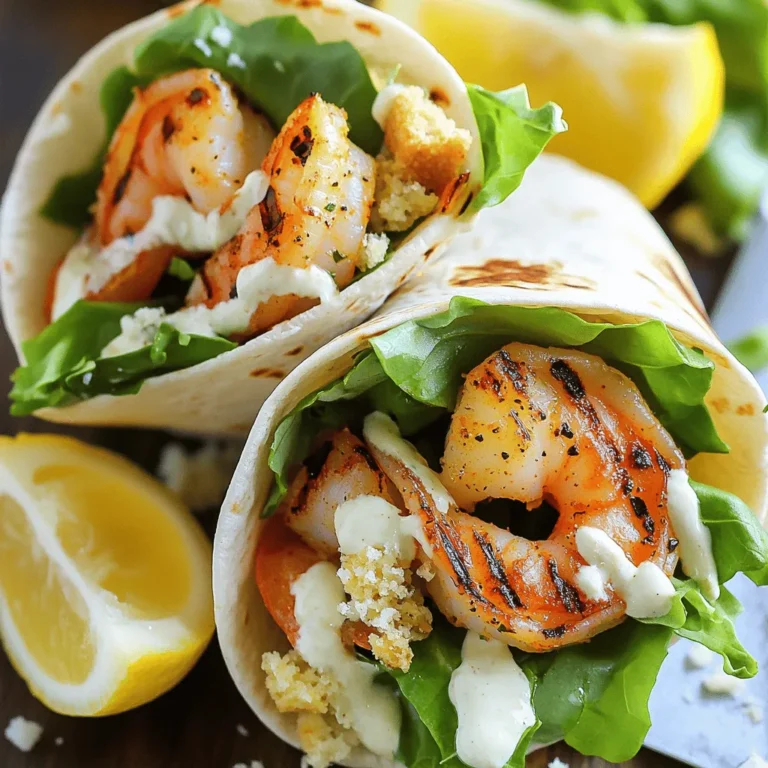 To make Grilled Shrimp Caesar Wraps, you need fresh ingredients. Here are the main items: - 1 lb large shrimp, peeled and deveined - 2 tablespoons olive oil - 1 teaspoon garlic powder - 1 teaspoon paprika - Salt and pepper to taste - 4 large flour tortillas - 2 cups Romaine lettuce, chopped - ½ cup Caesar dressing - ½ cup grated Parmesan cheese - Lemon wedges, for serving These ingredients combine to create a fresh and tasty meal. You can add fun extras to boost flavor. Here are some optional ingredients: - ¼ cup croutons, crushed - Fresh herbs like parsley or basil These additions can make your wraps even more exciting. Understanding the nutritional value helps you make better choices. Each serving of Grilled Shrimp Caesar Wraps has: - Calories: 450 - Protein: 30g - Carbohydrates: 35g - Fat: 20g These wraps pack a good amount of protein and flavor. They make a filling meal without being too heavy. Enjoy the full recipe for more details. To start, gather your ingredients. You will need 1 pound of large shrimp, olive oil, garlic powder, paprika, salt, and pepper. First, preheat your grill to medium-high heat. In a bowl, toss the shrimp with 2 tablespoons of olive oil. Add 1 teaspoon of garlic powder, 1 teaspoon of paprika, salt, and pepper. Mix until the shrimp are well coated. This step adds great flavor. Grill the shrimp for 2-3 minutes on each side. Look for them to turn pink and opaque. Once finished, remove them from the grill and let them cool for a moment. Next, it’s time to build your wraps. In a large bowl, mix 2 cups of chopped Romaine lettuce with ½ cup of Caesar dressing and ½ cup of grated Parmesan cheese. Toss until the lettuce is fully coated. Lay a large flour tortilla flat on your work area. Place a good portion of the Caesar salad mixture in the center of the tortilla. Then, add the grilled shrimp on top. For a fun twist, sprinkle ¼ cup of crushed croutons for crunch. Fold the sides of the tortilla in, then roll it up tightly from the bottom. Repeat this for the rest of your tortillas. For an extra touch, you can grill the wraps. Place them seam-side down on the grill for 1-2 minutes. This will toast the outside and seal the wrap nicely. It adds a nice texture to your meal. Once grilled, slice each wrap in half. Serve with lemon wedges for an added burst of flavor. You can find the full recipe [here]. Enjoy your fresh and flavorful meal! To pick the best shrimp, look for a few signs. Fresh shrimp should smell like the sea, not fishy. Their shells should be shiny and firm. Avoid any shrimp that feel slimy or have dark spots. If possible, choose shrimp that are still in the shell. They tend to be fresher and juicier. Always ask your fishmonger about the shrimp's source for the best quality. Grilling shrimp can be simple if you follow a few tips. First, make sure your grill is hot before adding the shrimp. This helps create a nice sear. Use skewers to keep shrimp from falling through the grill grates. Soak wooden skewers in water for 30 minutes to prevent burning. Grill the shrimp for just 2-3 minutes per side. They cook quickly, so stay close and watch them carefully. Overcooked shrimp turn rubbery and tough. To boost the taste of your Caesar dressing, try adding some fresh lemon juice. This adds brightness and cuts through the creaminess. You can also mix in a bit of Dijon mustard for a tangy kick. For extra depth, consider adding minced anchovies or garlic. These ingredients enhance the umami flavor. If you want a fresh twist, add chopped herbs like parsley or chives. These small changes can make a big difference in your wraps. For the full recipe, refer back to the details provided. {{image_2}} You can change the shrimp for other proteins. Chicken works great, grilled or roasted. You can also use fish, like salmon or tilapia. If you prefer beef, use thinly sliced steak. Tofu is a good choice for a meat-free option. All these proteins can soak up flavors well. To make a vegetarian wrap, skip the shrimp. Add grilled vegetables like zucchini, bell peppers, or eggplant. You can also use a hearty bean mix for protein, like black beans or chickpeas. For added texture, try adding roasted nuts or seeds. These options keep the taste fresh and exciting. To make your wrap special, think outside the box. Try adding avocado for creaminess. Fresh herbs like basil or cilantro can brighten the flavor. For a spicy kick, include jalapeños or hot sauce. You can also swap out Caesar dressing for ranch or a yogurt-based dressing. Each change brings a new twist to the classic wrap. For the full recipe, check out the guide on making Grilled Shrimp Caesar Wraps. To store your grilled shrimp Caesar wraps, first let them cool. Place any leftovers in an airtight container. Keep them in the fridge for up to three days. If you're using the wraps later, store the shrimp and salad separately. This helps keep the wraps fresh and prevents sogginess. When you're ready to eat, reheat the shrimp separately. Use a skillet on medium heat for about 3 minutes. Stir often until they are hot. For the wraps, you can warm them in the skillet for 2-3 minutes per side. This helps make them crispy again. Avoid using the microwave, as it can make them chewy. If you want to freeze your wraps, wrap each one in plastic wrap. Then, place them in a freezer-safe bag. You can store them for up to three months. When ready to eat, let them thaw in the fridge overnight. Then, reheat as mentioned above for the best taste. Yes, you can use frozen shrimp. Just thaw them first. Place them in the fridge overnight. You can also run them under cold water for a quick thaw. Ensure they are peeled and deveined for the best results. If you want an alternative to flour tortillas, try whole wheat wraps. Lettuce leaves also work great for a low-carb option. Corn tortillas are another tasty choice. Each option gives a unique flavor and texture. To make Caesar dressing at home, you need a few simple ingredients. Combine mayonnaise, lemon juice, garlic, Dijon mustard, and Parmesan cheese. Mix until smooth. Adjust the taste with salt and pepper. This dressing adds a fresh touch to your wraps. Absolutely! You can add sliced avocado for creaminess. Cherry tomatoes bring a burst of flavor. Thinly sliced red onions add a nice crunch. Feel free to get creative with your toppings! Grilled shrimp can last in the fridge for up to three days. Store them in an airtight container. Always check for signs of spoilage before eating. If they smell off, it's best to discard them. Yes, you can prepare the wraps in advance. Just assemble them without grilling. Wrap them tightly in plastic wrap. Store them in the fridge for up to one day. Grill them right before serving for a warm meal. These wraps pair well with a light salad or vegetable sticks. You can also serve them with a side of fruit for a refreshing touch. A chilled drink, like lemonade, complements the meal nicely. To make the wraps crispy, grill them seam-side down. This helps seal the edges. You can also toast them in a pan for a few minutes. This adds a nice crunch to each bite. Yes, feel free to use different cheeses. Feta or goat cheese can add a tangy flavor. Cheddar cheese offers a sharper taste. Use whatever cheese you enjoy most! Serve the wraps with lemon wedges on the side. This allows everyone to squeeze fresh lemon juice on their wraps. It enhances the flavors and adds a zesty kick. Enjoy your Grilled Shrimp Caesar Wraps as a fresh meal! For the full recipe, check out the complete guide above. You now have all the tools to make delicious Grilled Shrimp Caesar Wraps. We covered ingredients, step-by-step instructions, and helpful tips. You can switch proteins or try veggie options for variety. Knowing how to store and reheat your wraps will keep them fresh. Embrace your creativity and share meals with loved ones. Cooking is fun and rewarding. Enjoy your tasty creations!