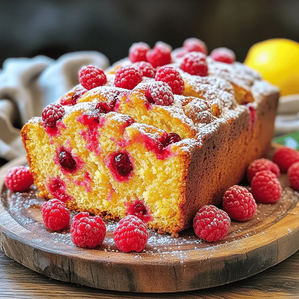 To make a delicious raspberry lemon loaf, gather the following ingredients: - 1 ½ cups all-purpose flour - 1 teaspoon baking powder - ½ teaspoon baking soda - ¼ teaspoon salt - ½ cup unsalted butter, softened - 1 cup granulated sugar - 2 large eggs - 1 teaspoon vanilla extract - Zest of 1 lemon - ½ cup buttermilk - 1 cup fresh raspberries (or frozen, thawed) - 1 tablespoon lemon juice Quality matters when baking. Fresh ingredients make a big difference in taste. - Butter: Use unsalted butter for better control over salt levels. - Raspberries: Choose plump, ripe raspberries for the best flavor. - Lemon: Fresh lemons give a brighter taste than bottled juice. - Buttermilk: Fresh buttermilk enhances the loaf's moistness and tang. If you have dietary needs, you can still enjoy this loaf. Here are some ideas: - Gluten-Free: Replace all-purpose flour with a 1:1 gluten-free flour blend. - Dairy-Free: Use coconut oil or a dairy-free butter substitute. Almond milk can replace buttermilk. - Egg-Free: Use flax eggs or unsweetened applesauce as an egg substitute. These simple changes let everyone enjoy this delightful treat! If you're curious about the complete process, check out the Full Recipe for step-by-step guidance. To start, gather all your ingredients. You’ll need flour, baking powder, baking soda, salt, butter, sugar, eggs, vanilla, lemon zest, buttermilk, raspberries, and lemon juice. Preheat your oven to 350°F (175°C). Grease a 9x5-inch loaf pan and line the bottom with parchment paper. This makes it easier to take the loaf out later. Next, grab a medium bowl. In this bowl, whisk the flour, baking powder, baking soda, and salt together. Set this mixture aside while you prepare the wet ingredients. Now, take a large mixing bowl. Add the softened butter and sugar in it. Use an electric mixer to cream them together until the mix is light and fluffy. This takes about 3-4 minutes. Then, add the eggs one at a time. Mix well after each egg. Next, stir in the vanilla extract and lemon zest. This adds a bright flavor. Now, it’s time to combine the dry and wet mixes. Add half of the dry flour mix to the butter mixture. Gently combine them. Pour in the buttermilk and mix until just combined. Add the rest of the dry mix and fold it in until there are no flour streaks. Be careful not to overmix! Finally, gently fold in the fresh raspberries. This helps keep them whole. Pour the batter into your prepared loaf pan. Smooth out the top with a spatula. Drizzle the lemon juice over the batter for extra zing. Bake the loaf in your preheated oven for 55-60 minutes. To check if it’s done, insert a toothpick into the center. If it comes out clean, it's ready! Let the loaf cool in the pan for about 10 minutes. After that, transfer it to a wire rack to cool completely. Follow these steps for a delicious Raspberry Lemon Loaf. If you want the full recipe, check the section above. To boost the taste of your Raspberry Lemon Loaf, try these tips: - Use fresh raspberries: Fresh fruit gives the best flavor and texture. Frozen ones work too, but they might be softer. - Add more lemon zest: A little extra zest brightens the loaf. It adds a nice punch. - Mix in herbs: Try adding a hint of mint or basil. These herbs can add a refreshing twist to your loaf. - Use flavored extracts: Swap vanilla for almond or lemon extract for added depth. - Top with a glaze: A lemon glaze adds sweetness and an extra burst of flavor. Avoid these common pitfalls to ensure your loaf shines: - Overmixing the batter: This can make your loaf dense. Mix just until combined. - Not measuring ingredients correctly: Use the right tools for accuracy. Too much flour can ruin the texture. - Skipping the parchment paper: This can lead to sticking. Parchment makes for easy removal. - Not letting it cool: Don’t rush to slice. Let it cool fully to set the texture. Having the right tools makes baking easier: - Loaf pan: A good quality, non-stick 9x5-inch pan is key. - Mixing bowls: Have both large and medium bowls for mixing easily. - Whisk and spatula: These tools help mix well without overdoing it. - Parchment paper: It ensures easy removal and clean-up. - Cooling rack: This helps cool your loaf evenly, keeping it fluffy. With these tips and tricks, your Raspberry Lemon Loaf will be a hit! For the full recipe, check the earlier section. {{image_2}} You can change the fruits in this loaf for new tastes. Try blueberries for a sweet twist. Cherries add a nice tartness if you love that flavor. You can also use strawberries for a summer vibe. Each fruit brings its own charm. Mix and match to find your favorite combo! To make a gluten-free loaf, swap all-purpose flour for a gluten-free blend. Look for a blend that has xanthan gum. This helps with texture. You may need to adjust the baking time slightly. Check for doneness with a toothpick, just like in the original recipe. It’s a simple switch that keeps the taste! Mini loaves are perfect for sharing. Use a mini loaf pan and fill each one halfway. Bake them for about 25-30 minutes. Be sure to check for doneness with a toothpick. Mini loaves are cute, and they also make great gifts! Enjoy your baking adventure with these easy changes! To keep your raspberry lemon loaf fresh, let it cool completely. Wrap it in plastic wrap or foil. Store it in an airtight container. Place it in a cool, dry area. This will help maintain its moisture and flavor. Avoid direct sunlight or heat. If you want to save some for later, freezing works well. First, wrap the loaf tightly in plastic wrap. Then, place it in a freezer bag or container. Make sure to remove as much air as possible. This prevents freezer burn. The loaf can last up to three months in the freezer. To enjoy your loaf again, thaw it in the fridge overnight. If you're in a hurry, use the microwave on low power for short bursts. Heat it until warm but not hot. You can also reheat slices in the oven at 350°F (175°C) for about 10 minutes. This will help restore its soft texture. For a little more flavor, add a pat of butter while reheating. For the full recipe, check out the Raspberry Lemon Delight Loaf! You can check if your loaf is done by using a toothpick. Insert it into the center of the loaf. If it comes out clean, your loaf is ready. It usually takes about 55-60 minutes to bake at 350°F (175°C). If the top gets too dark, you can cover it with foil. This keeps the top from burning while the inside cooks. Yes, you can use frozen raspberries. Be sure to thaw and drain them first. This prevents extra moisture in your batter. Frozen berries also work well since they still have that sweet flavor. Just fold them into the batter gently. This keeps their shape and adds color to the loaf. To make this loaf dairy-free, you can substitute buttermilk. Use almond milk or coconut milk mixed with a bit of lemon juice as a replacement. For the butter, try using coconut oil or a dairy-free spread. Both options will keep your loaf moist and tasty. In this post, I covered how to make a tasty raspberry lemon loaf. We looked at key ingredients, tips for mixing, and baking techniques. I shared ways to boost flavor and avoid common mistakes. You can try variations like gluten-free options or mini loaves. Lastly, I explained how to store and reheat your loaf. Enjoy this fun and fresh treat!