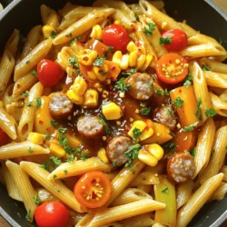 To make Spicy Honey BBQ Sausage Pasta Skillet, gather the following ingredients: - 8 oz penne pasta - 2 tablespoons olive oil - 1 lb spicy Italian sausage, casings removed - 1 medium onion, diced - 3 cloves garlic, minced - 1 bell pepper (red or yellow), diced - 1 cup corn kernels (fresh or frozen) - 1 cup cherry tomatoes, halved - 1/2 cup BBQ sauce - 2 tablespoons honey - 1 teaspoon crushed red pepper flakes (adjust to taste) - Salt and pepper to taste - Chopped fresh parsley for garnish - Grated Parmesan cheese for serving (optional) You can add a few garnishes to make your dish shine even more: - Chopped fresh parsley - Grated Parmesan cheese - Extra crushed red pepper flakes for spice If you need to swap out any ingredients, here are some great options: - Pasta: Use any pasta shape you like, such as fusilli or rotini. - Sausage: You can use chicken or turkey sausage for a leaner option. - Bell Pepper: Any color works, or you can skip it entirely. - Corn: Use black beans instead for a different flavor. - BBQ Sauce: Any favorite sauce can replace BBQ sauce. - Honey: Maple syrup can be a great alternative for sweetness. For the full recipe, be sure to check out the instructions and enjoy cooking! Start by boiling a large pot of salted water. Add 8 oz of penne pasta once the water boils. Cook it according to the package instructions. You want the pasta to be al dente, or slightly firm. This usually takes about 8-10 minutes. After cooking, drain the pasta and set it aside. In a large skillet, heat 2 tablespoons of olive oil over medium heat. Once the oil is hot, add 1 lb of spicy Italian sausage. Remove the casings before adding it to the skillet. Use a spatula to break it apart as it cooks. Cook the sausage until it is browned and no longer pink. This will take about 5-7 minutes. Next, add 1 medium diced onion and 1 diced bell pepper to the skillet. Sauté these for about 3-4 minutes. You want the vegetables to become soft. Then, add 3 cloves of minced garlic. Cook for another 1-2 minutes until the garlic smells great. Now, it's time to bring in the fun flavors. Stir in 1 cup of corn kernels and 1 cup of halved cherry tomatoes. Then, add 1/2 cup of BBQ sauce and 2 tablespoons of honey. Don’t forget the 1 teaspoon of crushed red pepper flakes for some heat! Mix everything well and let it simmer for about 5 minutes to blend the flavors. Finally, toss the cooked penne pasta into the skillet. Mix until the pasta is well coated with the sauce. Taste it and season with salt and pepper as needed. When ready, remove it from heat. Garnish with chopped fresh parsley and sprinkle some grated Parmesan cheese if you like. Serve this tasty dish hot and enjoy! For the complete recipe, check the [Full Recipe]. To get the best pasta, use a large pot. Fill it with water and add salt. The salt makes the pasta tasty. Cook the penne until it is al dente, which means firm but not hard. Drain it well, but save a bit of pasta water. This water helps to bind sauces. You can change the flavors in this dish. Try adding some chopped spinach for color and nutrition. You can also add jalapeños for more heat. If you want a smoky taste, try smoked paprika. For a touch of sweetness, add more honey. Experimenting with spices can make this dish your own. Serve the pasta hot right from the skillet. Top it with fresh parsley for a pop of color. If you love cheese, sprinkle grated Parmesan on top. For a crispy touch, serve it with garlic bread. This dish pairs well with a fresh salad, too. Enjoy this meal with family or friends for a fun dinner! {{image_2}} You can make a great vegetarian version of this dish. Swap the sausage for a plant-based option. Use lentils or chickpeas for protein. You can also add more veggies like mushrooms, zucchini, or spinach. These will add flavor and texture. The BBQ sauce and honey will still make it taste amazing! If you love heat, you can add more spice. Use extra crushed red pepper flakes in the mix. You can also add fresh jalapeños for a kick. For a smoky flavor, try chipotle sauce. Adjust the honey based on your spice level. This will balance the heat and sweetness. You can switch up the sauce to match your taste. Try using teriyaki sauce for a sweet twist. If you want a creamy texture, mix in some Alfredo sauce. For a tangy flavor, barbecue sauce with added mustard works well. These options keep the dish fresh and fun! For the complete cooking details, check out the Full Recipe. To keep your Spicy Honey BBQ Sausage Pasta Skillet fresh, store leftovers in an airtight container. Make sure it cools down first. Place it in the fridge for up to three days. This will help keep the flavors intact. When you want to enjoy your leftovers, reheat them on the stove or in the microwave. For the stove, add a splash of water or broth to prevent sticking. Heat it gently over low heat until warm. If using a microwave, cover the dish and heat in short bursts. Stir in between to warm it evenly. You can freeze this dish for later. First, let it cool completely. Then, place it in a freezer-safe container. Seal it tightly to avoid freezer burn. It stays good for about three months. To eat, thaw it in the fridge overnight, then reheat as mentioned above. Enjoy a quick meal anytime! For the full recipe, check out the Spicy Honey BBQ Sausage Pasta Skillet recipe. I recommend using spicy Italian sausage. It adds great flavor and heat. You can also try chicken sausage for a lighter option. If you prefer mild sausage, that works too. Just adjust the spices later. Yes, you can prepare this dish ahead. Cook the pasta and sausage, then store them separately. This way, you keep the pasta from getting mushy. When ready to serve, reheat and combine them. It saves time on busy nights! To tone down the heat, use mild Italian sausage. Skip the crushed red pepper flakes or add less than the recipe states. You can also balance spice with extra honey or BBQ sauce. This will give sweetness without heat. This pasta pairs well with a fresh salad or garlic bread. You could also serve it with steamed veggies for a healthy touch. Another option is to enjoy it with a light wine, like white or rosé. For the full recipe, check the recipe section. This post covered key ingredients, step-by-step cooking, and handy tips for your dish. We explored variations and effective storage methods. Remember, great meals start with fresh ingredients and simple steps. Experiment with flavors and make it your own. With these tips, you can create a meal that’s both fun to cook and delicious to eat. Enjoy the process, and don't hesitate to share your creations!