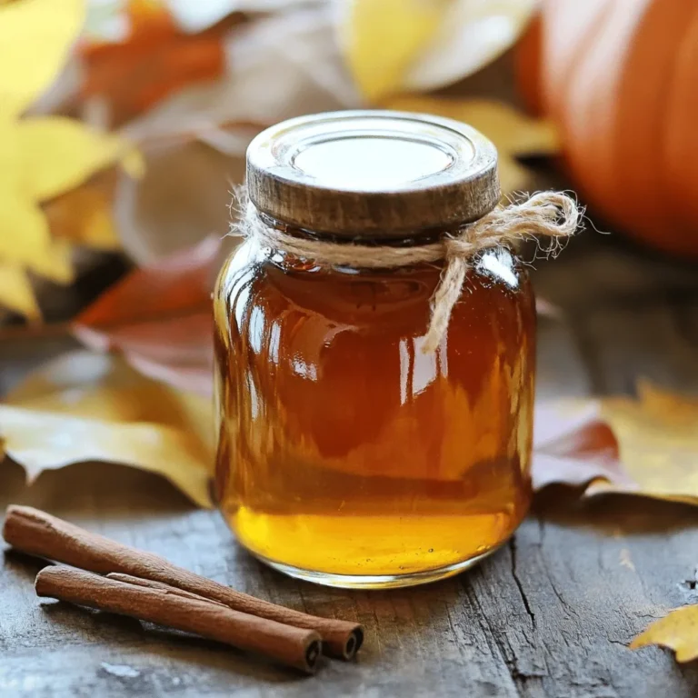 - 1 cup pure pumpkin puree - 1 cup brown sugar - 1 cup water - 1 teaspoon vanilla extract - 1 teaspoon pumpkin pie spice (or a mix of cinnamon, nutmeg, ginger, and clove) - A pinch of salt Each ingredient plays a key role in the flavor of your syrup. The pumpkin puree gives it a rich, smooth base. Brown sugar adds sweetness and depth. Water helps blend everything together. Vanilla extract provides a warm note. Pumpkin pie spice brings in that classic autumn flavor. Finally, a pinch of salt balances the sweetness. When picking pumpkin puree, look for pure options with no added sugars or preservatives. This ensures a natural taste. For brown sugar, I prefer dark brown for a deeper flavor. Always choose fresh spices if possible; they have more aroma. Check the date on the package to ensure freshness. Quality ingredients make a big difference in your syrup’s taste. To make homemade pumpkin spice syrup, start with a medium saucepan. Combine one cup of pure pumpkin puree, one cup of brown sugar, and one cup of water. Place the pan over medium heat. Stir the mixture until the sugar dissolves completely. This step is key for a smooth syrup. Next, add one teaspoon of vanilla extract, one teaspoon of pumpkin pie spice, and a pinch of salt. Mix everything well. Bring the mixture to a simmer, then lower the heat. Let it cook for 10 to 15 minutes. Stir occasionally to stop it from sticking. This cooking time thickens the syrup and deepens the flavors. After cooking, take the saucepan off the heat. Let the syrup cool slightly. For the next step, strain the syrup through a fine mesh sieve into a glass jar or bottle. Use a spoon to press the mixture, extracting as much syrup as you can. Discard the solids left in the sieve. Finally, allow the syrup to cool completely before sealing the jar. The key to a rich flavor is simmering. This helps meld the spices and pumpkin. Stirring often prevents burning. If you want a thicker syrup, let it cook a bit longer. Always taste as you go. Adjust flavors based on your preference. Choosing quality ingredients is also important. Use pure pumpkin puree, not pumpkin pie filling, for the best taste. Fresh spices work best for flavor. When mixing, be sure to measure everything. Consistency in measurements gives you reliable results. Consider taking photos at each step. Show the mixture before and after adding spices. Capture the simmering syrup bubbling on the stove. An image of straining the syrup can help others see what to do. Lastly, a shot of the finished syrup in a jar makes for a lovely presentation. For a more engaging experience, you could create a short video showing the entire process. Visual aids can inspire others to try making their own homemade pumpkin spice syrup. When making pumpkin spice syrup, avoid using canned pumpkin pie filling. This has added sugar and spices, which can alter the flavor. Always use pure pumpkin puree for the best taste. Another mistake is not stirring enough. Stir well to prevent the sugar from burning. If it burns, it will taste bitter. If you like sweeter syrup, add more brown sugar. Start with a small amount, then taste and adjust. For less sweetness, cut back on the sugar. To change the spice level, add more pumpkin pie spice for a stronger flavor. A pinch of cinnamon can also enhance the taste. Straining is key to a smooth syrup. Use a fine mesh sieve for best results. Pour the syrup slowly to catch all solids. Press the mixture with a spoon to extract more liquid. This helps you get all the rich flavors into your jar. {{image_2}} You can easily change the flavor of your pumpkin spice syrup. Adding maple syrup gives it a rich sweetness. Caramel offers a warm, buttery taste. You can mix in a splash of bourbon for a fun twist. Just replace a bit of the brown sugar with your chosen flavor. This small change gives you a new take on your syrup. Pumpkin spice is great, but don’t stop there! You can try other spices too. Consider adding a bit of cardamom for a floral note. Allspice can give it a deeper flavor. Experiment with cloves for an even bolder kick. Just remember to keep the balance. You want the pumpkin flavor to shine through. Your pumpkin spice syrup can do more than sweeten drinks. Try mixing it with yogurt for a tasty dip. It works great in oatmeal too. Drizzle some over your baked goods for extra flavor. You can even blend it into smoothies! Each use brings out new flavors. The syrup is a fun way to spice up your meals. Check the Full Recipe for more ideas! To keep your homemade pumpkin spice syrup fresh, store it in a clean glass jar. Make sure the jar has a tight lid. This helps keep air out and preserves flavor. Always let the syrup cool down first, then seal the jar tightly. Your pumpkin spice syrup lasts about two weeks in the fridge. Check for changes in color or smell. If you see any mold or if it smells off, it’s time to toss it. Always trust your nose and eyes when checking for spoilage. You can freeze the syrup to keep it longer. Pour it into an ice cube tray for easy use. Once frozen, transfer the cubes to a freezer bag. This way, you can use just what you need. The syrup will keep for about three months in the freezer. When ready to use, let the cubes thaw in the fridge overnight. Enjoy your syrup in drinks and treats! For the full recipe, check out the [Full Recipe]. Homemade pumpkin spice syrup can last up to two weeks in the fridge. Store it in a clean glass jar. Check for any changes in smell or texture before using. If it seems off, throw it away. Always use a clean spoon to scoop out syrup. This helps keep it fresh longer. You can use fresh pumpkin, but it takes more work. First, cook the pumpkin until it is soft. Then, mash it or blend it into a puree. This may change the syrup's texture and flavor. Canned pumpkin puree is easy and gives a smooth result. Pumpkin spice syrup is very versatile! You can drizzle it on pancakes or waffles. It adds flavor to ice cream or yogurt too. Try stirring it into coffee or tea for a cozy drink. Mix it into baking recipes like muffins or cakes for a fall twist. We explored key ingredients and how to choose the best ones. The step-by-step instructions guide you to cooking success. We covered tips to avoid common mistakes and adjust flavors. Variations let you personalize the syrup for your taste. You now know how to store it properly and how long it lasts. You can create delicious pumpkin spice syrup that meets your needs. Enjoy experimenting!