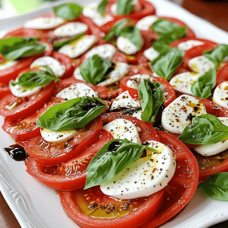 For a great Easy Caprese Salad, gather these fresh ingredients: - Fresh tomatoes - Mozzarella cheese - Fresh basil - Balsamic glaze - Extra virgin olive oil - Seasoning options Fresh tomatoes should be bright and firm. I like to use ripe heirloom tomatoes for their rich taste. Mozzarella cheese must be fresh. Look for the kind that comes in water. It adds a creamy texture to the salad. Fresh basil gives your salad a nice aroma. Choose basil with bright green leaves. Avoid any that looks wilted or brown. Balsamic glaze is sweet and tangy. It brings all the flavors together. Extra virgin olive oil adds a smooth richness. Use a good quality oil for the best taste. Lastly, for seasoning, I suggest salt and freshly ground black pepper. You can also add red pepper flakes for a bit of heat. This list of ingredients helps create a salad that is fresh and flavorful. For the full recipe, check out the Caprese Delight Salad section above. 1. Washing and drying basil Start by washing the fresh basil leaves. Rinse them gently under cold running water. After washing, dry them with a paper towel. This keeps the leaves fresh and crisp. 2. Layering tomatoes and mozzarella On a large serving platter, lay out the sliced tomatoes. Next, add the fresh mozzarella slices. Overlap the slices slightly. This makes the salad look pretty and inviting. 3. Adding basil in between layers Tuck the fresh basil leaves between the layers of tomato and mozzarella. This adds a lovely aroma and enhances the taste. The smell of fresh basil is a key part of this salad. 4. Drizzling oils and glazes Now, drizzle the extra virgin olive oil over the entire salad. Make sure to cover all the layers. Then, add a generous drizzle of balsamic glaze. This will make the salad shine and taste even better. 5. Seasoning the salad Finally, sprinkle the salad with salt and freshly ground black pepper. Adjust the amount to your liking. If you want some heat, add a sprinkle of red pepper flakes. Let it sit for about 10 minutes. This helps the flavors blend together. For the full recipe, check out the Caprese Delight Salad section. - Choosing the best tomatoes: Look for ripe tomatoes. They should feel heavy and firm. Varieties like heirloom or vine-ripened are great options. Their flavor makes a big difference. - Opting for fresh mozzarella: Fresh mozzarella has a soft, creamy texture. It melts in your mouth. Avoid pre-shredded cheese; it lacks the fresh taste. - Balancing flavors with seasoning: Use good quality salt. It enhances the natural flavors. Black pepper adds a nice kick. Try to season lightly at first, then adjust. - Allowing flavors to meld: After you make your salad, let it sit for 10 minutes. This waiting time helps the flavors combine. The salad tastes even better when served fresh. These tips will help you create a Caprese salad that shines. For the complete steps, check the Full Recipe. Enjoy this fresh and flavorful delight! {{image_2}} You can make your Caprese salad even more fun! Here are some tasty ideas: - Adding avocado for creaminess: Slice ripe avocado and add it between the layers. This makes the salad rich and creamy. The smooth texture pairs well with the tomatoes and mozzarella. - Incorporating grilled vegetables: Grilled zucchini or bell peppers add a nice smoky flavor. Just slice them and grill until tender. Mix them in with the tomatoes and mozzarella for a fresh twist. - Using different vinaigrettes: Try a lemon vinaigrette instead of balsamic. It gives a bright, zesty flavor. You can also use a pesto drizzle for a herby kick. Each option adds unique flavors to your salad. These variations keep your Caprese salad fresh and exciting. You can find the full recipe above to get started! To keep your Caprese salad fresh, store it in an airtight container. This prevents air from spoiling the ingredients. If you have extra basil, keep it in a separate bag. The shelf life of Caprese salad is about 1 to 2 days in the fridge. After that, the tomatoes may get mushy, and the basil could wilt. For the best taste, eat the salad right away. If you must store it, here are some tips for freshness: - Use ripe tomatoes for better flavor. - Keep olive oil and balsamic glaze separate until serving. - Avoid mixing salt into the salad until you’re ready to eat. Salt draws out moisture and can make the salad soggy. With these tips, you can enjoy that fresh and flavorful delight for another day! Can I make this salad ahead of time? Yes, you can prepare the salad ahead. Just keep the parts separate. This way, the tomatoes and cheese stay fresh. Mix them right before serving for the best taste. What type of mozzarella is best? Fresh mozzarella is the best choice for this salad. It has a soft and creamy texture. Look for mozzarella packed in water for extra freshness. How can I make it vegan? To make a vegan version, swap the mozzarella for a plant-based cheese. You can also use avocado slices for creaminess. This keeps the salad tasty and fresh. What are some serving suggestions? Serve the Caprese salad as a side dish or a light meal. It pairs well with grilled chicken or fish. You can also serve it with crusty bread for a complete meal. Can I use different types of vinegars? Yes, you can try different vinegars like red wine or apple cider vinegar. Each will add a unique twist to the flavor. Just make sure to balance it with oil for taste. For a full recipe, check the Caprese Delight Salad section. You learned how to make a fresh Caprese salad. We covered ingredients like tomatoes, mozzarella, and basil. Step-by-step, I showed you how to layer and dress the salad. Tips on choosing fresh tomatoes and balancing flavors help, too. You can also try creative twists like avocado or grilled veggies. Remember, store your leftovers properly for best taste. Now, you have the tools to enjoy this classic dish anytime.