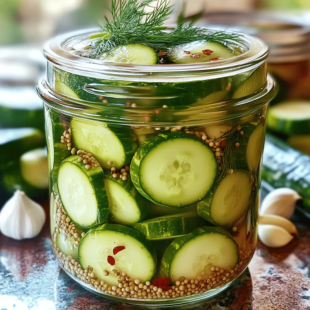 - 4 small cucumbers, sliced into rounds or spears - 1 ½ cups distilled white vinegar - 1 cup water - 2 tablespoons sugar - 1 tablespoon salt - 1 teaspoon mustard seeds - 1 teaspoon dill seeds - 4 cloves garlic, peeled - 1 teaspoon crushed red pepper flakes (optional for heat) - Fresh dill sprigs for garnish When choosing cucumbers, pick firm ones with bright skin. Small cucumbers work best for crunch. You can use pickling cucumbers for extra flavor. The vinegar in this recipe gives a nice tang. You can switch it up with apple cider vinegar for a different taste. Adding garlic boosts the flavor. If you like heat, add crushed red pepper. This is optional, so adjust it to your liking. Fresh dill sprigs add a lovely aroma and taste. If you want a sweeter pickle, add a bit more sugar. This ingredient list is simple. With everything ready, you can make these crunchy, flavorful snacks in no time. For the full recipe, follow the steps carefully to ensure great results. Start by washing your cucumbers. Rinse them well under cold running water. This step removes dirt and helps clean the skin. For slicing, you can choose rounds or spears. I love spears for dipping! To get the best shape, use a sharp knife. Cut each cucumber evenly. This helps them pickle nicely. Fresh cucumbers are key. They should feel firm and have no soft spots. Using fresh cucumbers makes your pickles crisp and tasty. Next, it’s time to make the brine. In a medium saucepan, mix 1 ½ cups of distilled white vinegar, 1 cup of water, 2 tablespoons of sugar, and 1 tablespoon of salt. Add mustard seeds, dill seeds, and crushed red pepper flakes if you want some heat. Heat this mixture over medium heat. Stir until the sugar and salt dissolve completely. Once they dissolve, remove the pan from the heat. Let the brine cool to room temperature. Cooling helps the flavors mix and infuse better. Now, let’s put it all together. Grab clean, sterilized glass jars with tight-sealing lids. Start by adding your sliced cucumbers to the jars. Tuck in the garlic cloves and fresh dill sprigs for added flavor. Once the cucumbers are in, pour the cooled brine over them. Make sure the cucumbers are fully submerged. Seal the jars tightly with the lids. Place them in the fridge. Let them sit for at least 24 hours, but 3-5 days is best for full flavor. Enjoy these crunchy pickles as a snack or on sandwiches. For the full recipe, check out the details above! To get the best taste from your refrigerator pickles, marinating time is key. I suggest letting them sit for at least 24 hours. However, if you want bold flavors, wait 3 to 5 days. The longer they sit, the better they taste. You can also adjust the sweetness and spice levels. If you prefer sweeter pickles, add more sugar. For a spicy kick, increase the crushed red pepper flakes. Start small and taste as you go. To keep your pickles crunchy, use fresh cucumbers. Choose small, firm ones. Avoid old or soft cucumbers. Also, don’t skip the salt in your brine. It helps keep the pickles crisp. Using sterilized jars is important for your pickles. It keeps them safe and helps them last longer. Bacteria can ruin your pickles, so always start with clean jars. A quick method for sterilizing jars at home is boiling. Place jars in boiling water for 10 minutes. Let them air dry before adding your pickles. You can also run them through the dishwasher on a hot cycle. For long-lasting pickles, seal the jars tightly. Store them in the fridge right away. Proper storage helps maintain flavor and crunch. {{image_2}} You can change up the flavors in your pickles easily. Try adding herbs and spices like: - Garlic - Mustard seeds - Peppercorns - Dill Each spice adds its own twist. Do you want sweet or savory? Use less sugar for a tangy bite. For a sweet treat, add more sugar or even some honey. Want something unique? Try adding: - Turmeric for color - Ginger for a zing These add exciting flavors and give your pickles a special touch. Don't be afraid to mix and match! Cucumbers are great, but you can pickle many veggies. Consider these options: - Carrots - Cauliflower - Bell peppers - Radishes Mixing different vegetables makes a colorful jar. Each veggie brings a new taste. For example, carrots add sweetness while radishes give a spicy kick. When you make mixed vegetable refrigerator pickles, the flavors blend together. This can create a delightful surprise in each bite! Experiment with what you have on hand. Enjoy your fridge full of crunchy, tasty snacks! For the full recipe, check out the [Full Recipe]. Refrigerator pickles taste best when eaten fresh. You can keep them for about 2 to 4 weeks. After this time, they may lose crunch and flavor. Always check for signs of spoilage. If you see mold or an off smell, it’s time to toss them out. Store jars in the coldest part of your fridge. This helps keep them fresh longer. Make sure the lids are tight. This keeps air out and prevents spoilage. You can freeze pickles, but it changes their texture. Freezing makes them soft, so I don’t recommend it for crunch. Refrigerating them keeps their crispness intact. Over time, the flavor may change. They can become more tangy the longer they sit. If you want to reuse jars, clean them well. Sterilize them in hot water or a dishwasher. This keeps new batches safe and tasty. Refrigerator pickles usually last 2 to 4 weeks in the fridge. The key factors that affect their shelf life include the ingredients used and how well the jars are sealed. If you notice any signs of spoilage, like mold or an off smell, discard them right away. Yes, you can use different vinegars. Apple cider vinegar and red wine vinegar offer unique flavors. Each vinegar gives the pickles a different taste. I recommend using distilled white vinegar for a classic flavor, but feel free to experiment! Refrigerator pickles are super versatile. You can add them to sandwiches for crunch. They also work well in salads and tacos. Try serving them with grilled meats or as a snack on their own. You can even chop them up for a tangy relish. If your pickles taste too salty, rinse them under cold water. This helps reduce the saltiness. For next time, use less salt in the brine. You can also add a bit of sugar to balance the flavor. You now have a solid guide to making crunchy refrigerator pickles. We covered key ingredients, step-by-step instructions, and tasty variations. Remember, fresh ingredients lead to the best flavors. Experiment with spices to find your perfect balance. Store your pickles well to keep them fresh longer. With time and practice, you'll master this easy kitchen skill. Happy pickling!