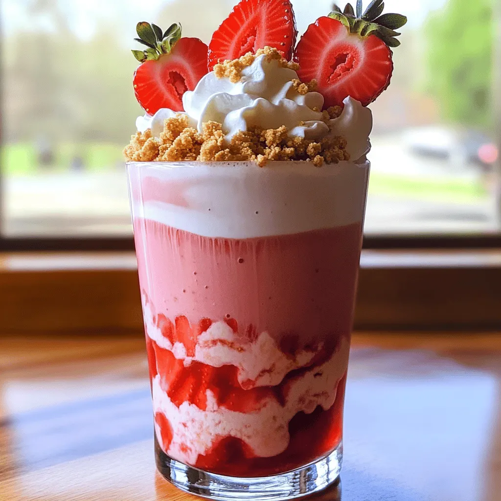 - 1 cup strong brewed coffee, cooled - 1 cup milk (dairy or non-dairy) - 1 cup frozen strawberries - 1/2 cup cheesecake filling (store-bought or homemade) - 2 tablespoons sugar (adjust to taste) - 1/2 teaspoon vanilla extract - Whipped cream for topping - Crushed graham crackers for garnish - Fresh strawberries for garnish You need strong brewed coffee for the base. I prefer it cooled to keep the frappuccino frosty. Use one cup of milk, whether you choose dairy or a non-dairy option. The frozen strawberries give it a fruity flavor and icy texture. The cheesecake filling is key. You can buy it or make your own. I often use store-bought when I’m in a hurry. Adjust the sugar to your taste. I usually start with two tablespoons. The vanilla extract adds a nice touch of flavor. Whipped cream is a must for the top. It makes the drink feel special. Crushed graham crackers mimic the cheesecake crust. Finally, fresh strawberries on top add a lovely finish. - Chocolate syrup - Flavored syrups (e.g., vanilla or caramel) - Additional fruit toppings You can enhance the frappuccino with optional add-ins. A drizzle of chocolate syrup adds a sweet twist. Flavored syrups, like vanilla or caramel, can also change the taste. You might like to add more fruit on top for extra fun. - High-speed blender - Measuring cups and spoons - Tall glasses for serving To make this drink, you need a high-speed blender. It blends everything together smoothly. Measuring cups and spoons are essential for accuracy. Finally, tall glasses are perfect for serving your delicious creation. For the full recipe, check out the details in the previous section. Enjoy making this delightful drink! - Brew and cool 1 cup of strong coffee. - Measure and gather all ingredients. Start by brewing your coffee. Let it cool to avoid melting the ice. Make sure you have everything ready. This helps keep the process smooth and fun. - Combine all ingredients in the blender. - Blend until smooth and creamy. In your blender, add: - 1 cup of cooled coffee - 1 cup of milk - 1 cup of frozen strawberries - 1/2 cup of cheesecake filling - 2 tablespoons of sugar - 1/2 teaspoon of vanilla extract Blend these items on high speed. You want it smooth and creamy. No chunks should remain. If you taste it and it needs more sweetness, feel free to add more sugar. - Adjust sweetness and texture as needed. - Pour into glasses and add toppings. Once blended, pour the frappuccino into tall glasses. If it’s too thick, add a splash of milk and blend again. Top with whipped cream for that classic look. Sprinkle crushed graham crackers on top to mimic a cheesecake crust. Add fresh strawberry halves for a beautiful touch. Enjoy your drink! For the complete recipe, check the Full Recipe section. To get the right thickness for your frappuccino, adjust the milk. If it’s too thick, add a splash more milk. Blend again until smooth. For smoothness, use a high-speed blender. Blend until there are no chunks left. This makes your drink creamy and enjoyable. You can change up the flavor easily. Try adding a bit more sugar if you like it sweet. If you want a richer taste, use fresh strawberries instead of frozen ones. Fresh strawberries add a bright flavor. Frozen strawberries work well too, especially when it’s hot outside. Serve your frappuccino in tall glasses for a nice look. Top it with a generous amount of whipped cream. Sprinkle crushed graham crackers on top for a cheesecake crust feel. Add fresh strawberry halves for a pop of color. This makes your drink not just tasty, but pretty too. For the full recipe, check out the ingredients and steps. {{image_2}} You can make the Strawberry Cheesecake Frappuccino with less sugar. Use a sugar substitute for a low-calorie drink. You can also swap the milk for almond or oat milk. This change makes it dairy-free and lighter. If you want a creamier feel, choose full-fat coconut milk. These options still taste great! Feel free to mix in other fruits. Blueberries or raspberries can add a fun twist. You can also try using different cheesecake fillings. Look for flavors like lemon or chocolate. Each change can create a new taste in your drink. Be creative and explore what you love! Use seasonal fruits for fresh flavors. In summer, add peaches or cherries. For fall, you could mix in pumpkin or spice flavors. During holidays, think about peppermint or eggnog twists. These fun changes can keep your frappuccino exciting all year. Enjoy finding new ways to make this drink special! To store your Strawberry Cheesecake Frappuccino, pour it into an airtight container. Seal it tight to keep the flavors fresh. Place the container in the fridge. It stays good for up to 2 days. After two days, the taste may change, and it may not be as creamy. If you want to enjoy your frappuccino later, give it a good stir first. You can serve it cold or blend it again. If it’s too thick after sitting, add a bit of milk and blend. This will bring back its smooth texture. Yes, you can freeze the frappuccino! Pour it into a freezer-safe container. It should last about a month in the freezer. When ready to enjoy, take it out and place it in the fridge overnight to thaw. Blend it again before serving for the best taste. A Strawberry Cheesecake Frappuccino is a creamy, blended drink. It mixes strong coffee, milk, frozen strawberries, and cheesecake filling. People love it for its sweet taste and fun texture. This drink offers a delicious twist on the classic strawberry cheesecake. You can enjoy it as a dessert or a treat any time of day. Yes, you can make a delicious version without coffee. Use milk and frozen strawberries as the base. Add in cheesecake filling and sugar for sweetness. This creates a tasty, caffeine-free drink. You might also try using a milk substitute, like almond or oat milk, for a unique flavor twist. Many popular coffee shops offer this drink. Chains like Starbucks and Dunkin' often have it on their menu. Local cafes may also serve their own versions. If you want to try it at home, check out the Full Recipe for a simple guide. You now have all the tools to make a delicious Strawberry Cheesecake Frappuccino. We started with the key ingredients, blending techniques, and serving tips. You can customize this drink with add-ins and flavor variations to suit your taste. Don't forget about storage options for any leftovers. This frappuccino is easy to make at home and perfect for sharing. Enjoy your tasty creation anytime you crave a refreshing treat!