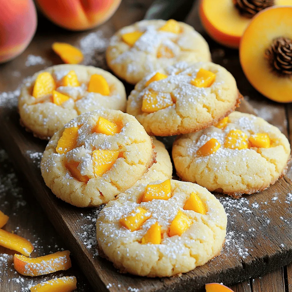 - 1 cup ricotta cheese - 1 cup fresh peaches, peeled and diced Ricotta cheese makes these cookies soft and creamy. It adds moisture and keeps them tender. The fresh peaches bring a sweet burst of flavor. As they bake, the peaches soften and blend perfectly with the dough. - 2 cups all-purpose flour - 1 teaspoon baking powder - 1/2 teaspoon baking soda - 1/4 teaspoon salt All-purpose flour gives the cookies structure and helps them rise. Baking powder and baking soda work together to create a light texture. Salt balances the sweetness in the cookies. - Zest of 1 large orange - 1/4 cup fresh orange juice - 1 teaspoon vanilla extract The orange zest and juice add bright, citrusy notes. This flavor pairs well with the sweet peaches. Vanilla extract rounds out the taste, making each bite more enjoyable. You can find the full recipe for these delightful cookies included in this article. To start, I cream the ricotta cheese with the softened butter. This step makes the mixture smooth and fluffy. Next, I add the granulated sugar and mix until it blends well. The color should lighten as you mix. After that, I add the orange zest, fresh orange juice, and vanilla extract. Stir until the mixture is fully combined and smells amazing. In a separate bowl, I whisk together the flour, baking powder, baking soda, and salt. If I want a hint of warmth, I might add ground cinnamon. Then, I gradually add this flour mixture to the ricotta mix. I stir gently until a soft dough forms. Finally, I fold in the diced peaches. I take care not to mash them, so they stay chunky in the dough. Next, I drop rounded tablespoons of dough onto prepared baking sheets. I space them about 2 inches apart to allow for spreading. I bake the cookies in a preheated oven at 350°F (175°C) for 12 to 15 minutes. The edges should turn light golden, while the centers remain soft. After baking, I let the cookies cool on the sheets for 5 minutes. Then, I transfer them to wire racks to cool completely. For the full recipe, check out the link. Choosing ripe peaches is key. Look for peaches that are soft to the touch. They should have a sweet scent. A good peach adds juicy flavor to your cookies. If they are too firm, they won't mix well. You want peaches that will blend nicely into the dough. Using the right temperature for ingredients helps too. Let your butter sit at room temperature. It should be soft but not melted. Ricotta should also be at room temperature. This makes mixing easier and gives a better texture. Cold ingredients can cause the cookies to spread too much. Adding cinnamon gives a warm touch to your cookies. Just a half teaspoon can make a big difference. It pairs well with peaches and orange zest. If you want to try new fruits, go ahead! Cherries or blueberries can be great swaps. Adjust the sugar if the fruit is sweeter. Dusting with powdered sugar is a simple way to make your cookies look fancy. It adds a nice, sweet touch. Use a sifter for an even layer. You can also garnish with fresh fruit. A slice of peach or a bit of orange zest makes the cookies pop. It helps your cookies look inviting and delicious. {{image_2}} You can easily make these cookies gluten-free. Just swap regular flour for a gluten-free flour blend. Look for one that has a mix of rice flour, tapioca starch, and potato starch. This mix will keep your cookies light and fluffy. You may need to add a little extra liquid since gluten-free flour absorbs more moisture. If you want to make these cookies vegan, switch out the ricotta and butter. Try using blended silken tofu or vegan cream cheese for ricotta. For the butter, coconut oil or a vegan butter substitute works well. This will keep the texture creamy and rich without dairy. Get creative with flavors! You can try lemon or lime zest instead of orange. This gives a fun twist and bright taste. Adding nuts like chopped walnuts or pecans can add a nice crunch. Mix in some chocolate chips for a sweet surprise. Each variation brings a new taste to enjoy! For the full recipe, check out the detailed steps to make these delightful cookies. To keep your cookies fresh, place them in an airtight container. This helps keep them soft and moist. You can also layer parchment paper between the cookies to prevent sticking. Store the container at room temperature for the best results. If you want to keep them longer, try refrigerating them. Freezing cookies is simple and effective. First, let the cookies cool completely. Then, place them in a single layer on a baking sheet and freeze for about an hour. Once frozen, transfer them to a freezer bag. This prevents them from sticking together. When you want to enjoy them, thaw the cookies in the fridge overnight or at room temperature for a few hours. For the best taste and texture, eat your cookies within 3-5 days. If stored well, they can last up to 2 weeks at room temperature. However, freezing can extend their shelf life up to 3 months. Enjoy them fresh or frozen for a delightful treat anytime! For the full recipe, check the link. You can use cottage cheese or cream cheese. Both have a similar texture. Cottage cheese offers a lighter taste, while cream cheese adds a richer flavor. If you want a dairy-free option, try tofu blended with a bit of lemon juice. This mix will give you a smooth texture. Yes, you can use canned peaches. They are often sweeter but can be mushier. Fresh peaches provide a firmer bite and a brighter flavor. If you use canned peaches, make sure to drain them well. This helps keep the dough from getting too wet. Look for light golden edges on the cookies. The centers should remain soft and slightly puffed. You can also gently press the top with your finger. If it springs back, they are done. Let them cool a bit on the baking sheet for the best texture. These cookies pair well with tea or coffee. A glass of cold milk is also a great choice. For a fun twist, try them with peach iced tea. This adds a nice fruity touch that complements the cookies. Enjoy your sweet treat! For the full recipe, check out the details above. In this article, I covered how to make delicious Orange Ricotta Peach Cookies. You learned about the key ingredients, like ricotta and fresh peaches. I provided step-by-step instructions for preparing the dough and baking. You also discovered tips for perfect texture and ways to vary the recipe. Storing tips ensure your cookies stay fresh. I hope you feel ready to bake this tasty treat. Enjoy experimenting with flavors and sharing them with friends!