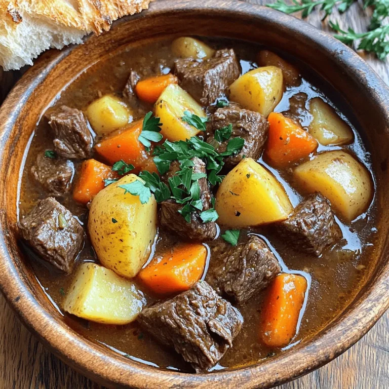 To make your classic hearty beef stew, you need these key ingredients: - 2 lbs beef chuck, cut into 1-inch cubes - 3 tablespoons olive oil - 1 large onion, chopped - 3 cloves garlic, minced - 4 carrots, sliced - 4 medium-sized potatoes, diced - 2 stalks celery, chopped - 4 cups beef broth - 2 tablespoons tomato paste - 1 teaspoon dried thyme - 1 teaspoon dried rosemary - 2 bay leaves - Salt and pepper to taste These ingredients create a rich and warm flavor. The beef chuck gives a nice texture and taste. The veggies add color and nutrients. You can also add a few optional ingredients: - 1 cup frozen peas (for a pop of color) These extras can enhance the stew's look and flavor. The peas add sweetness and brightness. For a finishing touch, consider these garnishes: - Fresh parsley, chopped Garnishing with parsley gives a fresh taste and a splash of color. It makes the dish even more inviting. Serve your stew in rustic bowls, paired with crusty bread for a complete meal. The Full Recipe will guide you in making this heartwarming dish. Start by gathering all your ingredients. You need beef chuck, onions, garlic, carrots, potatoes, celery, and spices. Chop the onions and garlic, slice the carrots, and dice the potatoes. This prep makes cooking easier. Heat a large pot or Dutch oven over medium heat. Add the olive oil. Once it's hot, add the beef cubes in batches. Browning the meat gives it flavor. Cook for about 5-7 minutes until brown. Remove the beef and set it aside. In the same pot, add the chopped onions. Sauté them until they are soft and translucent, about 3-4 minutes. Then, add the minced garlic and cook for one more minute. This step builds a great base for your stew. Return the browned beef to the pot. Stir in the tomato paste to coat everything. Next, add the carrots, potatoes, and celery. Pour in the beef broth and stir well. Now, add the dried thyme, rosemary, bay leaves, salt, and pepper. Bring the stew to a gentle boil. Once it starts boiling, reduce the heat to low and cover the pot. Let it simmer for 1.5 to 2 hours. This helps the beef become tender and the flavors to mix. Stir occasionally. If it looks dry, add more broth or water. If you want to add peas, do so about 10 minutes before serving. They should be bright and warm. Before you serve, take out the bay leaves. Taste the stew and adjust salt and pepper if needed. When ready, ladle the stew into bowls. Garnish with fresh parsley for color. Serve with crusty bread on the side. This meal will warm your soul. Enjoy! For the complete process, check out the Full Recipe. To make beef tender, choose the right cut. I recommend beef chuck. It has more fat and flavor. Cut it into 1-inch cubes for even cooking. When you brown the beef, let it sit in the pot for a few minutes. This creates a nice crust. This crust adds flavor to your stew. Simmer the stew for at least 1.5 hours. This slow cooking breaks down tough fibers. The beef will become soft and juicy. To boost flavor, use fresh herbs like thyme and rosemary. They add depth to your stew. Don’t forget the bay leaves; they give a nice aroma. Adding tomato paste helps create a rich base. You can also sprinkle in a bit of Worcestershire sauce for a savory kick. If you like, toss in a splash of red wine. It adds richness and rounds out the flavor profile. For a hint of sweetness, add a bit of sugar or a splash of balsamic vinegar. Want to save time? Chop your veggies ahead of time. You can store them in the fridge. This way, they are ready when you cook. Use a pressure cooker for faster results. It can cut the cooking time in half. If you have leftovers, make a big batch. You can freeze extra stew for later. This makes weekday meals easy. Just reheat and enjoy! For the full recipe, check out the Classic Hearty Beef Stew section above. {{image_2}} You can change the taste of your beef stew by adding different vegetables. Try using green beans or parsnips for a fresh twist. Sweet potatoes add a nice sweetness that complements the beef. You can also toss in some mushrooms for a rich, earthy flavor. Just remember to cut the veggies into similar sizes for even cooking. If you want to switch up the meat, there are great options! Pork shoulder works well and gives a different flavor. Chicken thighs can also be a tasty choice, though they cook faster. For a gamey taste, try venison or lamb. Each meat brings its own unique character to the stew. You can make a hearty stew without meat. Use hearty vegetables like mushrooms, carrots, and potatoes. Swap beef broth for vegetable broth to keep it rich. Add lentils or chickpeas for protein and texture. This way, you create a stew that is warm and filling, perfect for everyone. For the full recipe, check out Classic Hearty Beef Stew. After enjoying your hearty beef stew, let it cool to room temperature. Transfer the stew to an airtight container. Store it in the fridge. It will stay fresh for about three to four days. To avoid spoilage, make sure it is sealed tightly. Label the container with the date. This helps you keep track of how long it has been stored. To reheat the beef stew, you can use the stove or microwave. If using the stove, pour the stew into a pot. Heat it on low to medium heat. Stir often to prevent it from sticking. It should be heated through in about 10 to 15 minutes. If using a microwave, place the stew in a microwave-safe bowl. Heat it for 2 to 3 minutes, stirring halfway through. Make sure the stew is hot all the way through before serving. If you want to keep your stew longer, freezing is a great option. Pour the cooled stew into freezer-safe containers. Leave some space at the top for expansion. Seal them tightly and label with the date. Your stew can last up to three months in the freezer. To thaw, move it to the fridge overnight. You can reheat it as described above. Enjoy your flavorful meal anytime! Classic Hearty Beef Stew lasts 3 to 5 days in the fridge. Store it in an airtight container. Make sure to cool it first before you seal it up. If you freeze it, it can last for about 3 months. Just make sure to use freezer-safe containers. Yes, you can use a slow cooker for this recipe. First, brown the beef on the stove. Then, place all your ingredients into the slow cooker. Cook it on low for 6 to 8 hours or on high for 4 to 5 hours. This will help the flavors mix well. Beef stew pairs well with many sides. Here are some great options: - Crusty bread for dipping - Mashed potatoes for a creamy touch - Rice to soak up the sauce - A fresh salad for a light contrast These sides will make your meal even more satisfying. For the full recipe, check out the Classic Hearty Beef Stew section! You learned about making classic hearty beef stew. We covered key ingredients, from main to optional. You now know the best cooking steps and helpful tips to make your stew taste great. There are many variations you can try, including vegetarian options. You also gained insight on storing and reheating leftovers. This dish is perfect for sharing and enjoying. Take these tips and create your own stew masterpiece. Happy cooking!