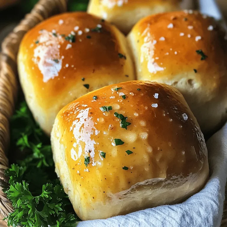 To make these soft and flavorful garlic butter dinner rolls, gather these items: - 3 1/2 cups all-purpose flour - 1 packet (2 1/4 teaspoons) instant yeast - 1/4 cup sugar - 1 teaspoon salt - 1 cup warm milk (about 110°F/43°C) - 1/4 cup unsalted butter, melted - 1 large egg - 4 tablespoons unsalted butter, softened - 4 cloves garlic, minced - 2 tablespoons fresh parsley, chopped - Salt to sprinkle on top When measuring flour, use the spoon and level method. Spoon the flour into your measuring cup. Then, level it with a knife. This method helps avoid too much flour, which can make rolls dense. For the sugar, simply scoop and level as well. When measuring liquids like milk, always use a liquid measuring cup for accuracy. Choosing the right ingredients makes a big difference. Use fresh garlic for the best flavor. Fresh parsley adds a vibrant taste and color. For flour, all-purpose is perfect, but you can use bread flour for a chewier texture. Ensure your yeast is fresh for good rising. Always check the expiration date on the packet! To start, gather all your ingredients. In a mixing bowl, combine warm milk, instant yeast, and sugar. Let this sit for 5-10 minutes until it gets foamy. This step helps the yeast activate. Next, in a large bowl, mix flour and salt. Make a well in the center. Pour in the yeast mixture, melted butter, and egg. Stir with a wooden spoon until a dough forms. Knead the dough on a lightly floured surface for about 8-10 minutes. Keep kneading until the dough feels smooth and elastic. This step builds gluten, which gives the rolls their soft texture. Now, place the dough in a greased bowl. Cover it with a clean kitchen towel. Let it rise in a warm place for about 1 hour, or until it doubles in size. This is when the yeast does its magic! While the dough rises, prepare the garlic butter. In a small bowl, combine softened butter, minced garlic, and chopped parsley. Set this aside; it will add great flavor. Once the dough has risen, punch it down to release air. Divide the dough into 12 equal pieces. Shape each piece into a ball. Place these dough balls in a greased baking dish or on a parchment-lined baking sheet, spaced evenly. Cover the rolls again and let them rise for another 30 minutes until puffy. Preheat your oven to 350°F (175°C). Bake the rolls for 20-25 minutes, or until they turn golden brown. When they are out of the oven, brush them with the garlic butter mixture. Don’t forget to sprinkle a little salt on top! Let the rolls cool for a few minutes before serving. This process makes warm, soft, and flavorful garlic butter dinner rolls. For a complete guide, check the Full Recipe. Enjoy every bite! To make your rolls rise well, start with warm milk. The warm milk activates the yeast. Make sure it is not too hot; 110°F is perfect. After mixing the yeast and sugar, let it sit until foamy. This shows the yeast is alive. When kneading, aim for a smooth and elastic dough. Knead for about 8-10 minutes. This helps develop gluten, which supports the rise. For the best results, let the dough rise in a warm spot, free from drafts. Adding garlic butter is the star of this dish! Use fresh garlic for the best flavor. You can also mix in herbs like rosemary or thyme. They add a nice aroma to the rolls. For a cheesy twist, sprinkle in some grated parmesan or cheddar. This will make the rolls even richer. Brushing the rolls with extra garlic butter after baking keeps them moist and tasty. One common mistake is not measuring ingredients correctly. Use dry measuring cups for flour and sugar. Too much flour can lead to dry rolls. Another mistake is skipping the second rise. This step makes the rolls light and fluffy. Don't rush the process, even if you’re hungry! Lastly, avoid opening the oven door while baking. This can cause temperature drops, affecting the rolls' rise and texture. Stick to these tips for perfect garlic butter dinner rolls! {{image_2}} You can add fresh herbs to your garlic butter dinner rolls. Try rosemary, thyme, or dill. Chop the herbs finely and mix them into the garlic butter. This will make your rolls smell amazing and taste fresh. Adding cheese takes these rolls to another level. You can use cheddar, mozzarella, or even feta. Fold shredded cheese into the dough before the first rise. For a stronger flavor, sprinkle cheese on top before baking. Want to switch it up? Try a sweet version! Add honey and a pinch of cinnamon to the dough. You can also mix in dried fruits like cranberries or raisins. This gives you a lovely contrast to the savory rolls. Check the Full Recipe for more ideas! To keep your garlic butter dinner rolls fresh, store them in an airtight container. This helps prevent them from drying out. You can also wrap them tightly in plastic wrap or foil. For best results, keep them at room temperature for up to two days. If you want to keep them longer, refrigeration is not the best option since it can make them stale. If your rolls cool down, you can easily reheat them. Preheat your oven to 350°F (175°C). Place the rolls on a baking sheet and cover them loosely with foil. Heat for about 10-15 minutes. This helps keep them soft and warm. If you want a bit of extra flavor, brush them with a little garlic butter before reheating. Freezing is a great way to store leftover rolls. Allow them to cool completely before freezing. Place the rolls in a freezer-safe bag or container. They can stay fresh for up to three months. When you want to enjoy them again, simply thaw them in the fridge overnight. Reheat as explained above, and they will taste almost fresh out of the oven. For the full recipe, check out the details above. To make garlic butter dinner rolls, you start by mixing warm milk, instant yeast, and sugar. Let this sit until it’s foamy. Next, combine flour and salt in a bowl. Make a well in the center, and add the yeast mixture, melted butter, and egg. Stir until a dough forms. Knead the dough for about 8-10 minutes until smooth. Let it rise until it doubles in size. After the first rise, punch down the dough and divide it into 12 pieces. Shape each piece into a ball. Place the balls in a greased dish and let them rise again. Preheat your oven to 350°F (175°C) and bake for 20-25 minutes. Brush the rolls with garlic butter right when they come out. You can find the full recipe at the beginning of this article. Yes, you can use regular yeast instead of instant yeast. However, it needs a bit more time. You must activate regular yeast in warm water with sugar first. This takes about 5-10 minutes. After it bubbles, mix it with your other ingredients like the instant yeast. Just keep in mind that the total rise time may increase. Garlic butter dinner rolls pair well with many dishes. Here are some ideas: - Soups: They go great with chicken noodle or tomato soup. - Salads: Serve them alongside a fresh garden salad. - Main Dishes: They complement roasted meats or pasta dishes well. - Dips: Enjoy them with hummus or spinach dip for a snack. These rolls add warmth and flavor to any meal. In this post, we covered how to make delicious garlic butter dinner rolls. We discussed key ingredients, measuring tips, and how to ensure quality. I shared step-by-step instructions for dough prep, rising, and baking. We also explored tips for better flavor and avoiding common mistakes. Lastly, I shared variations and storage tips to keep your rolls fresh. Remember, great rolls take practice, so keep baking until you get it just right. Enjoy your rolls with meals or as a snack!
