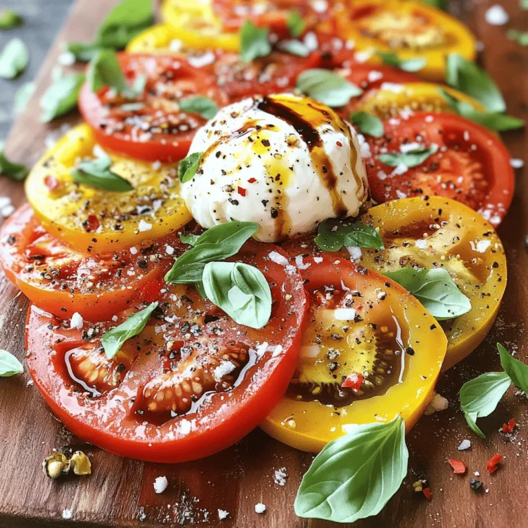 To make a delicious Tomato Burrata Salad, you need a few key ingredients. Here’s what you should gather: - 3 ripe heirloom tomatoes, various colors, sliced - 1 ball of fresh burrata cheese - 1/4 cup fresh basil leaves, torn - 2 tablespoons extra virgin olive oil - 1 tablespoon balsamic glaze - Salt and freshly cracked pepper to taste - 1/4 teaspoon red pepper flakes (optional) These ingredients come together to create a bright and fresh dish. For the best flavor, choose heirloom tomatoes. They offer unique shapes and colors. Their taste is usually sweeter and more complex than regular tomatoes. Look for varieties like Brandywine, Cherokee Purple, or Green Zebra. Each type brings its own character to the salad. You can also mix different colors for a vibrant look. When picking burrata cheese, freshness is key. Look for cheese that feels soft and creamy. The outer shell should be smooth, with no cracks. A good burrata will have a slight sheen and smell milky. If possible, buy it from a local cheese shop or farmers' market. This ensures you get the freshest product. Burrata is best when used soon after purchase for maximum flavor. For the full recipe and additional tips, check out the Full Recipe section. Start by washing the heirloom tomatoes well. Use cool water to remove any dirt. After washing, pat them dry gently with a towel. Slice each tomato into 1/4-inch thick rounds. Aim for even slices to help with presentation. Arrange the slices on a large serving plate or platter. You can mix different colors for a vibrant look. The variety adds visual appeal and flavor. Next, take the ball of fresh burrata cheese. Carefully open it and place it in the center of the sliced tomatoes. Make sure the creamy inside slightly oozes out. This adds a rich texture to the salad. Now, tear the fresh basil leaves. Sprinkle them over the tomatoes and burrata. The basil adds a fresh, herbal note. It pairs wonderfully with the creamy cheese and juicy tomatoes. Now it’s time to dress the salad. Drizzle the extra virgin olive oil over everything. This gives a lovely, smooth flavor. Follow this with a drizzle of balsamic glaze. It adds a touch of sweetness and acidity. Next, season the salad with salt and freshly cracked pepper. If you want a bit of heat, sprinkle on red pepper flakes. Serve the salad immediately to enjoy its fresh taste. For the full recipe, refer to the earlier section. To keep your tomato burrata salad fresh, always start with ripe tomatoes. Look for tomatoes that feel heavy for their size. They should smell sweet and earthy. Store your tomatoes at room temperature. This helps them develop their full flavor. Use burrata cheese on the same day you buy it. It tastes best when fresh. If you have leftovers, cover them tightly and eat within a day. Serve your salad on a bright plate to make it pop. Arrange the tomato slices in a circle. Place the burrata in the middle for a beautiful look. Add torn basil leaves on top for color and aroma. Drizzle olive oil and balsamic glaze in a zigzag pattern. This adds flair and makes the dish more inviting. Garnish with fresh basil and a sprinkle of sea salt for that extra touch. Want to add more taste? Try adding sliced avocados for creaminess. Chopped olives can give a salty kick. You can also sprinkle some nuts for crunch. If you like spice, add a pinch of red pepper flakes. For a sweet twist, consider adding sliced strawberries or peaches. All these ingredients can elevate your salad and make it even more delicious. Check out the Full Recipe for more ideas! {{image_2}} If you cannot find burrata, don’t worry! You can use other cheeses. Fresh mozzarella works well. It has a mild flavor and a nice texture. Ricotta is another great choice. It adds creaminess to your salad. Goat cheese can also give a tangy twist. Just crumble it over the tomatoes for a different taste. The beauty of a Tomato Burrata Salad lies in its flexibility. In summer, use ripe heirloom tomatoes for sweetness. In fall, swap them for roasted cherry tomatoes. They add a warm flavor. You can also mix in seasonal greens like arugula or spinach. These add a fresh crunch and extra nutrients. While olive oil and balsamic glaze are classic, feel free to mix it up! A lemon vinaigrette brightens the flavors. Just whisk lemon juice, olive oil, salt, and pepper. For a creamier option, try a yogurt dressing. It adds tang and pairs well with cheese. Experiment with these dressings to find your favorite. For the full recipe, visit [Full Recipe]. If you have leftover Tomato Burrata Salad, store it in the fridge. Place the salad in an airtight container. This keeps it fresh and prevents it from drying out. Try to eat the leftovers within two days for the best taste. Use glass or plastic containers with tight-fitting lids. These containers work well because they seal out air and moisture. If you don’t have a container, wrap the salad tightly in plastic wrap. However, this is less ideal than a proper container. Reheating is not needed for this salad. The fresh taste comes from the ingredients being cold. If you want to enjoy it warm, try mixing the leftover tomatoes with a bit of olive oil. However, I recommend serving it fresh for the best flavor. For the full recipe, check out the details above. Yes, you can prepare this salad ahead of time. However, for the best taste, I suggest you wait to add the burrata and dressing until just before serving. If you do it early, the salad may become soggy. You can slice the tomatoes and store them in the fridge. Just cover them well to keep them fresh. You can also tear the basil in advance. Keep the cheese in its original packaging until ready to use. If you can't find burrata cheese, fresh mozzarella is a great choice. It has a soft texture and mild taste. You can also use goat cheese for a tangy flavor. If you want a creamier option, try ricotta. Each cheese brings a different taste, so choose based on what you like best. This salad can be part of your meal prep, but keep some factors in mind. Store the sliced tomatoes, cheese, and basil separately. Mixing them together will make the salad soggy. Prepare the dressing in a small jar for easy use. When you're ready, combine everything for a fresh meal. This way, you enjoy the salad's true flavors without losing freshness. This blog post gives you a clear path to making a great Tomato Burrata Salad. We covered key ingredients, how to prep tomatoes, and how to assemble the salad. Tips for freshness and serving style help make your dish shine. You can explore variations and learn about storage too. Tomato Burrata Salad is simple, fresh, and tasty. I hope you try it. Enjoy!