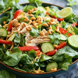 - 2 cups cooked chicken breast, shredded - 1 cup mixed salad greens (spinach, arugula, romaine) - 1/2 cup red bell pepper, thinly sliced - 1/2 cup cucumber, diced - 1/4 cup red onion, finely sliced - 1/2 cup toasted cashews - 1/4 cup crunchy chow mein noodles (for topping) - 1/4 cup cilantro, chopped - 3 tablespoons sesame oil - 2 tablespoons soy sauce (or tamari for gluten-free) - 1 tablespoon honey or maple syrup - 1 tablespoon rice vinegar - Salt and pepper, to taste Chicken Cashew Crunch Salad is colorful and packed with flavor. You start with shredded chicken and fresh greens that form the base. I like mixed salad greens for their crispness and taste. Next, add fresh vegetables for crunch. The red bell pepper gives sweetness, while the cucumber adds coolness. Thin slices of red onion offer a zesty bite. Each ingredient brings a unique flavor and texture. Nuts take this salad to a new level. Toasted cashews add richness and crunch. I also sprinkle crunchy chow mein noodles on top for extra texture. The cilantro gives a fresh touch and bright green color. The dressing is simple yet tasty. Sesame oil is nutty and smooth. Soy sauce (or tamari) brings saltiness. Honey or maple syrup adds a hint of sweetness. Rice vinegar gives a tangy note, while salt and pepper balance the flavors. You can find the full recipe in the article for the exact amounts. Enjoy making this delicious and nutritious Chicken Cashew Crunch Salad! - Combine shredded chicken and salad greens in a large mixing bowl. - Add sliced vegetables and toss gently. To start, take your cooked chicken and shred it into bite-sized pieces. You can use rotisserie chicken for a quick option. Next, grab a large mixing bowl. In this bowl, mix the chicken with the salad greens. I love using a mix of spinach, arugula, and romaine for a fresh taste. Then, slice your red bell pepper and cucumber. Finely slice the red onion. Toss these veggies gently in the bowl. This step helps the flavors blend. - Whisk together sesame oil, soy sauce, honey (or maple syrup), rice vinegar, salt, and pepper. Next, let's make the dressing. In a small bowl, add sesame oil, soy sauce, and honey or maple syrup. I like the sweetness from honey. Then, pour in rice vinegar. Add a pinch of salt and pepper. Whisk these ingredients together until they blend well. This dressing adds a nice zing to your salad. - Drizzle dressing over the salad mixture and toss. - Let the salad sit for 5 minutes before serving. Now, it’s time to bring it all together. Drizzle your dressing over the salad mixture. Toss everything gently to coat the ingredients evenly. Let the salad sit for about 5 minutes. This resting time allows the flavors to mingle and makes each bite taste amazing. - Sprinkle toasted cashews and chow mein noodles on top just before serving. Right before serving, sprinkle toasted cashews on top. These nuts add a delightful crunch. Next, add the crunchy chow mein noodles. They give a fun texture contrast to the salad. Serve it right away to enjoy the best flavors and crunch. For the full recipe, check the earlier section. Enjoy! - Use rotisserie chicken for time-saving convenience. - Season chicken with herbs for extra flavor. This simple step adds taste without much work. You can use thyme, oregano, or even a pinch of garlic powder. - Substitute honey with agave syrup for a vegan option. Agave syrup has a similar sweetness and works well here. - Experiment with different vinegars like apple cider or balsamic for unique taste. Each vinegar brings a new twist to the dressing. Try adding one that you love! - Serve with lime wedges for added freshness. A squeeze of lime brightens the whole dish. - Garnish with additional cilantro for color. This small touch makes the salad look pretty and fresh. For the full recipe, check out the Chicken Cashew Crunch Salad. {{image_2}} You can make this salad vegetarian by swapping chicken for chickpeas or tofu. Both options add protein and texture. Chickpeas offer a nutty flavor, while tofu takes on the taste of the dressing. For added creaminess, slice and mix in ripe avocado. The avocado brings a smooth touch that balances the crunch. To really amp up the crunch factor, try adding other nuts like almonds or peanuts. These nuts bring their own unique flavors and textures. You can also toss in sunflower or pumpkin seeds. They add extra crunch and are packed with nutrients. A variety of textures makes each bite exciting. For a little kick, add a splash of sriracha to the dressing. This gives the salad a spicy twist. You can also sweeten the mix by adding diced mango or pineapple. Their natural sugars contrast nicely with the savory elements. These additions will elevate your salad, making it more vibrant and flavorful. For the full recipe, be sure to check out the details on how to make this Chicken Cashew Crunch Salad! You should store Chicken Cashew Crunch Salad in an airtight container. This keeps it fresh for up to 3 days. To keep the crunch, always keep the dressing separate. This way, your salad will stay crispy and tasty. Freezing this salad is not recommended. The fresh vegetables do not freeze well. If you must freeze, you can freeze the chicken separately. Then, thaw it before you mix the salad. If your salad is stored with the dressing, eat it cold. If you have leftover chicken, you can reheat it. Use a microwave or skillet before you add it to fresh greens. This keeps everything tasting great. - Use gluten-free soy sauce or tamari. This simple swap keeps your meal tasty and safe. - Yes, prepare salad ingredients and store separately from dressing for best results. This keeps everything fresh and crunchy until serving. - This salad pairs well with rice or quinoa for a complete meal. - Consider serving with a light soup as a starter. This adds warmth and balance to your meal. - The recipe serves approximately 4 people. Perfect for a family dinner or a small gathering. Enjoy this vibrant dish with friends! This Chicken Cashew Crunch Salad combines tender chicken, fresh veggies, and a tasty dressing. By following these steps, you create a healthy, satisfying meal. Remember, you can customize it with nuts or make it vegetarian. Lastly, store leftovers correctly to keep their crunch and flavor. Enjoy your salad with a side or as a meal on its own. Happy cooking!